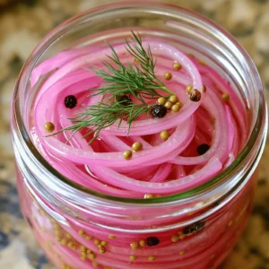 To make delicious pickled red onions, you need a few simple ingredients: - 2 large red onions - 1 cup apple cider vinegar - 1/2 cup water - 1 tablespoon sugar - 1 teaspoon salt - Optional spices and herbs These ingredients create a zesty and fresh flavor that enhances any dish. Red onions are sweet and crunchy, making them perfect for pickling. Apple cider vinegar adds tang, while sugar balances the flavor. You can also add some optional ingredients for a twist: - 1 tablespoon mustard seeds - 1/2 teaspoon black peppercorns - 1/4 teaspoon crushed red pepper flakes - Fresh herbs like dill or thyme These extra spices bring depth to your pickles. Mustard seeds add a nice crunch, while red pepper flakes give a hint of heat. Fresh herbs like dill or thyme can brighten the flavor and make your pickles unique. For the full recipe, check out Zesty Pink Pickled Onions. Start by peeling your red onions. Use a sharp knife or a mandoline to slice them thinly. Thin slices help the onions absorb the pickling solution better. If you want uniform pieces, a mandoline is your best friend. A knife works too, but it may not give you the same evenness. In a medium saucepan, combine these ingredients: - 1 cup apple cider vinegar - 1/2 cup water - 1 tablespoon sugar - 1 teaspoon salt - 1 tablespoon mustard seeds - 1/2 teaspoon black peppercorns - 1/4 teaspoon crushed red pepper flakes (optional) Bring the mixture to a gentle simmer over medium heat. Stir until the sugar dissolves completely. This step creates a balanced flavor and ensures your onions will taste great. Next, pack the sliced onions into a clean glass jar. Leave some space at the top for the solution. Carefully pour the pickling solution over the onions. Make sure they are fully submerged. If you want to add extra flavor, toss in some fresh herbs like dill or thyme. Afterward, let the jar cool to room temperature. Seal it with a lid and place it in the fridge. Chill for at least 1 hour before serving. For the best taste, wait a full 24 hours. These pickled onions can last in the fridge for up to two weeks. Enjoy them as a vibrant topping for tacos, salads, or sandwiches. For the full recipe, check out the details above. To make great pickled red onions, I have a few tips for you. First, always let the vinegar mixture cool before pouring it over the onions. This step helps keep the onions crunchy and bright. If you pour the hot mixture directly onto the onions, they might become too soft. Next, for the best flavor, let the pickled onions sit for at least 24 hours in the fridge. This time allows the onions to soak up all the tangy goodness. The longer they sit, the more flavorful they become. You can even try adding fresh herbs like dill or thyme for a unique twist. Storing your pickled red onions is simple. Use a clean glass jar with a tight lid. This keeps the onions fresh longer. I recommend placing them in the refrigerator right after making them. For the best taste, chill your pickled onions for at least one hour before serving. However, they taste even better after a full day. You can enjoy them for up to two weeks if stored properly. These onions make a fun topping for tacos, salads, or sandwiches. {{image_2}} You can change the flavor of your pickled red onions easily. Adding garlic gives them a bold kick. Just crush a few cloves and add them to the jar. Garlic blends nicely with the vinegar and spices. You can also try citrus zest. Adding lemon or lime zest brightens the taste. It adds a fresh, zesty note that wakes up the onions. Fresh herbs like dill or thyme work too. Just sprinkle some into the jar before pouring the pickling solution. This will give a lovely herbal flavor. You can use different types of vinegar to alter the taste. Apple cider vinegar is common, but you might try white vinegar. It has a sharper taste and can make the onions more tangy. Rice vinegar is another option. It is milder and adds a touch of sweetness. Each vinegar changes the flavor profile. Experimenting with these options lets you find your perfect taste. When you use different vinegars, note how the flavors shift. This way, you can create a batch that suits your palate. For the complete recipe, check the Full Recipe section. To keep your pickled red onions fresh, glass jars work best. Glass is non-reactive and won’t change the flavor. Plastic can absorb flavors and odors. Always use a clean jar to avoid spoilage. Store your pickled onions in the fridge. The cold temperature helps keep them crisp. Make sure the onions stay submerged in the vinegar mixture. This ensures they stay flavorful and fresh. Pickled red onions can last up to two weeks in the fridge. After this time, they may lose flavor and crunch. If you see any mold or a strange smell, it’s best to throw them out. Always check your jar before using. For the best taste, wait a day after pickling. This allows the flavors to meld together. Use them as toppings on tacos, salads, or sandwiches to add a pop of color and flavor. Enjoy your homemade pickled red onions! For the full recipe, check the section above. How long do pickled red onions last? Pickled red onions last about two weeks in the fridge. After that, they may lose crunch and flavor. Always check for any signs of spoilage before using. Can I use other types of onions for pickling? Yes, you can use yellow or white onions. Each onion gives a different taste. Red onions are sweeter and brighter, while yellow onions are more savory. What dishes pair well with pickled red onions? Pickled red onions are great on tacos, salads, and sandwiches. They add a nice tang and color. You can also use them in grain bowls or as a topping for burgers. Why are my pickled onions too salty or too sweet? If your pickled onions taste too salty, reduce the salt next time. For sweetness, cut back on the sugar. Adjusting these amounts can help you find the perfect balance. What to do if the onions lose their color? If the onions turn pale, they may have been in the pickling solution too long. Store them in the fridge and use them within two weeks to keep their bright color. Making homemade pickled red onions is easy and fun. We covered essential ingredients, like red onions and apple cider vinegar, along with optional spices to enhance flavor. The step-by-step instructions guide you through slicing, pickling, and storing. For best results, remember to cool the mixture before combining and store them properly. These onions can last long in your fridge and add zest to many dishes. Enjoy your pickling journey and experiment with flavors to make it uniquely yours!