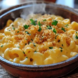- 8 ounces elbow macaroni - 2 cups sharp cheddar cheese, shredded - 1 cup mozzarella cheese, shredded - 1 tablespoon butter - 1 tablespoon all-purpose flour - 2 cups milk (whole or 2%) - 1/2 teaspoon garlic powder - 1/2 teaspoon onion powder - 1/4 teaspoon cayenne pepper (optional for heat) - Salt and pepper to taste - 1/2 cup breadcrumbs (for topping) - 1 tablespoon olive oil (for toasting breadcrumbs) Gathering the right ingredients is key for a great mac and cheese. I love using elbow macaroni because it holds the cheese sauce well. Sharp cheddar gives a rich flavor, while mozzarella adds creaminess. For the sauce, butter and flour make a tasty roux. The milk is crucial for the creamy base. I usually use whole milk for the best results, but 2% works too. To season, I add garlic and onion powder for extra taste. A touch of cayenne pepper can spice things up, but it’s not needed if you prefer mild flavors. For the topping, breadcrumbs give a nice crunch. Toasting them in olive oil adds depth and flavor. The perfect mac and cheese needs a mix of creamy, cheesy goodness and a crispy topping. For the full recipe, you can check the earlier sections. Happy cooking! - Boil and cook the elbow macaroni until al dente. - Drain and set aside. To cook the pasta, bring salted water to a rolling boil. I use a large pot for this. Add the elbow macaroni and stir it gently. Follow the package instructions for timing. You want the pasta to be firm but not hard. This is called al dente. After cooking, pour the pasta into a colander to drain all the water. Set the pasta aside, and let it rest for a moment. - Melt butter and create a roux with flour. - Gradually whisk in milk until thickened. Now, let’s make the cheese sauce. Start by melting a tablespoon of butter in a medium saucepan over medium heat. Once the butter is melted, add the flour. Stir it constantly for about a minute. This mix is called a roux. It helps to thicken the sauce. Next, slowly add the milk, whisking well to avoid lumps. Keep stirring until the sauce is smooth and thickens, which takes about 5 to 7 minutes. - Add shredded cheeses and seasonings to the sauce. - Mix the cooked pasta into the cheese sauce. - Optional: Toast breadcrumbs for topping. Lower the heat and add the shredded cheddar and mozzarella cheese to the sauce. Stir until the cheese melts and blends in. I like to add garlic powder and onion powder for extra flavor. Don't forget to season with salt and pepper to taste. Now, mix the cooked pasta into the cheese sauce. Make sure every piece of macaroni is coated well. If you want a crunchy topping, toast your breadcrumbs in a skillet with olive oil until golden brown. This adds a nice texture to your dish. For more details, check out the Full Recipe. To get that creamy texture, add milk slowly. If you pour it in fast, the sauce can become lumpy. Whisk the milk in small amounts. This helps the sauce thicken without any bumps. Choosing the right cheese is key too. I love using sharp cheddar for its bold flavor. Mixing in mozzarella makes it stretchy and creamy. A blend of cheeses gives depth and taste. For extra flavor, think about adding spices. A dash of paprika or a sprinkle of mustard powder can really brighten your dish. You can also try nutmeg for a warm touch. Using different cheeses can change the whole dish. Try gouda for a smoky taste or pepper jack for some heat. Mixing cheeses keeps things interesting and adds layers of flavor. When cooking mac and cheese, you can choose stovetop or baked. Stovetop is quicker and keeps it creamy. For baked, you get a crispy top that’s delicious. If you go baked, make sure to cover it with foil first. This keeps it moist while baking. To avoid a grainy cheese sauce, don’t rush. Stir the cheese in slowly and keep the heat low. If the sauce gets too hot, the cheese can break down. That’s not what you want. Patience is the key to a smooth sauce. For the full recipe, check out the detailed instructions. Enjoy cooking this classic dish! {{image_2}} You can switch out some ingredients for different needs. Here are a few options: - Gluten-free pasta options: Use gluten-free elbow macaroni or any gluten-free pasta you like. They work just as well. - Dairy-free cheese alternatives: Try plant-based cheese. Brands like Daiya and Violife melt nicely. Want to spice up your mac and cheese? Here are some tasty ideas: - Adding cooked bacon or sausage: Crispy bacon adds a salty crunch. Sausage gives it a hearty flavor. Just cook them first, then mix them in. - Incorporating vegetables like spinach or peas: Add some green! Spinach wilts down nicely. Peas add a sweet pop. They’re great for adding nutrition. You can also change how you prepare mac and cheese. Consider these fun twists: - One-pot mac and cheese for easy cleanup: Cook the pasta and sauce in one pot. Just add everything together. It saves time and mess. - Mac and cheese with a crunchy topping: For a little crunch, toast some breadcrumbs. Sprinkle them on top before baking. It adds texture and flavor. For all these variations, check the Full Recipe for more details! To store leftover mac and cheese, let it cool first. Place it in a tight container. This helps keep it fresh. I recommend using glass or BPA-free plastic containers. These keep the taste better than metal ones. You can store it in the fridge for up to three days. If you want to freeze mac and cheese, use a freezer-safe container. Make sure to leave some space at the top. The cheese will expand when it freezes. It can last for up to three months in the freezer. To reheat frozen mac and cheese, you can use the oven or microwave. If using the oven, preheat it to 350°F (175°C). Transfer the mac and cheese to a baking dish. Add a splash of milk to keep it creamy. Cover it with foil and bake for 20-30 minutes. For the microwave, place a portion in a bowl. Add a little milk and cover it. Heat in short bursts, stirring in between, until hot. Enjoy your creamy comfort dish! The best cheese for mac and cheese is sharp cheddar. It gives a great flavor. I also like to mix in mozzarella for creaminess. Gruyère adds a nice taste, too. You can try gouda or pepper jack for a twist. Experiment to find your favorite blend! Yes, you can make mac and cheese ahead of time! Cook the pasta and sauce, then mix them. Store it in a dish and cover it well. You can keep it in the fridge for up to two days. When ready, bake it straight from the fridge. Add a little milk to keep it creamy. You can make mac and cheese without flour by using cornstarch. Mix cornstarch with cold milk before adding it to heat. This will help thicken the sauce. Another option is to use pureed cauliflower or potato. They add creaminess without flour. You can also skip the roux and just melt cheese in warm milk. For the complete ingredients and steps, check out the Full Recipe. It has all you need for this creamy comfort dish! This post covered how to make delicious mac and cheese. We discussed main ingredients, cooking methods, and expert tips to enhance flavor. Remember, you can personalize your dish with different cheeses or toppings. Experiment with spices and veggies for new twists. Whether you prefer stovetop or baked, you can create a creamy, cheesy delight. Don’t forget about storage tips to keep leftovers fresh. Enjoy making this comforting dish your own!