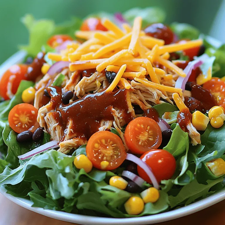 - 2 cups cooked chicken breast, shredded - 4 cups mixed salad greens (lettuce, spinach, arugula) - 1 cup cherry tomatoes, halved - 1 cup corn (fresh, canned, or frozen) - 1/2 cup black beans, drained and rinsed - 1/2 red onion, thinly sliced - 1/2 cup shredded cheddar cheese - 1/4 cup crispy tortilla strips (for garnish) - 1/2 cup BBQ sauce - 1/4 cup ranch dressing - Salt and pepper to taste The beauty of BBQ Ranch Chicken Salad lies in its fresh ingredients. Each one adds a unique flavor and texture. For instance, the shredded chicken gives you protein. The mixed greens add crunch and freshness. Cherry tomatoes bring sweetness, while corn adds a delightful pop. Black beans provide heartiness, and red onions give a sharp bite. When you prepare this salad, you want to focus on quality. Use freshly cooked chicken for the best taste. Opt for organic salad greens whenever possible. They not only taste better but also offer more nutrients. Don't forget the BBQ sauce and ranch dressing! They tie all the flavors together. Now, let's talk numbers. This dish is not just tasty; it is balanced, too! Each serving has about 400 calories. You get around 30 grams of protein, 15 grams of fat, and 35 grams of carbohydrates. This balance keeps you full and satisfied. For more detailed insights, check out the Full Recipe. It shows you how to put all these ingredients together for a colorful and healthy meal. It's easy, quick, and full of flavor. Enjoy experimenting with this salad! 1. Start by taking your cooked chicken breast and shredding it. Place it in a large mixing bowl. 2. Pour the BBQ sauce over the shredded chicken. Mix well until all the chicken is coated. This adds a sweet and smoky flavor that makes the salad pop. 3. In another large bowl, add your mixed salad greens. This will be the base of your dish. Use a mix of lettuce, spinach, and arugula for a nice crunch and fresh taste. 4. Next, layer the halved cherry tomatoes, corn, black beans, and red onion on top of the greens. This adds color and nutrition to your salad. 5. Once the layers are set, add the BBQ chicken on top. The warm chicken will mix well with the cool veggies. 1. Drizzle ranch dressing over the entire salad. Use as much or as little as you like for the perfect finish. 2. Then, sprinkle shredded cheddar cheese over the salad. This adds a creamy texture and rich flavor. 3. Gently toss the salad to mix everything together. Or, if you like, keep it layered for a beautiful presentation. 4. Season with salt and pepper to taste. This step enhances all the flavors in your salad. 5. Before serving, top with crispy tortilla strips for extra crunch. This adds a fun texture to your fresh and flavorful meal. These steps should guide you through making the perfect BBQ Ranch Chicken Salad. For a detailed list of ingredients, check the Full Recipe. For the BBQ Ranch Chicken Salad, cooking your chicken well is key. I recommend two great methods: grilling and poaching. Grilling gives a nice smoky flavor. Poaching keeps the chicken juicy. No matter the method, cook the chicken until it reaches 165°F. What if you have leftover chicken? Use it! Shred it and mix it with BBQ sauce. This adds great flavor and saves time. Leftover chicken makes meal prep easy and quick. What are some tasty alternatives for BBQ sauce? You can use homemade sauce or sweet chili sauce. Each option brings a unique taste. Ranch dressing can also be swapped. Try yogurt dressing or blue cheese dressing for a twist. To elevate the flavor, add spices or herbs. A sprinkle of smoked paprika or garlic powder can do wonders. Fresh herbs like cilantro or parsley add brightness too. Experiment with flavors to find what you love. How you serve the salad matters. Use a large, colorful bowl to showcase the vibrant ingredients. A clear glass bowl can highlight the layers. It looks appealing and invites everyone to dig in. Beyond crispy tortilla strips, try other toppings. Roasted nuts add crunch. Avocado slices bring creaminess. You can even use crispy bacon for extra flavor. Get creative with your toppings; make it your own! {{image_2}} You can switch up the proteins in this salad. If you want a lighter option, try tofu. For seafood lovers, shrimp adds a nice touch. If you crave something heartier, use pork instead of chicken. Each option brings a unique flavor. You can also change the greens. Kale is sturdy and adds a nice crunch. Romaine gives a classic salad feel. Feel free to mix and match greens for a fun twist. Making this salad gluten-free is simple. Just ensure your BBQ sauce and ranch dressing are gluten-free. Most brands offer gluten-free options that taste great. For vegetarian or vegan options, replace chicken with chickpeas or grilled veggies. Use a vegan BBQ sauce and ranch dressing to keep it plant-based. This way, everyone can enjoy the salad! Pair your BBQ Ranch Chicken Salad with side dishes for a full meal. Some warm bread or crunchy chips complement it well. You can also serve it with a light soup for a cozy dinner. To make it a meal prep option, store the salad in separate containers. Keep the dressing separate to prevent sogginess. This way, you can grab a healthy meal anytime! For the full recipe, check out the detailed instructions provided earlier. To keep your BBQ Ranch Chicken Salad fresh, place it in an airtight container. This helps prevent moisture loss and keeps flavors intact. If you separate the components, the salad will last longer. Store the chicken, veggies, and dressing separately if possible. This way, the greens stay crisp and the chicken remains juicy. In the fridge, your salad lasts about 3 to 4 days. Check for signs of spoilage before eating. If you see any discoloration or off-smells, it's best to throw it out. The chicken should stay tender, and the veggies should look vibrant and fresh. To reheat the chicken, use a microwave or skillet. Heat until the chicken reaches 165°F for safety. Avoid reheating the salad greens or dressing. They lose their texture and flavor with heat. If you stored components separately, you can simply add the warm chicken to the salad right before serving. This keeps everything fresh and delicious. You can try using teriyaki sauce or honey mustard. Both add a nice flavor. If you'd like a homemade option, mix ketchup, vinegar, and spices for a quick BBQ sauce. You can find a great homemade BBQ sauce recipe [here](#). Yes, you can prepare parts of the salad in advance. Cook and shred the chicken, then mix it with BBQ sauce. Store the chicken in the fridge. Keep the salad greens and other veggies separate. This way, they stay fresh. Assemble the salad just before serving. If you want a change, try blue cheese or Caesar dressing. Both pair well with the BBQ chicken. You could also go with a light vinaigrette for a fresh twist. To add heat, mix in jalapeños or red pepper flakes. You can also use spicy BBQ sauce or hot sauce. For a fun kick, sprinkle some chili powder on top. These options will surely spice up your dish! This blog post explored the ingredients, preparation, and variations for BBQ Ranch Chicken Salad. You learned how to combine flavors, layer fresh ingredients, and enjoy a healthy meal. Remember to experiment with swaps and styles, tailoring the salad to your taste or dietary needs. Whether serving it fresh or storing leftovers, the possibilities are endless. Enjoy the flavors while making it your own, and share it with loved ones for fun gatherings or everyday meals. This salad is simple, nutritious, and perfect for any occasion.