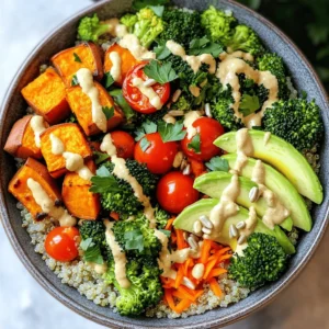 - 1 cup quinoa, rinsed - 2 cups vegetable broth - 1 cup chickpeas, cooked (canned is fine) - 1 medium sweet potato, peeled and diced - 1 cup broccoli florets - 1 cup cherry tomatoes, halved - 1 avocado, sliced - 1 carrot, grated - 2 tablespoons tahini - 2 tablespoons lemon juice - 1 tablespoon olive oil - 1 teaspoon garlic powder - Salt and pepper to taste - Fresh parsley for garnish (optional) - Other veggies: bell peppers, spinach, or cucumbers - Protein alternatives: tofu or tempeh - Different dressings: sesame, yogurt, or vinaigrette A veggie-packed Buddha bowl is a great way to enjoy fresh flavors and healthy food. The required ingredients create a colorful and tasty dish. Quinoa is the base, providing protein and fiber. Vegetable broth adds flavor while cooking the quinoa. Chickpeas offer protein and heartiness. Sweet potatoes bring sweetness and texture. Broccoli florets add crunch, and cherry tomatoes provide juiciness. Avocado gives creaminess, while the carrot adds color and flavor. You can adjust the recipe with optional ingredients. Bell peppers, spinach, or cucumbers can add freshness. For protein, try tofu or tempeh. You can also experiment with different dressings for variety. I love tahini and lemon juice for a bright taste. For the full recipe, you can refer to the vibrant veggie-packed Buddha bowl recipe mentioned earlier. It’s an easy dish to prepare and customize. Enjoy making your own Buddha bowl! - First, preheat your oven to 425°F (220°C). This makes the sweet potato crispy and tasty. - Next, rinse 1 cup of quinoa in cold water. This helps remove any bitterness. - In a pot, add the rinsed quinoa and 2 cups of vegetable broth. Bring it to a boil, then lower the heat. Cover it and let it simmer for about 15 minutes. - While the quinoa cooks, prepare the sweet potato. Peel and dice it into small cubes. - Toss the sweet potato with olive oil, garlic powder, salt, and pepper. This adds great flavor. - Spread the sweet potato on a baking sheet and roast it for 20-25 minutes. Make sure to toss halfway for even cooking. - For the broccoli, you can steam it or sauté it. Steaming takes about 5-7 minutes. This keeps it bright and crunchy. - Begin with a base of fluffy quinoa. This is your hearty foundation. - Next, layer the roasted sweet potato, steamed broccoli, cherry tomatoes, chickpeas, grated carrot, and sliced avocado artfully on top. - Drizzle the tahini dressing evenly over the layered ingredients. This adds a creamy touch. - For a pop of color, sprinkle fresh parsley on top if you like. - For sweet potatoes, roasting brings out their natural sweetness. Cut them small for quicker cooking. - When cooking broccoli, steaming keeps its bright color and crisp texture. Sautéing can make it softer, depending on your taste. - If you want a more tender bite, you can sauté the broccoli in olive oil for just a few minutes. Enjoy crafting your Veggie-Packed Buddha Bowl with these easy steps! Check out the [Full Recipe] for detailed instructions. To make a great Buddha bowl, balance flavors. Combine sweet, savory, and crunchy elements. Sweet potatoes offer sweetness. Chickpeas provide protein, while avocado adds creaminess. For crunch, include grated carrots or seeds. If your dressing is too thick, add water a little at a time. Stir until you reach a smooth texture. Meal prep saves time and effort. Cook quinoa in advance and store it in the fridge. Roast sweet potatoes ahead of time, too. Keep cooked chickpeas ready for quick use. Store veggies in airtight containers to keep them fresh. Use them within a week for the best taste. A colorful bowl looks inviting. Use contrasting colors like bright orange sweet potatoes and green broccoli. Add cherry tomatoes for a pop of red. For garnish, sprinkle herbs like parsley or seeds for texture. This makes your bowl not only tasty but also beautiful! {{image_2}} You can easily adapt this Buddha bowl to fit different diets. If you want a vegan option, all the ingredients are already plant-based. You can enjoy chickpeas and sweet potatoes without worry. If you are looking for gluten-free substitutes, try quinoa or rice. Both work well in this dish. Using seasonal ingredients makes your Buddha bowl fresh and tasty. In summer, add juicy cucumbers or sweet corn. In winter, consider roasted root vegetables like beets or parsnips. This adds warmth and comfort to your meal. You can also mix in greens like kale or spinach for added nutrition. Spice up your Buddha bowl with global ingredients. For a Korean twist, add kimchi for a spicy kick. If you prefer a Mediterranean flavor, try hummus or feta cheese. These additions bring unique taste profiles to your bowl. You can mix and match flavors to create your perfect meal. To keep your Buddha bowl fresh, use airtight containers. Glass containers work best, as they do not stain and are easy to clean. You can also use BPA-free plastic containers. Make sure to cool the bowl to room temperature before sealing it. The Buddha bowl will stay good in the fridge for about 3 to 5 days. You can freeze many parts of your Buddha bowl. Cooked quinoa and roasted sweet potatoes freeze well. However, avoid freezing fresh veggies like avocado or cherry tomatoes, as they may become mushy. When you want to eat your frozen bowl, move it to the fridge and let it thaw overnight. To reheat, microwave it until warm. Make sure to stir it halfway for even heating. A veggie-packed Buddha bowl is a colorful meal. It has a mix of grains, veggies, and protein. Traditionally, Buddha bowls come from Buddhist culture. They symbolize abundance and balance. They often include fresh, raw, or cooked ingredients. You can get creative with the flavors and textures. To make your Buddha bowl more filling, add grains like quinoa or brown rice. These grains are full of fiber and nutrients. You can also include proteins such as chickpeas, tofu, or beans. These options boost the protein content and keep you full longer. Buddha bowls are healthy due to their variety of ingredients. They include veggies, grains, and proteins, offering many nutrients. You can enjoy vitamins, minerals, and healthy fats in one bowl. Keep portion sizes in check. A balanced bowl helps maintain healthy eating habits. You can find a complete recipe for a veggie-packed Buddha bowl [Full Recipe]. In this post, we explored how to create delicious Buddha bowls. We covered essential ingredients like quinoa, chickpeas, and fresh veggies. You learned about preparing the base, assembling your bowl, and using various cooking techniques. I also shared tips for meal prep and enhancing visual appeal. Remember, you can adapt your bowl for dietary needs and seasonal flavors. With easy storage and reheating methods, you can enjoy these tasty creations anytime. Get creative and make this meal your own!