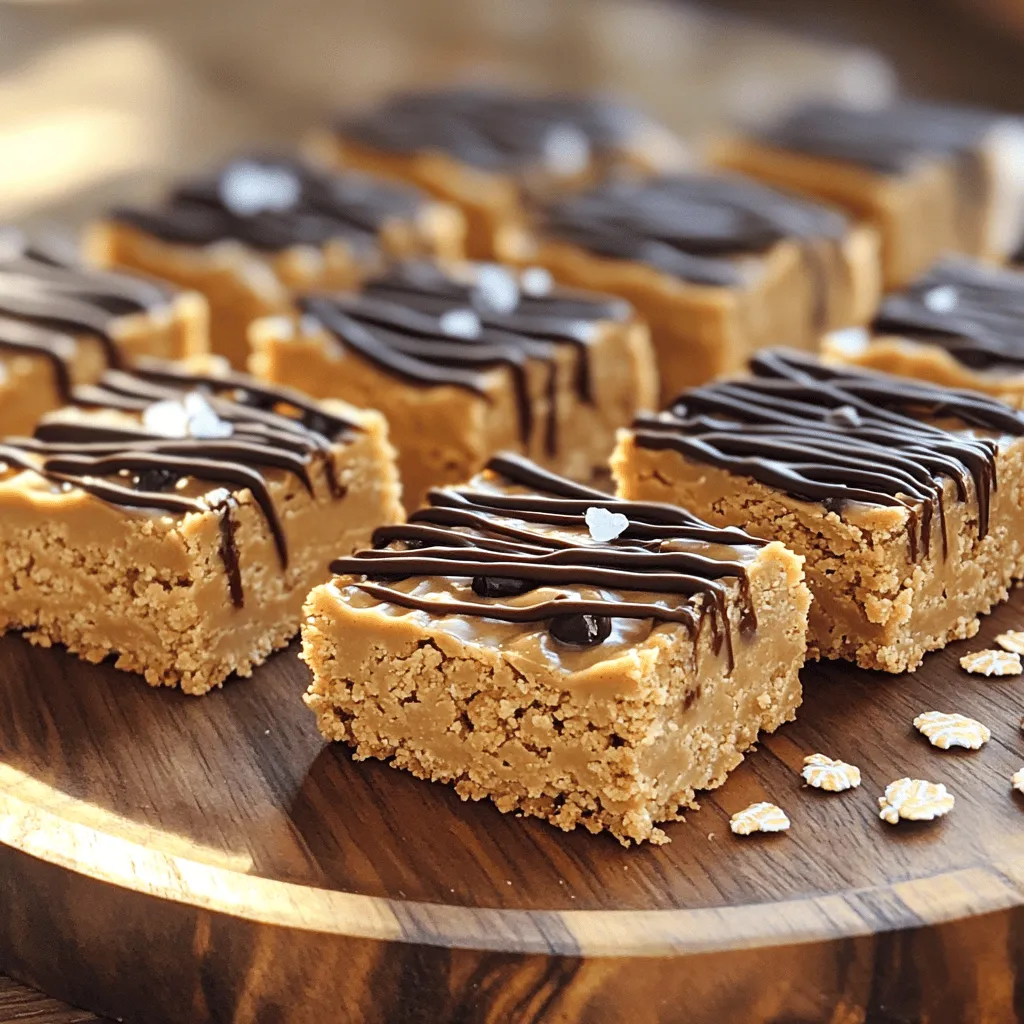 To make no-bake peanut butter bars, you need simple ingredients. Here’s what you need: - 1 cup creamy peanut butter - 1 cup rolled oats - 1/2 cup honey or maple syrup - 1/4 cup coconut flour - 1/2 cup dark chocolate chips (dairy-free if preferred) - 1/4 teaspoon vanilla extract - Pinch of salt These ingredients work together to create a sweet and nutty flavor. The peanut butter gives it a rich taste, while oats add a nice texture. Honey or maple syrup acts as a sweetener and helps bind everything together. I love adding some extras to enhance the flavor. Here are some fun options: - Chopped nuts (like almonds or walnuts) - Dried fruits (like cranberries or raisins) - A sprinkle of cinnamon or cocoa powder Feel free to mix and match based on your taste. These add-ins can make your bars even more delightful and unique. If you have dietary needs, you can swap out ingredients easily. Here are some ideas: - Use crunchy peanut butter for a different texture. - Substitute agave nectar for honey or maple syrup. - Swap coconut flour with almond flour for a nutty flavor. These substitutions make it easy for everyone to enjoy these tasty bars. You can find the full recipe for no-bake peanut butter bars to get started! Start by gathering all your ingredients. You will need creamy peanut butter, honey, rolled oats, coconut flour, dark chocolate chips, vanilla extract, and a pinch of salt. In a large mixing bowl, combine the creamy peanut butter and honey. Mix until it is smooth. This step creates a rich base for your bars. Next, add the rolled oats, coconut flour, vanilla extract, and salt to the peanut butter mixture. Stir everything together well. You want to ensure that each ingredient blends in nicely. This helps create a uniform texture in your bars. After that, fold in the dark chocolate chips. Make sure they are evenly distributed throughout your mixture. Line an 8x8-inch baking dish with parchment paper. This makes it easy to lift the bars out later. Pour the peanut butter mixture into the dish. Press it down firmly with a spatula or your hands. Make sure the layer is even and well-packed. After that, place the dish in the refrigerator. Let it chill for at least 1-2 hours. Once firm, lift the bars out using the parchment overhang. Cut them into squares or bars. Enjoy your no-bake peanut butter bars! For the full recipe, check the link. To get the best texture, use creamy peanut butter. This keeps the bars smooth. If you want a slight crunch, add chopped nuts. Make sure to mix well. This helps all the ingredients blend evenly. Press the mixture firmly into the baking dish. This step is key for a solid bar. You can save time by measuring all your ingredients first. This way, you have everything ready to go. Use quick-cooking oats if you want a softer texture. They mix in faster. Also, line your baking dish with parchment paper. This helps with easy cleanup and removes the bars easily. A large mixing bowl is important for this recipe. You will also need a spatula to mix and press the bars. A measuring cup helps to get exact amounts. Using a sharp knife makes cutting the bars easier. Lastly, a refrigerator is needed to set the bars firm. For the full recipe, check the details above. {{image_2}} You can switch up the nut butters in this recipe. Almond butter and cashew butter work great. Each nut butter gives a unique flavor. You can even mix different nut butters. This fun twist keeps your bars exciting and fresh. Adding fruit can make your bars even tastier. Dried fruits like cranberries, raisins, or apricots add sweetness and chewiness. You can also add fresh fruit like banana slices. Just keep in mind that fresh fruit may change the texture. Experiment with different fruits to find your favorite blend. These bars can fit various diets. To make them gluten-free, use certified gluten-free oats. For dairy-free options, choose dairy-free chocolate chips. Coconut flour is already gluten-free, so it works well. This way, everyone can enjoy these delicious no-bake peanut butter bars. Check the Full Recipe for more ideas and tips. Store your no-bake peanut butter bars in an airtight container. This keeps them fresh. Place a piece of parchment paper between layers to prevent sticking. Keep them in the fridge for the best taste. If you plan to eat them within a week, the fridge works well. These bars can last up to one week in the fridge. After that, they may lose flavor or texture. If you notice any changes, it's best to toss them. Always check for odd smells or colors before eating. You can freeze no-bake peanut butter bars for longer storage. Wrap each bar in plastic wrap and place them in a freezer bag. They can last up to three months in the freezer. Thaw them in the fridge overnight before enjoying. This way, you can always have a sweet treat on hand! For the complete recipe, check the [Full Recipe]. Yes, you can use crunchy peanut butter. It adds a nice texture. The bars will still taste great. Just remember, the chunks may change how they feel in your mouth. If you like a bit of crunch, go for it! You can use agave syrup or brown rice syrup. Both work well and offer sweetness. If you want a low-sugar option, try using mashed bananas. They will add natural sweetness and moisture. To make these bars vegan, simply use maple syrup instead of honey. Choose dairy-free chocolate chips too. This way, you keep the bars tasty and plant-based. It’s a simple swap that still gives great flavor. Yes, you can add protein powder! Start with one scoop and mix it in. This will boost the protein content without changing the taste much. Just be sure to adjust the wet ingredients a bit if it gets too dry. Check the Full Recipe for the best results! In this article, we explored how to make no-bake peanut butter bars. We covered key ingredients, options for adding flavor, and substitutions for dietary needs. The step-by-step instructions guide you through mixing and forming the bars. Tips and tricks help you achieve great texture and prepare quickly. We also shared variations and storage tips for keeping your bars fresh. Enjoy these bars as a tasty snack that fits your dietary choices. Feel free to experiment and make them your own!
