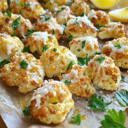 - 1 medium head of cauliflower, cut into florets - 3 tablespoons olive oil - 4 cloves garlic, minced - 1 teaspoon smoked paprika - ½ teaspoon salt - ½ teaspoon black pepper - ¾ cup grated Parmesan cheese - 1 tablespoon chopped fresh parsley (for garnish) - Lemon wedges (for serving) The heart of Garlic Parmesan Roasted Cauliflower lies in its simple yet flavorful ingredients. When I prepare this dish, I always use a fresh head of cauliflower. It should be firm and bright. Cutting it into florets allows for even roasting and helps each piece soak in the flavors. I love using olive oil because it gives a rich taste. The minced garlic adds that fragrant punch, making your kitchen smell divine as it roasts. Smoked paprika brings a warm, smokey note that compliments the cheese and garlic perfectly. Salt and black pepper enhance the flavor without overpowering it. The star of the show, though, is the grated Parmesan. This cheese adds a creamy, savory touch that melts beautifully over the roasted cauliflower. I also sprinkle fresh parsley on top before serving. It adds a pop of color and freshness. And don’t forget the lemon wedges! They add a zesty twist that brightens the entire dish. For the full recipe, check the section above. This combination of ingredients creates a delicious and easy side dish that everyone will love. First, cut the cauliflower into florets. Aim for pieces that are about the same size. This helps them cook evenly. Use a sharp knife to slice the stem, then break off the florets. Don't worry if they are not perfect. Next, coat your florets with oil and spices. I suggest using a large bowl for this. Add olive oil, minced garlic, smoked paprika, salt, and pepper. Toss until each piece is well covered. An even coat means great flavor in every bite. Now, preheat your oven to 425°F (220°C). This step is key for the best texture. While the oven heats up, spread the cauliflower on a baking sheet. Line it with parchment paper for easy cleanup. Roast the cauliflower for 25 minutes. Halfway through, stir the florets. This helps them brown nicely on all sides. Keep an eye on them. You want tender but not mushy cauliflower. After 25 minutes, it's time to add the cheese. Take the baking sheet out and sprinkle the grated Parmesan over the hot cauliflower. Make sure to cover it well, but don’t pile it too thick. Pop the baking sheet back in the oven for an extra 5 minutes. This melts the cheese and gives it a lovely golden color. When done, check that the cauliflower is tender and the cheese is bubbly. Enjoy your Garlic Parmesan Roasted Cauliflower! You can find the Full Recipe above for more details. To get that nice, crisp texture, use parchment paper. It stops the cauliflower from sticking. You will love how easy it is to clean up afterward. Stir the cauliflower halfway through cooking. This helps it cook evenly, making it golden all over. To boost the taste, try adding a dash of lemon zest. It brightens up the dish. You can also sprinkle on some red pepper flakes for a spicy kick. Fresh herbs like thyme or rosemary work well too. For garnishes, sprinkle more fresh parsley on top. It adds color and freshness. This roasted cauliflower pairs great with grilled chicken or fish. It also works well with a hearty pasta dish. For sides, serve it with a simple salad or crusty bread. This way, you create a full meal that everyone will enjoy. {{image_2}} You can easily switch up the cheese in this dish. If you want a different taste, try using Pecorino Romano instead of Parmesan. This cheese has a strong flavor that adds a nice twist. For a creamier texture, consider using mozzarella cheese. It melts beautifully, giving a gooey finish. You can also mix cheeses. A blend of Parmesan and cheddar gives a rich flavor. Just keep the total amount close to ¾ cup. This way, you maintain the recipe's balance without changing the cooking time. If you like a kick, add red pepper flakes to the garlic and oil mix. Start with a pinch and taste as you go. This will make your dish more exciting. You can also use spicy garlic. It's a great way to deepen the flavor. Just chop some fresh spicy garlic and mix it in with the other ingredients. You don’t have to stick to just cauliflower. Combine it with other veggies like broccoli or bell peppers. This creates a colorful and healthy mix. Carrots and Brussels sprouts also work well. Just chop them into similar sizes for even cooking. You can make a mixed roasted veggie dish that is both tasty and nutritious. For the full recipe, check out the Garlic Parmesan Roasted Cauliflower preparation steps. To keep your Garlic Parmesan Roasted Cauliflower fresh, store it in airtight containers. This helps lock in moisture and flavor. Allow the cauliflower to cool completely before sealing it. This prevents condensation, which can make it soggy. You can keep it in the fridge for up to three days. When reheating, I recommend using an oven or an air fryer. Preheat your oven to 350°F (175°C). Spread the cauliflower on a baking sheet and heat for about 10 minutes. This method keeps the texture crisp. You can also use an air fryer for about 5 minutes at 350°F (175°C). Both methods help revive that tasty crunch. If you want to freeze your roasted cauliflower, let it cool first. Place the florets in a single layer on a baking sheet to freeze for a few hours. Then, transfer them to freezer bags. This prevents them from sticking together. For thawing, place the frozen cauliflower in the fridge overnight. When ready to eat, reheat it in the oven or air fryer for the best results. Roasting cauliflower takes about 30 minutes. First, cook it for 25 minutes at 425°F (220°C). This time gives the cauliflower a nice, tender texture and a golden brown color. After 25 minutes, sprinkle on the Parmesan cheese and roast for an extra 5 minutes. This last step melts the cheese and adds a crispy top layer. Yes, you can! To make garlic Parmesan roasted cauliflower vegan, replace the cheese with nutritional yeast. It gives a cheesy flavor without using dairy. For the oil, use a vegan option like avocado oil or coconut oil. These substitutes keep the dish tasty while meeting vegan needs. Garlic Parmesan roasted cauliflower works well with many dishes. It pairs nicely with grilled chicken or fish. You can also serve it alongside a hearty pasta dish. For a vegetarian option, try it with quinoa or a fresh salad. This dish adds great flavor and texture to any meal. For the full recipe, check out the details above. Roasting garlic Parmesan cauliflower is simple and delicious. The detailed steps make it easy to achieve great flavor. You can also customize it with spices and other veggies. Storing and reheating leftovers help keep your dish fresh for later. Remember, this dish pairs well with many meals, adding depth to your table. I hope you try it soon! Enjoy your tasty creation.