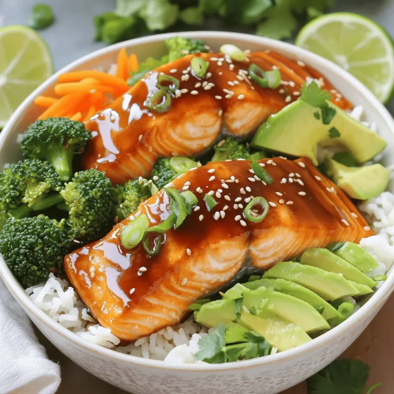 - 2 salmon fillets (about 6 ounces each) - 1 cup cooked jasmine rice - 1 cup broccoli florets - 1 medium carrot, julienned - ½ avocado, sliced - ¼ cup low sodium soy sauce - 2 tablespoons honey - 1 tablespoon rice vinegar - 1 tablespoon sesame oil - 2 cloves garlic, minced - 1 teaspoon grated ginger - Sliced green onions - Sesame seeds When I make Teriyaki Salmon Bowls, I focus on fresh and simple ingredients. The salmon is rich in flavor and healthy fats. I always choose wild-caught salmon for the best taste and nutrition. Jasmine rice provides a soft and fragrant base that pairs perfectly with the bold flavors. For the veggies, I use broccoli and carrots. They add bright colors and crunch. You can steam them to keep them crisp. I love adding avocado for creaminess. It balances the dish nicely. The marinade is key to this recipe. I mix soy sauce, honey, rice vinegar, sesame oil, garlic, and ginger. This blend gives the salmon a sweet and savory taste. Letting the salmon soak in this marinade brings out the best flavor. Finally, I top the dish with sliced green onions and sesame seeds. They add a nice touch and a bit of crunch. You can find the full recipe in the article for detailed steps. Enjoy your healthy dinner delight! - Whisk together all marinade ingredients. - Ensure even blending for optimal flavor. Making a good marinade is key. I mix soy sauce, honey, rice vinegar, sesame oil, minced garlic, and grated ginger in a bowl. This mix brings sweet and savory notes. You want to combine them until smooth. The flavors blend better that way. - Place fillets in a shallow dish. - Cover and refrigerate for 30 minutes to 2 hours. I put the salmon fillets in a dish and pour the marinade on top. It’s important to coat the fish well. Cover the dish and let it chill in the fridge. This step makes the salmon tasty. I recommend letting it marinate for at least 30 minutes. - Steam broccoli and carrots for 3-5 minutes. - Ensure they remain crisp and vibrant. Next, I steam the broccoli and carrots. I bring water to a boil and place the veggies in a steamer. Steaming keeps the colors bright and the crunch intact. Cook them for about 3-5 minutes. - Preheat skillet and cook salmon skin-side down for 4-5 minutes. - Flip salmon and add reserved marinade for thicker sauce. For the salmon, I heat a non-stick skillet over medium-high heat. I then add the salmon, skin-side down. It cooks for about 4-5 minutes. After that, I flip it carefully. I pour the reserved marinade into the pan, adding flavor and thickness to the sauce. - Start with jasmine rice as the base. - Layer with vegetables and salmon fillet. Now it’s time to build the bowls! I start with a scoop of jasmine rice. It serves as a nice, fluffy base. Then I layer the steamed broccoli and carrots on top, followed by the salmon fillet. - Drizzle teriyaki sauce over the salmon. - Garnish with green onions and sesame seeds. The final touch is the teriyaki sauce. I drizzle it over the salmon to enhance the flavor. Lastly, I sprinkle sliced green onions and sesame seeds for a nice crunch. This adds color and flavor too. For the full recipe, check out the details above! For the best flavor, let the salmon sit in the marinade longer. A good time is between 30 minutes and 2 hours. This allows the soy sauce and honey to soak in. Taste the marinade before adding the salmon. Adjust the soy sauce and honey to get the sweetness you like. You can make it sweeter or saltier as needed. Use a non-stick skillet to cook the salmon. This helps prevent sticking and makes flipping easy. Keep the heat medium-high to get a nice sear. Avoid overcooking the salmon, as it can become dry. Cook it for about 4-5 minutes on each side. It should be flaky but still moist. Serve the salmon in shallow bowls for a nice look. This makes the dish seem fancy and inviting. Add lime wedges on the side. The lime gives a fresh taste when squeezed over the salmon. It adds a lovely zing that brightens the dish. For a full guide on making these bowls, check out the Full Recipe. {{image_2}} You can swap salmon for tofu for a vegetarian version. This change makes it lighter. Tofu absorbs flavors well, so it will soak up the teriyaki sauce. You can also use chicken breast for a different protein option. Just marinate it the same way. Cook it until golden brown for tasty results. You can use snap peas or bell peppers as alternative veggies in your bowl. They add great crunch. If you want to get creative, try different greens like spinach or bok choy. These greens cook quickly and add nice color. If you want some heat, add crushed red pepper for spice. It wakes up the dish. Another great addition is sesame oil for added nuttiness. Just a little goes a long way in flavoring your meal. Enjoy experimenting with these variations to create your perfect teriyaki salmon bowl! For the complete recipe, check out the [Full Recipe]. - Store leftover salmon bowls in airtight containers. - Consume within 2-3 days for best quality. Keeping your teriyaki salmon bowls fresh is key. I recommend using airtight containers to seal in flavor and moisture. This helps prevent any unwanted odors from your fridge. Make sure to label the containers with the date, so you know when to enjoy them. Eating within 2-3 days ensures you savor that tasty teriyaki goodness at its best. - Freeze cooked salmon and rice separately. - Thaw overnight in the fridge before reheating. If you want to save some for later, freezing is a great option. I suggest freezing the salmon and rice in separate bags or containers. This way, they maintain their texture and taste better when you reheat them. When you’re ready to enjoy your meal, just thaw everything overnight in the fridge. This method helps keep the flavors intact. - Reheat gently in the microwave or on the stovetop. - Add a splash of water to maintain moisture. When it's time to heat up your teriyaki bowls, do it gently. Use the microwave or stovetop on low heat. To keep the salmon moist, add a splash of water before reheating. This little trick prevents dryness and keeps your meal just as delicious as when you first made it. Enjoy every bite! - Follow the detailed recipe steps above for homemade bowls. - Broccoli, avocado, and jasmine rice are excellent pairings. These ingredients add color and balance to your bowl. Broccoli brings a nice crunch and nutrients. Avocado adds creaminess and healthy fats. Jasmine rice gives a fluffy base to soak up the sauce. - Yes, replace salmon with tofu and use maple syrup instead of honey. Tofu absorbs flavors well and offers a great texture. This swap keeps the dish tasty while fitting a vegan diet. - Homemade teriyaki sauce can last about a week when refrigerated. Store it in an airtight container to keep it fresh. It's handy for quick meals later in the week. - Jasmine rice is typically preferred for its flavor and texture. This rice cooks up soft and fluffy, perfect for soaking up the teriyaki sauce. Consider trying it for your next bowl! In this article, we explored how to make delicious teriyaki salmon bowls. We discussed the main ingredients, marinade, and tips for cooking the salmon and vegetables. You learned how to assemble your bowl and add tasty garnishes. You can also try variations like using tofu or different veggies. Remember to store leftovers correctly and enjoy them within a few days. This meal is not only tasty but also healthy and easy to prepare. Enjoy making your teriyaki salmon bowls at home!