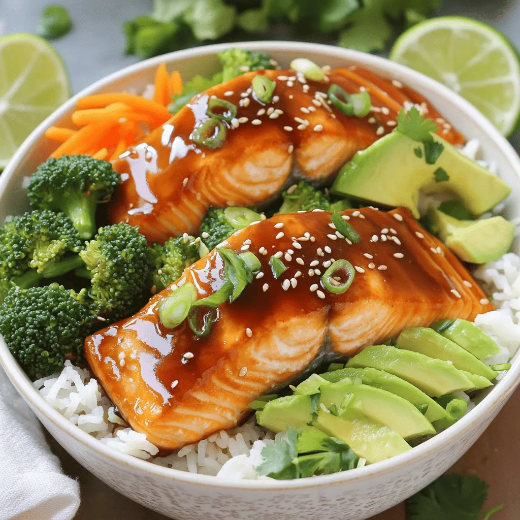 - 2 salmon fillets (about 6 ounces each) - 1 cup cooked jasmine rice - 1 cup broccoli florets - 1 medium carrot, julienned - ½ avocado, sliced - ¼ cup low sodium soy sauce - 2 tablespoons honey - 1 tablespoon rice vinegar - 1 tablespoon sesame oil - 2 cloves garlic, minced - 1 teaspoon grated ginger - Sliced green onions - Sesame seeds When I make Teriyaki Salmon Bowls, I focus on fresh and simple ingredients. The salmon is rich in flavor and healthy fats. I always choose wild-caught salmon for the best taste and nutrition. Jasmine rice provides a soft and fragrant base that pairs perfectly with the bold flavors. For the veggies, I use broccoli and carrots. They add bright colors and crunch. You can steam them to keep them crisp. I love adding avocado for creaminess. It balances the dish nicely. The marinade is key to this recipe. I mix soy sauce, honey, rice vinegar, sesame oil, garlic, and ginger. This blend gives the salmon a sweet and savory taste. Letting the salmon soak in this marinade brings out the best flavor. Finally, I top the dish with sliced green onions and sesame seeds. They add a nice touch and a bit of crunch. You can find the full recipe in the article for detailed steps. Enjoy your healthy dinner delight! - Whisk together all marinade ingredients. - Ensure even blending for optimal flavor. Making a good marinade is key. I mix soy sauce, honey, rice vinegar, sesame oil, minced garlic, and grated ginger in a bowl. This mix brings sweet and savory notes. You want to combine them until smooth. The flavors blend better that way. - Place fillets in a shallow dish. - Cover and refrigerate for 30 minutes to 2 hours. I put the salmon fillets in a dish and pour the marinade on top. It’s important to coat the fish well. Cover the dish and let it chill in the fridge. This step makes the salmon tasty. I recommend letting it marinate for at least 30 minutes. - Steam broccoli and carrots for 3-5 minutes. - Ensure they remain crisp and vibrant. Next, I steam the broccoli and carrots. I bring water to a boil and place the veggies in a steamer. Steaming keeps the colors bright and the crunch intact. Cook them for about 3-5 minutes. - Preheat skillet and cook salmon skin-side down for 4-5 minutes. - Flip salmon and add reserved marinade for thicker sauce. For the salmon, I heat a non-stick skillet over medium-high heat. I then add the salmon, skin-side down. It cooks for about 4-5 minutes. After that, I flip it carefully. I pour the reserved marinade into the pan, adding flavor and thickness to the sauce. - Start with jasmine rice as the base. - Layer with vegetables and salmon fillet. Now it’s time to build the bowls! I start with a scoop of jasmine rice. It serves as a nice, fluffy base. Then I layer the steamed broccoli and carrots on top, followed by the salmon fillet. - Drizzle teriyaki sauce over the salmon. - Garnish with green onions and sesame seeds. The final touch is the teriyaki sauce. I drizzle it over the salmon to enhance the flavor. Lastly, I sprinkle sliced green onions and sesame seeds for a nice crunch. This adds color and flavor too. For the full recipe, check out the details above! For the best flavor, let the salmon sit in the marinade longer. A good time is between 30 minutes and 2 hours. This allows the soy sauce and honey to soak in. Taste the marinade before adding the salmon. Adjust the soy sauce and honey to get the sweetness you like. You can make it sweeter or saltier as needed. Use a non-stick skillet to cook the salmon. This helps prevent sticking and makes flipping easy. Keep the heat medium-high to get a nice sear. Avoid overcooking the salmon, as it can become dry. Cook it for about 4-5 minutes on each side. It should be flaky but still moist. Serve the salmon in shallow bowls for a nice look. This makes the dish seem fancy and inviting. Add lime wedges on the side. The lime gives a fresh taste when squeezed over the salmon. It adds a lovely zing that brightens the dish. For a full guide on making these bowls, check out the Full Recipe. {{image_2}} You can swap salmon for tofu for a vegetarian version. This change makes it lighter. Tofu absorbs flavors well, so it will soak up the teriyaki sauce. You can also use chicken breast for a different protein option. Just marinate it the same way. Cook it until golden brown for tasty results. You can use snap peas or bell peppers as alternative veggies in your bowl. They add great crunch. If you want to get creative, try different greens like spinach or bok choy. These greens cook quickly and add nice color. If you want some heat, add crushed red pepper for spice. It wakes up the dish. Another great addition is sesame oil for added nuttiness. Just a little goes a long way in flavoring your meal. Enjoy experimenting with these variations to create your perfect teriyaki salmon bowl! For the complete recipe, check out the [Full Recipe]. - Store leftover salmon bowls in airtight containers. - Consume within 2-3 days for best quality. Keeping your teriyaki salmon bowls fresh is key. I recommend using airtight containers to seal in flavor and moisture. This helps prevent any unwanted odors from your fridge. Make sure to label the containers with the date, so you know when to enjoy them. Eating within 2-3 days ensures you savor that tasty teriyaki goodness at its best. - Freeze cooked salmon and rice separately. - Thaw overnight in the fridge before reheating. If you want to save some for later, freezing is a great option. I suggest freezing the salmon and rice in separate bags or containers. This way, they maintain their texture and taste better when you reheat them. When you’re ready to enjoy your meal, just thaw everything overnight in the fridge. This method helps keep the flavors intact. - Reheat gently in the microwave or on the stovetop. - Add a splash of water to maintain moisture. When it's time to heat up your teriyaki bowls, do it gently. Use the microwave or stovetop on low heat. To keep the salmon moist, add a splash of water before reheating. This little trick prevents dryness and keeps your meal just as delicious as when you first made it. Enjoy every bite! - Follow the detailed recipe steps above for homemade bowls. - Broccoli, avocado, and jasmine rice are excellent pairings. These ingredients add color and balance to your bowl. Broccoli brings a nice crunch and nutrients. Avocado adds creaminess and healthy fats. Jasmine rice gives a fluffy base to soak up the sauce. - Yes, replace salmon with tofu and use maple syrup instead of honey. Tofu absorbs flavors well and offers a great texture. This swap keeps the dish tasty while fitting a vegan diet. - Homemade teriyaki sauce can last about a week when refrigerated. Store it in an airtight container to keep it fresh. It's handy for quick meals later in the week. - Jasmine rice is typically preferred for its flavor and texture. This rice cooks up soft and fluffy, perfect for soaking up the teriyaki sauce. Consider trying it for your next bowl! In this article, we explored how to make delicious teriyaki salmon bowls. We discussed the main ingredients, marinade, and tips for cooking the salmon and vegetables. You learned how to assemble your bowl and add tasty garnishes. You can also try variations like using tofu or different veggies. Remember to store leftovers correctly and enjoy them within a few days. This meal is not only tasty but also healthy and easy to prepare. Enjoy making your teriyaki salmon bowls at home!