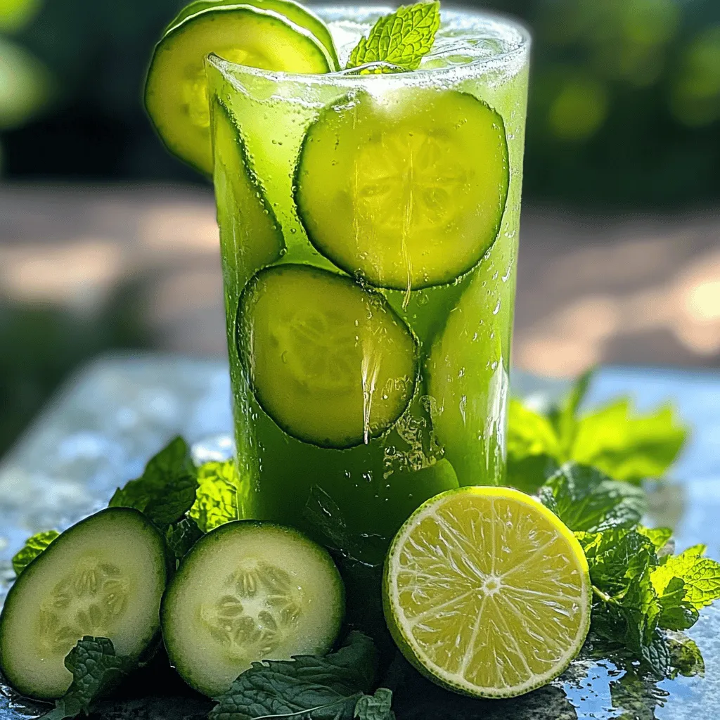 - 2 large cucumbers, peeled and roughly chopped - 1/4 cup freshly squeezed lime juice (about 2-3 limes) - 3 tablespoons agave syrup (adjust to taste) - 4 cups cold water - A pinch of salt - Lime slices and cucumber slices for garnish - Fresh mint leaves for garnish Cucumber Lime Agua Fresca is a simple and tasty drink. You only need a few fresh ingredients. First, cucumbers are the star here. They add a cool and refreshing taste. Next, lime juice brings a nice tangy flavor. Agave syrup adds sweetness to balance the tartness. Cold water helps blend everything together. A pinch of salt is key; it enhances all the flavors. For garnishes, lime and cucumber slices look pretty. They also add extra flavor. Fresh mint leaves can give a burst of freshness. You can choose to use them or keep it simple. This recipe is perfect for hot days. It’s easy to make and fun to drink. You can find the full recipe details below to get started! 1. Blend cucumbers and water until smooth. Start by peeling and roughly chopping your cucumbers. Place them in a blender with cold water. Blend until the mixture is smooth and green. 2. Strain the mixture through a fine mesh sieve. Take a fine mesh sieve and place it over a large pitcher. Pour the cucumber blend into the sieve. Use the back of a spoon to press and extract as much liquid as you can. Discard any pulp left in the sieve. 1. Add lime juice, agave syrup, and salt. Once you have your cucumber juice, add the freshly squeezed lime juice. Then, pour in the agave syrup and a pinch of salt. 2. Stir to dissolve the syrup. Mix everything well. Stir until the agave syrup dissolves completely. Taste the mix. If you like it sweeter, add more agave syrup to your liking. 1. Refrigerate to meld flavors. Cover the pitcher and place it in the refrigerator for at least 30 minutes. This helps the flavors blend together nicely. 2. Serve over ice with garnishes. When ready to serve, fill glasses with ice. Pour the chilled cucumber lime agua fresca over the ice. Garnish with lime slices and cucumber slices for a fresh touch. If you want, add fresh mint leaves for extra flavor. For the detailed recipe, check the Full Recipe. Enjoy your refreshing summer drink! To balance flavors, use agave syrup. Start with three tablespoons. Stir it in well. Taste the agua fresca after mixing. If it’s not sweet enough, add more syrup. This drink should be refreshing, not overly sweet. Agave syrup blends well with lime’s tartness. Remember, sweetness can depend on the cucumbers. Some are sweeter than others. Adjust based on your taste. You can prepare cucumber lime agua fresca in advance. Make it a few hours before serving. This allows flavors to meld perfectly. Store it in the fridge until you’re ready to serve. Just remember to give it a good stir before pouring. If you want to make it the night before, that’s fine too. Just keep it covered in the fridge. Pair this drink with light meals. It goes great with tacos, salads, or grilled chicken. Serve it at summer parties or picnics. The coolness of the drink complements warm weather. You can also serve it at brunch with fresh fruit. For a fun twist, add some sparkling water. This adds a bubbly texture that many love. {{image_2}} You can add fun flavors to your Cucumber Lime Agua Fresca. Fresh herbs like mint or basil brighten the drink. Just toss in a handful when blending for a fresh twist. You can also use fruits like watermelon or pineapple. These additions make the drink even more refreshing! If you want a lighter drink, swap agave syrup for a low-calorie sweetener. Options like stevia or monk fruit work well. They add sweetness without the extra calories. Just remember to adjust the amount to taste, as some sweeteners are stronger than agave. Mixing in other fruits can create unique flavors. Try adding strawberries, mangoes, or even peaches. Each fruit brings a different taste and color. Blend them with the cucumber for a fresh, fruity drink. Feel free to experiment and find your favorite mix! For the full recipe, check out the details above. After making Cucumber Lime Agua Fresca, store any leftovers in a clean pitcher. Cover it tightly with a lid or plastic wrap. This keeps the drink fresh and tasty. Always chill it in the fridge. Cold drinks are best on hot days! You can freeze Cucumber Lime Agua Fresca for long-term storage. Pour it into ice cube trays or freezer-safe containers. Leave some space at the top for expansion. When you’re ready to enjoy it again, thaw it in the fridge overnight. You can also blend the frozen cubes into smoothies. Cucumber Lime Agua Fresca lasts about 3 to 5 days in the fridge. After that, the flavors may fade. If you notice any off smells or changes in color, it’s best to toss it. Enjoy it while it’s fresh for the best taste! Cucumber lime agua fresca is a cool drink made from fresh cucumbers and lime juice. This drink comes from Mexico, where it is popular on hot days. The word "agua fresca" means "fresh water." It’s light, refreshing, and perfect for summer. You can enjoy it at picnics or family gatherings. The taste is a mix of sweet, tangy, and crisp flavors. This drink is also very hydrating, making it a great choice when it's hot outside. You can use bottled lime juice if you need to. However, fresh lime juice tastes better and has more flavor. Fresh limes give a bright, zesty kick that enhances the drink. Bottled juice often lacks the same freshness. If you want to make the best cucumber lime agua fresca, I recommend using fresh limes. It only takes a few minutes to squeeze them. The taste difference is worth it. To make more servings, you can easily scale the recipe up. If you want to double the recipe, just double all the ingredients. For example, use 4 cucumbers, 1/2 cup of lime juice, and 8 cups of water. You can also make less by cutting the amounts in half. Just remember to keep the same proportions. This way, the drink will still taste great. You can find the full recipe for cucumber lime agua fresca to help with the measurements. This blog post covered how to make a refreshing Cucumber Lime Agua Fresca. We explored the easy steps, from blending cucumbers to serving chilled with garnishes. You learned tips for adjusting sweetness and ways to store your drink. Don't forget, you can mix in other fruits or herbs for fun twists. This drink is perfect for hot days or gatherings. Enjoy making it and impress your friends with your skills!