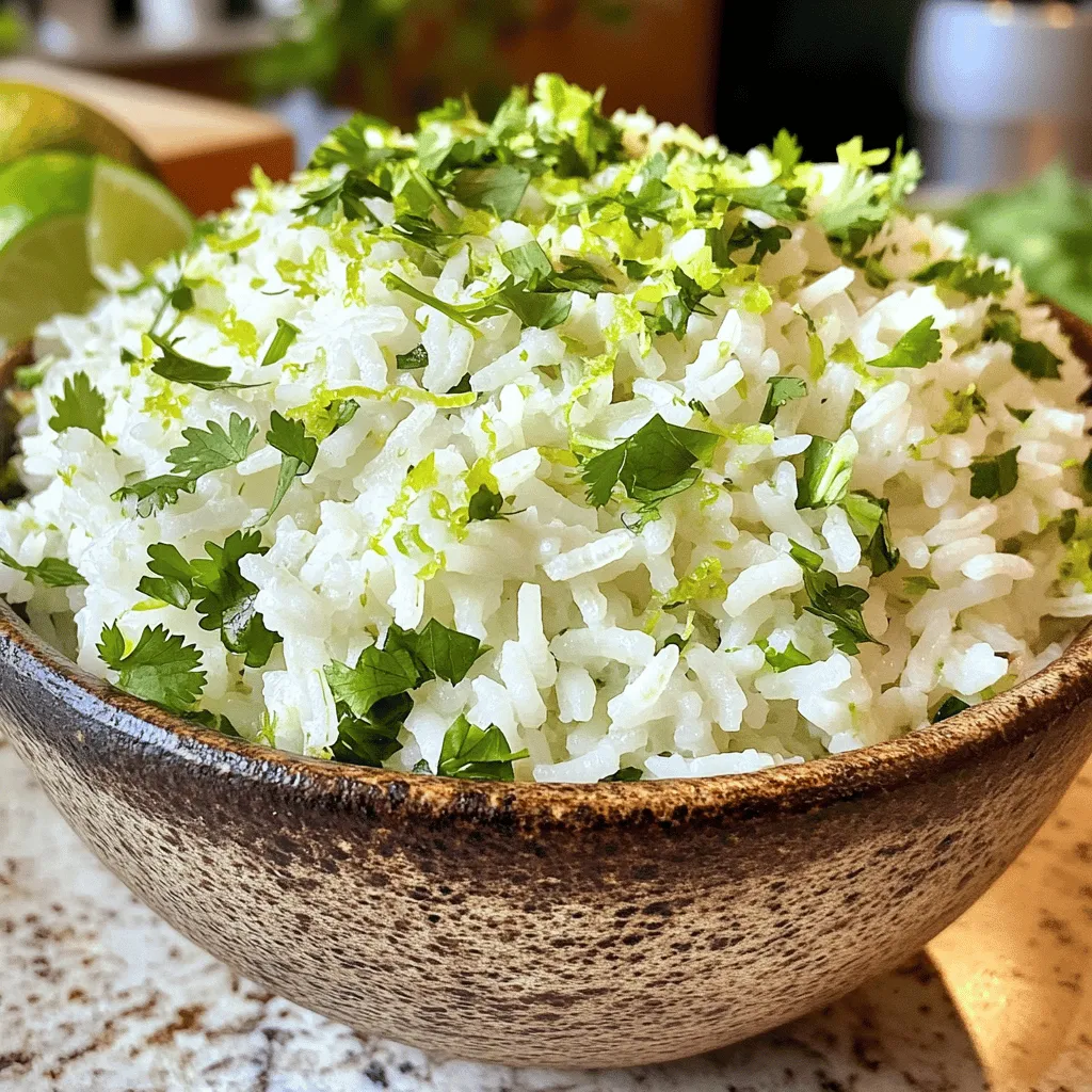 To make Zesty Cilantro Lime Rice, you need a few key ingredients. These ingredients come together to create a fresh and vibrant flavor. Here’s what you need: - 1 cup long-grain white rice - 2 cups vegetable broth or water - 1 tablespoon olive oil - Zest and juice of 1 lime - 1/4 cup fresh cilantro, chopped - 1 garlic clove, minced - 1/2 teaspoon salt - 1/4 teaspoon black pepper - 1/4 teaspoon cumin (optional) These simple ingredients will create a dish that brightens any meal. The lime adds tartness, while the cilantro gives it a fresh taste. You can use vegetable broth for more flavor or water if you prefer. Each ingredient plays a part in making this rice special. Now that you have your ingredients, you're ready for the full recipe! To start, rinse the rice under cold water. Use a fine mesh strainer. This step removes excess starch. Keep rinsing until the water runs clear. Then, drain the rice well. Next, heat one tablespoon of olive oil in a medium saucepan over medium heat. Once the oil is hot, add one minced garlic clove. Sauté the garlic for about 30 seconds. You want it fragrant but not browned. Now it’s time to toast the rice. Add the rinsed rice to the saucepan. Stir to coat it with the oil and garlic. Cook this for 2-3 minutes, stirring often. You want it slightly toasted to enhance the flavor. Then, pour in two cups of vegetable broth (or water). Season with half a teaspoon of salt and a quarter teaspoon of black pepper. If you like, add a quarter teaspoon of cumin for an extra kick. Bring this mixture to a boil. Once it boils, lower the heat to low. Cover the saucepan and let it simmer for about 15-18 minutes. The rice should absorb all the liquid and become tender. After cooking, remove the rice from heat. Let it sit covered for an additional five minutes. Finally, fluff the rice with a fork. Gently fold in the zest and juice of one lime, along with a quarter cup of chopped cilantro. Adjust the seasoning if needed. This zesty cilantro lime rice is now ready to serve! Enjoy it warm as a side dish or main course. You can find the full recipe above. To make your cilantro lime rice shine, you must balance flavors. Use both lime zest and juice. The zest gives a bold flavor, while the juice adds brightness. Start with the zest first. Grate it finely to release its oils. Then, squeeze the juice fresh. This gives the best taste. Always choose fresh ingredients. Fresh cilantro makes a big difference. It adds a vibrant taste and color. Avoid dried herbs for this dish. Fresh garlic also enhances the flavor profile. It brings a nice kick that makes every bite exciting. Storing leftover rice is easy. Let it cool down first. Then, place it in a sealed container. It can last in the fridge for up to five days. When you're ready to eat, just reheat it in the microwave. Add a splash of water to keep it moist. You can also try cooking in a rice cooker. This method simplifies the process. Just add the rinsed rice, broth, and seasonings, and let it do the work. It turns out fluffy every time. For a unique twist, consider adding spices like cumin for extra flavor. These tips will help you create the best zesty cilantro lime rice. For the full recipe, see the recipe section above. Enjoy your cooking! {{image_2}} You can change the base of this dish easily. For a healthier option, try using brown rice or quinoa. Both grains add a nice nutty flavor. Brown rice takes longer to cook, so follow the package instructions for best results. Quinoa cooks faster and adds protein, making it a great choice. Feel free to swap the herbs too. Instead of cilantro, you can use parsley or basil for a fresh twist. Adding fresh dill can create a zesty flavor, while mint gives a cool taste. You can even mix in a bit of oregano for a savory note. This rice pairs well with many proteins. Chicken is a classic choice. Grilling or sautéing chicken with lime juice makes a perfect match. Shrimp also works well; toss it with some garlic and lime, then serve on top of the rice for a bright dish. You can use this rice in burritos or bowls too. Fill a tortilla with rice, beans, and your favorite veggies for a tasty wrap. For bowls, layer rice with grilled veggies, salsa, and avocado for a colorful meal. The possibilities are endless! For the complete recipe, check out the Full Recipe section. To store leftovers, let the rice cool to room temperature first. Then, place it in an airtight container. This keeps moisture in and prevents smells. You can keep it in the fridge for about 3 to 4 days. Just be sure to reheat it well before serving. If you notice any signs of spoilage, like strange odors or discoloration, toss it out. If you want to save cilantro lime rice for later, freezing is a great option. Start by letting the rice cool completely. Then, scoop it into freezer bags or airtight containers. Make sure to remove as much air as possible. This helps prevent freezer burn. You can freeze it for up to 2 months. When you want to eat it, take it out of the freezer. Thaw it overnight in the fridge or use the microwave. To reheat, add a splash of water and warm it in the microwave or on the stovetop. Stir it well to make sure it heats evenly. Enjoy your zesty rice anytime! For the full recipe, check out the earlier section. Can I make this recipe vegan? Yes, this recipe is already vegan! I use vegetable broth or water as the base. This keeps the dish light and fresh. How can I make this dish spicier? To add heat, sprinkle in some red pepper flakes or diced jalapeños. You can also add more cumin for a warm flavor. Caloric content per serving This zesty rice has about 180 calories per serving. It's a healthy side dish to enjoy. Health benefits of the ingredients Cilantro is great for digestion and has antioxidants. Lime adds vitamin C, which supports your immune system. Rice provides energy as a good carb source. How long does it take to cook different rice types? Long-grain white rice takes about 15-18 minutes. Brown rice takes longer, about 40-45 minutes. Always check package instructions for best results. Can I use instant rice for this recipe? Yes, you can use instant rice for quicker cooking. Just adjust the liquid and cooking time as per the package instructions. This article covered how to make flavorful cilantro lime rice. We explored the key ingredients, step-by-step cooking instructions, and helpful tips. You learned about variations and storage options to keep your rice fresh. In my final thoughts, this dish is simple to make and easy to adapt. Whether you serve it with your favorite protein or enjoy it in a burrito, cilantro lime rice adds a refreshing twist to any meal. Enjoy your cooking!