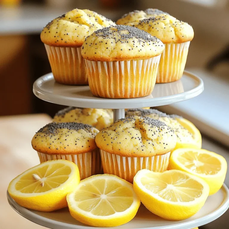 - 1 ½ cups all-purpose flour - 1/2 cup granulated sugar - 2 teaspoons baking powder - 1/2 teaspoon baking soda - 1/4 teaspoon salt - 1/4 cup poppy seeds - 1 cup buttermilk - 1/4 cup vegetable oil - 2 large eggs - Zest of 1 lemon - Juice of 1 lemon - 1 teaspoon vanilla extract These ingredients create a bright and flavorful muffin. Each one plays a key role. The flour gives structure. The sugar adds sweetness. Baking powder and soda help the muffins rise. Salt enhances flavors. Poppy seeds add a nice crunch and visual appeal. If you want dairy-free muffins, try almond milk or oat milk instead of buttermilk. For a gluten-free option, use a gluten-free flour mix. This way, you can still enjoy these tasty muffins without worry. Each muffin has about 150 calories, 22 grams of carbs, 6 grams of fat, and 3 grams of protein. These values can help you keep track of your diet. Enjoying a lemon poppy seed muffin can fit in many meal plans. For the full recipe, check the recipe section above. It walks you through each step to make these muffins perfectly. 1. Preheating the oven: Start by preheating your oven to 375°F (190°C). This step is key for even baking. 2. Preparing the muffin tin: Line a muffin tin with paper liners or lightly grease it with non-stick spray. This helps the muffins come out cleanly. 1. Combining dry ingredients: In a large bowl, whisk together 1 ½ cups of all-purpose flour, 1/2 cup of granulated sugar, 2 teaspoons of baking powder, 1/2 teaspoon of baking soda, 1/4 teaspoon of salt, and 1/4 cup of poppy seeds. Mix these ingredients well to ensure they are evenly distributed. 2. Mixing wet ingredients: In another bowl, combine 1 cup of buttermilk, 1/4 cup of vegetable oil, 2 large eggs, the zest of 1 lemon, the juice of 1 lemon, and 1 teaspoon of vanilla extract. Stir until all the wet ingredients blend smoothly. 1. Filling the muffin cups: Pour the wet mixture into the dry ingredients. Gently fold them together until just combined. Fill each muffin cup about 2/3 full with the batter. 2. Baking time and doneness check: Place the muffin tin in the preheated oven. Bake for 18-20 minutes. Check if they are done by inserting a toothpick into the center of a muffin. If it comes out clean, they are ready. Let the muffins cool in the tin for about 5 minutes before moving them to a wire rack. For the complete recipe, refer to the Full Recipe link. To make the best lemon poppy seed muffins, start by mixing wisely. Use a gentle hand when combining wet and dry ingredients. Overmixing makes muffins tough. You want a light and fluffy texture. The batter should be slightly lumpy, and that’s okay! The ideal muffin should be soft and moist. It should rise well and have a golden color. The poppy seeds should add a nice crunch, too. Trust me, you’ll love the balance of flavors. One common mistake is overbaking. Keep an eye on the time. Check your muffins around 18 minutes. Insert a toothpick in the center; it should come out clean. If you bake too long, they will dry out. Another mistake is not preheating the oven. Always preheat your oven to 375°F. This helps your muffins rise properly. A warm oven gives even cooking and a nice crust. Using the right tools helps a lot. Here’s what you need: - Muffin tin - Paper liners or non-stick spray - Large mixing bowls - Whisk for blending - Toothpick for checking doneness With these tools, you can make great muffins every time. Follow the tips, and you’ll impress everyone with your baking skills! For the Full Recipe, check the earlier section. {{image_2}} You can easily mix up the flavors of your lemon poppy seed muffins. Try adding blueberries or raspberries for a fruity twist. Just fold in about a cup of fresh berries into the batter. They add color and taste. You can also use almond extract instead of vanilla. This swap gives a rich, nutty flavor that pairs well with lemon. If you want to make vegan muffins, replace the eggs with flax eggs. Mix one tablespoon of ground flaxseed with three tablespoons of water. Let it sit until it thickens. For low-sugar options, use a sugar substitute like monk fruit or stevia. This keeps the muffins sweet without the extra sugar. You can change your muffins for the holidays, too. Add spices like cinnamon or nutmeg for a warm flavor in fall. For spring, mix in some fresh herbs like basil. These ideas keep your muffins fun and fresh all year. To keep your lemon poppy seed muffins fresh, store them at room temperature. Use an airtight container. This will help them stay soft for about three days. If you want to enjoy them longer, put them in the fridge. However, this may dry them out a bit. For best results, wrap each muffin in plastic wrap before placing them in a container. You can freeze your muffins to save them for later. First, let them cool completely. Then, wrap each muffin tightly in plastic wrap. Place the wrapped muffins in a freezer bag or a container. They will last for up to three months in the freezer. When you're ready to eat one, just take it out and let it thaw at room temperature. To reheat your muffins, use the oven or the microwave. If using the oven, preheat it to 350°F (175°C). Place the muffins on a baking sheet and heat for about 5-10 minutes. This method helps keep them moist. If you're in a hurry, the microwave works too. Heat for 10-15 seconds, but watch them closely to avoid drying out. Enjoy your warm, tasty muffins! To stop muffins from sticking, you have a few options. You can use paper liners in the muffin tin. If you prefer not to use liners, grease the tin well with non-stick spray or butter. Make sure to coat every part of the cup. This creates a barrier that stops sticking. Allow the muffins to cool for a few minutes before removing them from the tin. Yes, you can make these muffins ahead of time! They store well at room temperature for a day or two. If you want to keep them longer, store the muffins in the fridge for up to a week. You can also freeze them for up to three months. Just be sure to wrap them tightly in plastic wrap or use an airtight container. To check if your muffins are done, insert a toothpick into the center of one. If it comes out clean or with a few crumbs, they are ready. If the toothpick has wet batter on it, give them a few more minutes. Keep an eye on them to avoid overbaking. Lemon poppy seed muffins last about two days at room temperature. If stored in the fridge, they can stay fresh for about a week. When frozen, they last up to three months. Just remember to let them cool completely before storing. Absolutely! Fresh lemons are a great choice. They add bright flavor and zest. To use fresh lemons, simply juice them and grate the zest. One medium lemon usually gives you enough juice and zest for this recipe. Fresh lemon juice enhances the taste of your muffins. For the full recipe, check out the detailed section above. You'll find all the steps and ingredients to make these tasty muffins. We covered the key ingredients needed for lemon poppy seed muffins. I shared tips on substitutions and detailed baking steps. You learned ways to ensure perfect muffins and explored tasty variations. Remember, successful baking takes practice. Follow these steps, avoid common errors, and enjoy your delicious muffins. With these insights, you’re ready to create and share delightful treats!