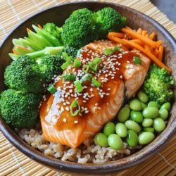 To make the teriyaki salmon bowls, you will need: - 2 salmon fillets - 1/4 cup soy sauce - 2 tablespoons honey - 1 tablespoon rice vinegar - 1 teaspoon sesame oil - 1/2 tablespoon grated ginger - 1 garlic clove, minced - 2 cups cooked brown rice - 1 cup broccoli florets - 1 carrot, julienned - 1/2 cup edamame (shelled) - 1 tablespoon sesame seeds - Green onions, thinly sliced for garnish If you lack some ingredients, here are some great swaps: - Salmon fillets: Use trout or chicken. - Soy sauce: Coconut aminos or tamari work well. - Honey: Maple syrup can be a sweet choice. - Rice vinegar: Apple cider vinegar is a good stand-in. - Sesame oil: Olive oil or canola oil can replace it. - Broccoli: You can use green beans or snap peas instead. - Edamame: Try chickpeas for a different protein. This dish is not just tasty; it's also nutritious! Here’s a quick look: - Calories per serving: About 500 - Protein: 35g - Carbohydrates: 60g - Fat: 15g - Fiber: 8g These numbers can vary based on your ingredient choices. For a balanced meal, the mix of protein, healthy fats, and fiber is great! Feel free to check the Full Recipe for more details on how to make these bowls. First, gather all your ingredients. You need: - 2 salmon fillets - 1/4 cup soy sauce - 2 tablespoons honey - 1 tablespoon rice vinegar - 1 teaspoon sesame oil - 1/2 tablespoon grated ginger - 1 garlic clove, minced - 2 cups cooked brown rice - 1 cup broccoli florets - 1 carrot, julienned - 1/2 cup shelled edamame - 1 tablespoon sesame seeds - Green onions, thinly sliced Next, make the teriyaki sauce. In a small bowl, whisk together the soy sauce, honey, rice vinegar, sesame oil, grated ginger, and minced garlic. This sauce adds rich flavor to the dish. Now, marinate the salmon. Place the fillets in a shallow dish and pour half of the teriyaki sauce over them. Let them sit for at least 15 minutes. This step helps the fish soak up the flavors. While the salmon marinates, cook the vegetables. Steam the broccoli and carrots until they are just tender, about 5-7 minutes. You can use a steaming basket or microwave. Set them aside after cooking. Next, heat a skillet over medium-high heat. Once it’s hot, add the marinated salmon. Discard any leftover marinade. Cook the salmon for about 4-5 minutes on each side. It is done when it flakes easily with a fork. Now, it’s time to assemble your bowls. Start with a base of brown rice in each bowl. Arrange the steamed broccoli, carrots, and edamame on top. Place the cooked salmon fillets next. Drizzle the remaining teriyaki sauce over the bowls. Finally, sprinkle sesame seeds and garnish with sliced green onions. For a beautiful touch, consider using a bamboo mat for serving. For the complete recipe, check out the Full Recipe. Enjoy your vibrant and tasty teriyaki salmon bowls! To make great teriyaki sauce, use fresh ingredients. Combine soy sauce, honey, rice vinegar, sesame oil, grated ginger, and minced garlic. Whisk them together well. Adjust the sweetness by adding more honey if you like it sweeter. For a thicker sauce, simmer it on low heat until it thickens. This makes it stick to your salmon and veggies. Cook salmon at medium-high heat for the best texture. If you want crispy skin, start skin-side down. Cook it for about 4-5 minutes per side. The salmon is done when it flakes easily with a fork. Be careful not to overcook it, or it will dry out. Use a meat thermometer; the ideal temperature is 145°F. When serving, start with a base of brown rice. Layer on the steamed broccoli, carrots, and edamame. Place the salmon on top for a nice look. Drizzle extra teriyaki sauce over the whole bowl. Finish with sesame seeds and sliced green onions. This adds flavor and a pop of color. For a fun twist, serve with chopsticks! For the Full Recipe, check the previous section. {{image_2}} If you want a meat-free meal, try tofu! Use firm tofu for the best texture. Press it to remove extra water, then cube it. Marinate the tofu in the same teriyaki sauce. Cook it until golden brown in a pan. You can also use tempeh or seitan for extra flavor and protein. Salmon is great, but many other proteins work well too. Chicken thighs or breasts are tasty and easy to cook. Just cut them into bite-sized pieces and marinate like the salmon. Shrimp is another quick option. Cook it for about 2-3 minutes per side until pink. For a unique twist, try beef or pork. Just slice thinly and marinate for a bold flavor. You can boost the taste in many ways. Add crushed red pepper for heat. A sprinkle of lime juice adds brightness. Experiment with fresh herbs like cilantro or basil for a fresh touch. For a richer taste, mix in some peanut butter or hoisin sauce into the teriyaki. These tweaks can make your dish more exciting and fun! If you want to follow a complete guide, check out the Full Recipe for more ideas. You can keep leftover teriyaki salmon bowls in an airtight container. Make sure to cool them first. Place them in the fridge for up to three days. Keep the salmon, rice, and veggies together for best flavor. To reheat, use the microwave for quick warmth. Place the bowl in a microwave-safe dish and cover it. Heat for one to two minutes. Stir halfway to ensure even warming. You can also use a skillet on low heat. This method helps keep the salmon moist. If you want to freeze them, separate the salmon from the rice and veggies. Place each in freezer bags or containers. You can freeze the salmon for up to three months. The rice and veggies can freeze for about one month. When ready to eat, thaw in the fridge overnight before reheating. Enjoy your meal without waste! Yes, you can use frozen salmon. Just thaw it first. Place it in the fridge overnight. If you need it fast, you can run it under cold water for about 30 minutes. This will help keep the texture nice and flaky after cooking. If you want a change, try quinoa or cauliflower rice. Quinoa adds a nutty taste and is full of protein. Cauliflower rice is low in carbs and very light. You can also use white rice if that’s what you have on hand. To make the dish gluten-free, use tamari instead of soy sauce. Tamari is a gluten-free soy sauce that gives you the same rich flavor. Check your other ingredients too, like rice vinegar, to ensure they are gluten-free. You can find the Full Recipe for Teriyaki Salmon Bowls in the article above. It has all the steps and tips for making this tasty dish. A fresh salad pairs well with Teriyaki Salmon Bowls. You can make a simple cucumber salad with rice vinegar and sesame oil. It adds a nice crunch and balances the meal. Steamed or grilled vegetables also work great! This blog post covered the key ingredients for teriyaki salmon, including substitutes and nutrition facts. I shared step-by-step cooking instructions, tips for perfect sauce and salmon, and suggested variations for all diets. I also provided storage tips and answered common questions. Now, you have the tools to make an amazing teriyaki salmon dish. Enjoy experimenting with flavors and techniques. Your kitchen is ready for great meals!