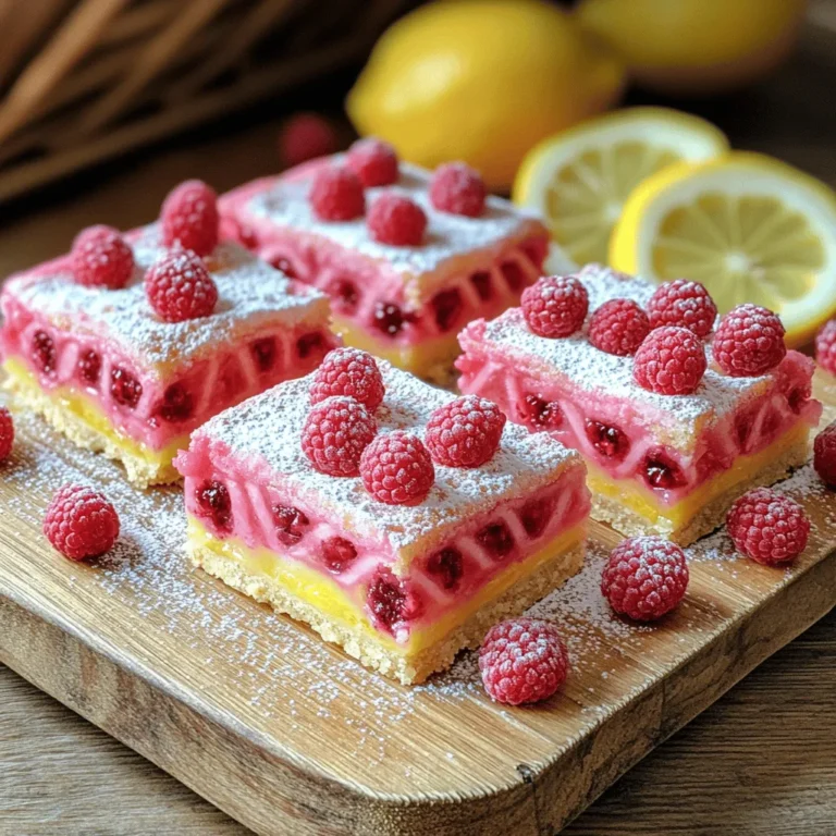 To make delicious raspberry lemonade bars, you will need the following ingredients: - 1 cup all-purpose flour - 1/2 cup powdered sugar - 1/4 teaspoon salt - 1/2 cup unsalted butter, softened - 2 large eggs - 1 cup granulated sugar - 1/4 cup fresh lemon juice (about 2-3 lemons) - Zest of 1 lemon - 1 cup fresh raspberries - 1/4 teaspoon baking powder - Extra powdered sugar for dusting These ingredients work together to create a sweet and tangy treat that is perfect for any occasion. You can use either fresh or frozen raspberries in this recipe. Fresh raspberries taste great and add a vibrant color. They also give a nice texture to the bars. Frozen raspberries can work too. Just make sure to thaw and drain them first. This prevents extra liquid from making your bars soggy. Both options deliver a tasty flavor, so choose what you have on hand. If you need to make substitutions, here are some good options: - Butter: You can use coconut oil or vegetable oil instead of butter for a dairy-free option. - Granulated Sugar: Try using coconut sugar or honey if you want a different sweetness. - Lemon Juice: If you don't have fresh lemon juice, bottled juice can work in a pinch, but fresh gives the best taste. - Eggs: For a vegan option, replace each egg with 1/4 cup of unsweetened applesauce. These substitutions help you adapt the recipe to fit your needs while still keeping the bars tasty and fresh! For the full recipe, check out the complete details above. Begin by preheating your oven to 350°F (175°C). Line an 8x8-inch baking pan with parchment paper, leaving some overhang. This helps you lift the bars out later. In a mixing bowl, combine 1 cup of all-purpose flour, 1/2 cup of powdered sugar, and 1/4 teaspoon of salt. Next, add 1/2 cup of softened unsalted butter. Mix until you see coarse crumbs. Press this mixture firmly into the bottom of your pan. Bake the crust for 15-18 minutes until it turns lightly golden. Once done, remove it from the oven and let it cool slightly. This crust is the base for your raspberry lemonade bars and adds a sweet, buttery flavor. While your crust cools, you can make the filling. In a separate bowl, whisk together 2 large eggs, 1 cup of granulated sugar, 1/4 cup of fresh lemon juice, and the zest of 1 lemon. Add 1/4 teaspoon of baking powder for a light texture. Mix until the mixture is smooth. Now, gently fold in 1 cup of fresh raspberries. Be careful not to crush them too much. You want to keep them whole for bursts of flavor. Pour this vibrant raspberry lemonade mixture over the cooled crust. Put the pan back in the oven and bake for an additional 20-25 minutes. The edges should set, but the center should still jiggle a bit. This jiggle means your bars will have a nice, soft texture. Once baked, allow the bars to cool completely in the pan on a wire rack. Use the parchment overhang to lift them out. Dust the top with extra powdered sugar before cutting them into squares. Your raspberry lemonade bars are now ready for serving! To make the best raspberry lemonade bars, follow these tips. Use fresh lemons for juice and zest. Fresh lemons bring bright flavor. When mixing the crust, ensure the butter is soft. This helps the dough mix easily. Don't rush baking the crust; it should be lightly golden. When making the filling, whisk the eggs well. This helps the bars rise and become fluffy. Gently fold in the raspberries. Crushing them too much may turn the filling mushy. Pour the filling over the cooled crust carefully. This keeps the layers distinct. Store your raspberry lemonade bars in an airtight container. They stay fresh for up to a week. If you want to freeze them, wrap each square in plastic wrap. Then place them in a freezer bag. They can last up to three months in the freezer. When you're ready to enjoy them again, thaw in the fridge overnight. For a warm treat, pop them in the microwave for 10-15 seconds. This will make the flavors shine again. Presentation makes a big difference. Serve your raspberry lemonade bars on a nice platter. Add thin lemon slices around the edges. Place a few whole raspberries on top for color. Dust extra powdered sugar over the bars for an elegant look. Consider adding mint leaves for a fresh touch. This makes them look and taste special. For a fun twist, serve with whipped cream or ice cream on the side. Enjoy your beautiful and tasty creation! {{image_2}} If you want to change things up, consider using other fruits. You can swap raspberries for blueberries or strawberries. Each fruit gives a unique taste. For a tropical vibe, try mango or passion fruit. These fruits mix well with the lemon flavor. You can also mix different fruits together for a fun blend. Just remember to adjust the sugar. Some fruits are sweeter than raspberries. You can make these bars gluten-free by using almond flour or a gluten-free blend. For a vegan version, replace the eggs with flax eggs. Mix one tablespoon of flaxseed meal with three tablespoons of water. Let it sit for a few minutes to thicken. Use vegan butter or coconut oil instead of regular butter. These swaps keep the bars tasty while meeting dietary needs. In spring, you can use strawberries for a fresh twist. In summer, peaches or cherries work great. For fall, add pumpkin puree for a creamy texture. In winter, try blood oranges for a festive look. Each season brings new flavors to explore. You can mix in spices too, like cinnamon or nutmeg. Experiment and find your favorite seasonal combo! For the full recipe, check out Raspberry Lemonade Zest Bars . To keep your raspberry lemonade bars fresh, store them in an airtight container. This helps to keep moisture out and maintain their flavor. Line the container with parchment paper to avoid sticking. Always let the bars cool completely before placing them in the container. This prevents condensation from forming, which can make them soggy. You can keep your raspberry lemonade bars at room temperature for up to three days. If you want them to last longer, they can stay in the fridge for about a week. Just remember to check for any signs of spoilage, like a change in smell or texture. Freezing is a great option for longer storage. Cut the bars into squares and wrap each piece in plastic wrap. Then place them in a freezer-safe bag or container. They will stay fresh for up to three months in the freezer. When you want to enjoy them, simply thaw them in the fridge overnight. Enjoy your treat with that fresh taste! For the full recipe, you can refer to the earlier sections. Yes, you can use bottled lemon juice. However, fresh lemon juice tastes better. Fresh juice has a bright, lively flavor. Bottled juice may lack that zing. If you use bottled juice, look for a brand that says "100% juice." It should not have added sugars or preservatives. If you don’t have parchment paper, use foil instead. Just grease the foil well with butter. This will help keep the bars from sticking. Another option is to bake the bars directly in a greased pan. Just make sure to let them cool fully before cutting. To change the sweetness, adjust the sugar in the filling. You can add more sugar for a sweeter treat. If you want less sweetness, reduce the sugar by a few tablespoons. Taste the filling before baking to find the right balance for you. For an extra twist, try adding a bit of honey or agave syrup. This can add flavor and sweetness at the same time. For the full recipe, check out the complete details in the recipe section. In this post, we explored how to make delicious raspberry lemonade bars. We covered the key ingredients, including fresh and frozen options, and substitutions. The step-by-step guide made prepping the crust and filling simple. I shared tips for perfecting your bars, storing them well, and some fun serving ideas. Variations let you try different fruits and dietary options, too. Remember, the best raspberry lemonade bars bring bright flavors and joy to any occasion. Enjoy making this treat!