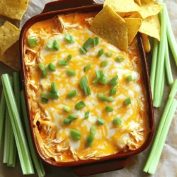 To make a great Buffalo Chicken Dip, you need some key items. Here’s a list of what you’ll need: - 2 cups shredded cooked chicken - 8 oz cream cheese, softened - 1 cup Buffalo sauce (adjust to taste) - 1 cup shredded cheddar cheese - 1/2 cup ranch dressing - 1/4 cup sliced green onions (plus extra for garnish) - Tortilla chips or celery sticks for serving For the chicken, I suggest using rotisserie chicken. It saves time and adds flavor. For the cream cheese, any brand will work, but I often go for Philadelphia. It blends well and gives a nice creamy texture. For the Buffalo sauce, Frank’s RedHot is a favorite among many cooks. It provides that perfect kick without being too overwhelming. Want to kick it up a notch? Here are some optional ingredients to enhance the flavor: - 1/2 cup crumbled blue cheese for a tangy twist - 1/2 teaspoon garlic powder for extra depth - 1/2 teaspoon onion powder for more flavor If you don’t have blue cheese, feel free to skip it or replace it with more cheddar cheese. You can also swap ranch dressing for blue cheese dressing for a different taste. Using Greek yogurt in place of ranch can lighten the dip while keeping it creamy. Get creative and make it your own! For the full recipe, check out the detailed instructions I provided earlier. First, gather your ingredients for Buffalo Chicken Dip. You need shredded chicken, cream cheese, Buffalo sauce, cheddar cheese, ranch dressing, and green onions. Start by preheating your oven to 350°F (175°C). This step is key for even cooking. In a large mixing bowl, combine the softened cream cheese and Buffalo sauce. Mix these two until they are smooth. You want a creamy base for your dip. Next, add the shredded chicken, ranch dressing, cheddar cheese, and green onions. Stir well until everything blends nicely. To achieve the best consistency, make sure the cream cheese is softened. If it’s too cold, it will be hard to mix. If you want a bit more creaminess, you can add a little extra ranch dressing. Once mixed, transfer the dip to a baking dish. Spread it evenly across the dish. This helps it cook evenly and bubble nicely. Now, place the baking dish in your preheated oven. Bake for about 20-25 minutes. You want to watch for doneness closely. The dip is ready when it is heated through and the cheese starts to bubble. Overbaking can make the dip dry, so keep an eye on it. When you notice the top is golden and bubbly, it’s time to take it out. Let it cool slightly before serving. This dip is best enjoyed warm, paired with tortilla chips or crunchy celery sticks. For the complete recipe, you can refer to the Full Recipe section. Enjoy making this easy and tasty party snack! To make the best Buffalo Chicken Dip, follow these tips: - Use cooked chicken. Shredded rotisserie chicken works great. - Soften the cream cheese before mixing. This helps it blend well. - Adjust the Buffalo sauce to your taste. More sauce means more heat! - Mix well to ensure all flavors combine. Common mistakes to avoid: - Don’t overbake it. Watch for bubbly cheese to know it’s done. - Avoid using too much ranch. It can mute the Buffalo flavor. - Make sure to chop green onions finely. This adds a nice crunch. Buffalo Chicken Dip shines with the right sides. Try these ideas: - Serve with crunchy tortilla chips for a classic combo. - Offer celery sticks for a fresh, crisp option. - Pair with carrot sticks for a bit of sweetness. To present the dish well: - Use a colorful serving dish to attract attention. - Garnish with extra green onions on top for a pop of color. - Serve warm for the best taste and texture. For the full recipe, check out the details above. {{image_2}} Want to add a kick? Toss in some sliced jalapeños. They boost the heat and flavor. You can also pour in extra Buffalo sauce. This gives your dip a spicy edge. If you like variety, try different sauces. Brands like sriracha or even hot sauce can work great. Each sauce brings its unique taste, keeping your guests excited. Looking for lighter choices? Swap out some ingredients for low-calorie ones. Use Greek yogurt instead of cream cheese. It tastes great and adds protein. You can also choose low-fat cheese. For a vegetarian or vegan twist, replace the chicken with shredded jackfruit. This keeps the texture while making it plant-based. Use vegan cream cheese and ranch dressing to keep it all dairy-free. These options let everyone enjoy the dip. To keep your Buffalo Chicken Dip fresh, store it in an airtight container. Make sure to cool it to room temperature first. This will help preserve its taste and texture. Buffalo Chicken Dip can last in the fridge for about 3 to 5 days. Always check for any off smells or mold before eating. If you see any, it's best to throw it out. When it's time to enjoy your leftovers, you have a few options to reheat. The oven method is great. Preheat it to 350°F (175°C) and bake the dip in a safe dish for about 15 minutes. This keeps the dip creamy and warm. You can also use the microwave. Heat it in short bursts of 30 seconds, stirring in between. This helps maintain the dip's texture. If it's too thick after reheating, add a splash of ranch dressing or some more Buffalo sauce to bring it back to life. Buffalo Chicken Dip lasts about 3 to 4 days in the fridge. Keep it in an airtight container. Signs of spoilage include a change in color or smell. If it looks or smells off, it’s best to toss it. Always check before you dig in. Yes, you can make Buffalo Chicken Dip ahead of time. Mix all the ingredients and store it in the fridge. Just cover it well. You can even bake it later. If you want to save time, prep the dip up to two days ahead of your party. You can serve Buffalo Chicken Dip with tortilla chips or celery sticks. These are classic choices. For a twist, try using crackers or cucumber slices. They add a nice crunch. You can also make it a meal by serving it with small bread bowls. This dip is very versatile, so get creative! Buffalo Chicken Dip is a tasty dish you can make with simple steps. We covered the best ingredients, baking methods, and tips for great flavor. Don't shy away from trying new ways to spice it up or make it healthier. Remember to store leftovers properly for future snacking. Each option we discussed helps you serve a great dip that impresses everyone. Enjoy making and sharing this fun dish at your next gathering!