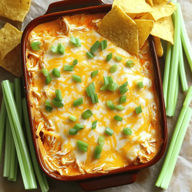 To make a great Buffalo Chicken Dip, you need some key items. Here’s a list of what you’ll need: - 2 cups shredded cooked chicken - 8 oz cream cheese, softened - 1 cup Buffalo sauce (adjust to taste) - 1 cup shredded cheddar cheese - 1/2 cup ranch dressing - 1/4 cup sliced green onions (plus extra for garnish) - Tortilla chips or celery sticks for serving For the chicken, I suggest using rotisserie chicken. It saves time and adds flavor. For the cream cheese, any brand will work, but I often go for Philadelphia. It blends well and gives a nice creamy texture. For the Buffalo sauce, Frank’s RedHot is a favorite among many cooks. It provides that perfect kick without being too overwhelming. Want to kick it up a notch? Here are some optional ingredients to enhance the flavor: - 1/2 cup crumbled blue cheese for a tangy twist - 1/2 teaspoon garlic powder for extra depth - 1/2 teaspoon onion powder for more flavor If you don’t have blue cheese, feel free to skip it or replace it with more cheddar cheese. You can also swap ranch dressing for blue cheese dressing for a different taste. Using Greek yogurt in place of ranch can lighten the dip while keeping it creamy. Get creative and make it your own! For the full recipe, check out the detailed instructions I provided earlier. First, gather your ingredients for Buffalo Chicken Dip. You need shredded chicken, cream cheese, Buffalo sauce, cheddar cheese, ranch dressing, and green onions. Start by preheating your oven to 350°F (175°C). This step is key for even cooking. In a large mixing bowl, combine the softened cream cheese and Buffalo sauce. Mix these two until they are smooth. You want a creamy base for your dip. Next, add the shredded chicken, ranch dressing, cheddar cheese, and green onions. Stir well until everything blends nicely. To achieve the best consistency, make sure the cream cheese is softened. If it’s too cold, it will be hard to mix. If you want a bit more creaminess, you can add a little extra ranch dressing. Once mixed, transfer the dip to a baking dish. Spread it evenly across the dish. This helps it cook evenly and bubble nicely. Now, place the baking dish in your preheated oven. Bake for about 20-25 minutes. You want to watch for doneness closely. The dip is ready when it is heated through and the cheese starts to bubble. Overbaking can make the dip dry, so keep an eye on it. When you notice the top is golden and bubbly, it’s time to take it out. Let it cool slightly before serving. This dip is best enjoyed warm, paired with tortilla chips or crunchy celery sticks. For the complete recipe, you can refer to the Full Recipe section. Enjoy making this easy and tasty party snack! To make the best Buffalo Chicken Dip, follow these tips: - Use cooked chicken. Shredded rotisserie chicken works great. - Soften the cream cheese before mixing. This helps it blend well. - Adjust the Buffalo sauce to your taste. More sauce means more heat! - Mix well to ensure all flavors combine. Common mistakes to avoid: - Don’t overbake it. Watch for bubbly cheese to know it’s done. - Avoid using too much ranch. It can mute the Buffalo flavor. - Make sure to chop green onions finely. This adds a nice crunch. Buffalo Chicken Dip shines with the right sides. Try these ideas: - Serve with crunchy tortilla chips for a classic combo. - Offer celery sticks for a fresh, crisp option. - Pair with carrot sticks for a bit of sweetness. To present the dish well: - Use a colorful serving dish to attract attention. - Garnish with extra green onions on top for a pop of color. - Serve warm for the best taste and texture. For the full recipe, check out the details above. {{image_2}} Want to add a kick? Toss in some sliced jalapeños. They boost the heat and flavor. You can also pour in extra Buffalo sauce. This gives your dip a spicy edge. If you like variety, try different sauces. Brands like sriracha or even hot sauce can work great. Each sauce brings its unique taste, keeping your guests excited. Looking for lighter choices? Swap out some ingredients for low-calorie ones. Use Greek yogurt instead of cream cheese. It tastes great and adds protein. You can also choose low-fat cheese. For a vegetarian or vegan twist, replace the chicken with shredded jackfruit. This keeps the texture while making it plant-based. Use vegan cream cheese and ranch dressing to keep it all dairy-free. These options let everyone enjoy the dip. To keep your Buffalo Chicken Dip fresh, store it in an airtight container. Make sure to cool it to room temperature first. This will help preserve its taste and texture. Buffalo Chicken Dip can last in the fridge for about 3 to 5 days. Always check for any off smells or mold before eating. If you see any, it's best to throw it out. When it's time to enjoy your leftovers, you have a few options to reheat. The oven method is great. Preheat it to 350°F (175°C) and bake the dip in a safe dish for about 15 minutes. This keeps the dip creamy and warm. You can also use the microwave. Heat it in short bursts of 30 seconds, stirring in between. This helps maintain the dip's texture. If it's too thick after reheating, add a splash of ranch dressing or some more Buffalo sauce to bring it back to life. Buffalo Chicken Dip lasts about 3 to 4 days in the fridge. Keep it in an airtight container. Signs of spoilage include a change in color or smell. If it looks or smells off, it’s best to toss it. Always check before you dig in. Yes, you can make Buffalo Chicken Dip ahead of time. Mix all the ingredients and store it in the fridge. Just cover it well. You can even bake it later. If you want to save time, prep the dip up to two days ahead of your party. You can serve Buffalo Chicken Dip with tortilla chips or celery sticks. These are classic choices. For a twist, try using crackers or cucumber slices. They add a nice crunch. You can also make it a meal by serving it with small bread bowls. This dip is very versatile, so get creative! Buffalo Chicken Dip is a tasty dish you can make with simple steps. We covered the best ingredients, baking methods, and tips for great flavor. Don't shy away from trying new ways to spice it up or make it healthier. Remember to store leftovers properly for future snacking. Each option we discussed helps you serve a great dip that impresses everyone. Enjoy making and sharing this fun dish at your next gathering!