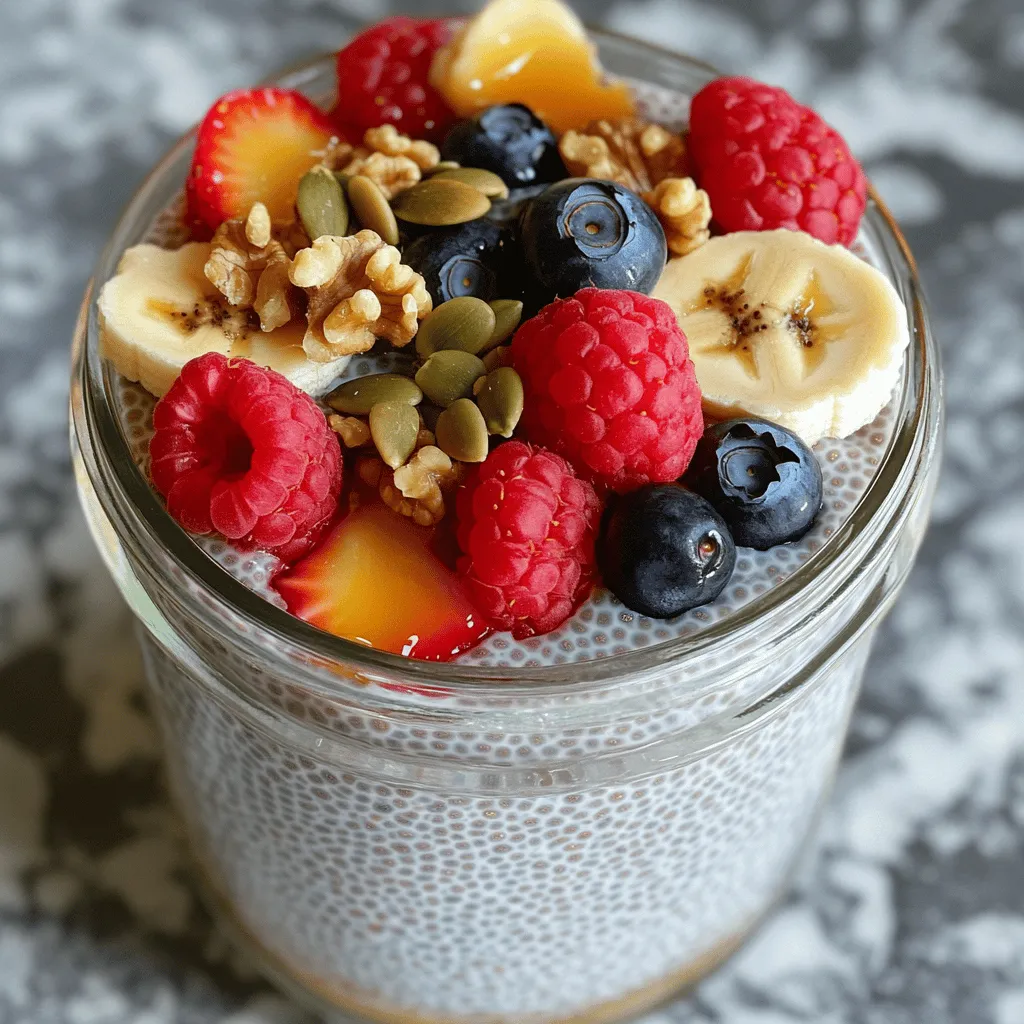 - 1/2 cup chia seeds - 2 cups almond milk (or any milk of choice) - 2 tablespoons maple syrup (or honey) - 1 teaspoon vanilla extract - 1/4 teaspoon cinnamon - Fresh berries (strawberries, blueberries, raspberries) for topping - Sliced bananas for topping - Nuts or seeds (e.g., walnuts, pumpkin seeds) for added crunch To make overnight chia pudding, you need simple ingredients. Chia seeds are small but mighty. They soak up liquid and turn into a thick pudding. Almond milk creates a creamy base. You can use any milk you prefer. Maple syrup or honey adds natural sweetness. Vanilla extract gives a nice flavor boost, while cinnamon adds warmth. Fresh berries and sliced bananas are great on top. They add color and taste. You can also sprinkle nuts or seeds for a crunch. This mix of flavors and textures makes the dish exciting. The ingredients come together to create a nutritious meal. Chia seeds are full of fiber, protein, and healthy fats. They help you feel full longer. This pudding is not just easy; it is also a smart choice for breakfast or snack. For the full recipe, check out the instructions to get started. To make overnight chia pudding, start by mixing the ingredients. In a medium bowl, combine: - 1/2 cup chia seeds - 2 cups almond milk (or any milk of choice) - 2 tablespoons maple syrup (or honey) - 1 teaspoon vanilla extract - 1/4 teaspoon cinnamon Use a whisk to mix everything together. It’s important to whisk well. This helps to break up any clumps of chia seeds. Ensure the seeds are evenly spread in the mixture. Now it’s time to chill your mixture. Cover the bowl with plastic wrap or move it to a sealed container. Place it in the fridge for at least 4 hours. For the best results, let it sit overnight. This allows the chia seeds to absorb the liquid and thicken. When you're ready to serve, check the pudding. It should be thick and creamy. If it seems too thick, add a splash of almond milk and stir. For serving sizes, divide the pudding into bowls or jars. I recommend giving each person a generous portion. Top each serving with fresh berries, sliced bananas, and a sprinkle of nuts or seeds. You can also drizzle a bit of extra maple syrup on top for sweetness. This pudding is not just a treat; it's a healthy breakfast or snack. It is packed with nutrients and keeps you full. Enjoy your delicious chia pudding! For the full recipe, check above. To get a creamy consistency, choose your milk wisely. Almond milk works well, but you can use oat or coconut milk. Mix the chia seeds with the milk right away. Whisk until the seeds are evenly spread. This helps avoid clumps. Let the mixture sit for a few minutes, then whisk again. If the pudding is too thick, simply add a splash of milk. Stir until it reaches your desired thickness. You can enhance the flavor in many ways. Try adding cocoa powder for a chocolatey twist. Fresh fruits like mango or peaches also add great taste. Use spices like nutmeg or cardamom for warmth. A few drops of almond or peppermint extract can change the game. Be brave and mix flavors to find your favorite. Presentation is key! Use clear jars or glasses to show off the layers. Start with a layer of pudding, then add fruits and nuts. Repeat this until you fill the jar. You can top it with a few whole berries or a mint leaf. This adds color and makes it look fancy. Serve it chilled for a refreshing treat. {{image_2}} You can use different types of milk for chia pudding. Almond milk is light and nutty. It adds a nice flavor without being too heavy. Oat milk is creamy and sweet. This milk is great for a richer taste. Coconut milk has a tropical twist. It gives a creamy texture and a hint of coconut. Pros and cons of each type: - Almond Milk: - Pros: Low in calories, nutty flavor. - Cons: May not be suitable for nut allergies. - Oat Milk: - Pros: Creamy texture, naturally sweet. - Cons: Higher in carbs than almond milk. - Coconut Milk: - Pros: Rich and creamy, adds tropical flavor. - Cons: Higher in fat and calories. You can choose sweeteners based on your taste. Natural sweeteners like honey and maple syrup are great options. They add flavor while being less processed. Refined sugars are sweeter but lack nutrients. If you want to cut carbs, use stevia or erythritol. These options are sugar-free and low in calories. Natural sweeteners vs. refined sugars: - Natural Sweeteners: - Pros: Better flavor, more nutrients. - Cons: Higher in calories. - Refined Sugars: - Pros: Very sweet, easy to find. - Cons: Lacks health benefits. Toppings make chia pudding fun. You can add many fruits like bananas, strawberries, or blueberries. Each fruit brings unique flavors and colors. Nuts add crunch. Try walnuts, almonds, or hazelnuts for texture. Seeds like pumpkin or sunflower seeds also add a satisfying crunch. Mix and match for your favorite flavors! The best seeds for extra crunch: - Pumpkin Seeds: Nutty flavor, high in zinc. - Sunflower Seeds: Crunchy, great for added texture. - Chia Seeds: Extra nutritious, boosts fiber and protein. For the full recipe, check out the Overnight Chia Pudding Delight. To keep your overnight chia pudding fresh, store it in the fridge. Use a sealed container to avoid odors from other foods. Make sure the lid is tight. This helps maintain the pudding's creamy texture. Homemade chia pudding lasts about 5 days in the fridge. You can enjoy it throughout the week. Yes, you can freeze chia pudding! This is great if you want to save some for later. Use an airtight container or a freezer bag. Leave some space at the top as it may expand. To thaw, place it in the fridge overnight. Stir it well before serving. You can add fresh toppings to make it tasty again. Check for signs of spoilage before eating. If it smells funny or has a strange color, it’s best to toss it. Chia pudding can sit at room temperature for about 2 hours. If it’s hot outside, limit this to 1 hour. Keeping track of time helps ensure your food stays safe. Chia pudding needs at least 4 hours to set. I recommend letting it sit overnight for the best flavor and texture. This gives the chia seeds time to absorb the liquid and swell. You want your pudding to be thick and creamy, not runny. Yes! You can easily make chia pudding without dairy. Almond milk is a great option, but you can also use oat milk, coconut milk, or soy milk. Each type of milk adds its own flavor. If you want a creamy texture, choose full-fat coconut milk. You have many options to sweeten chia pudding. Maple syrup is my favorite. It adds a rich flavor. Honey works well, too, but it’s not vegan. You can also use agave nectar or stevia if you want a low-calorie choice. Each sweetener changes the taste a little, so try them all! This blog post shared a simple recipe for chia pudding and its many variations. We covered the key ingredients, nutrition facts, and ways to prepare and serve the dish. You can enjoy it with different toppings and flavors to fit your taste. Storing it properly helps keep it fresh and tasty. With these tips, you can create a healthy treat that’s fun to make and eat. Try it out, and adjust it to your liking! Enjoy your chia pudding journey.