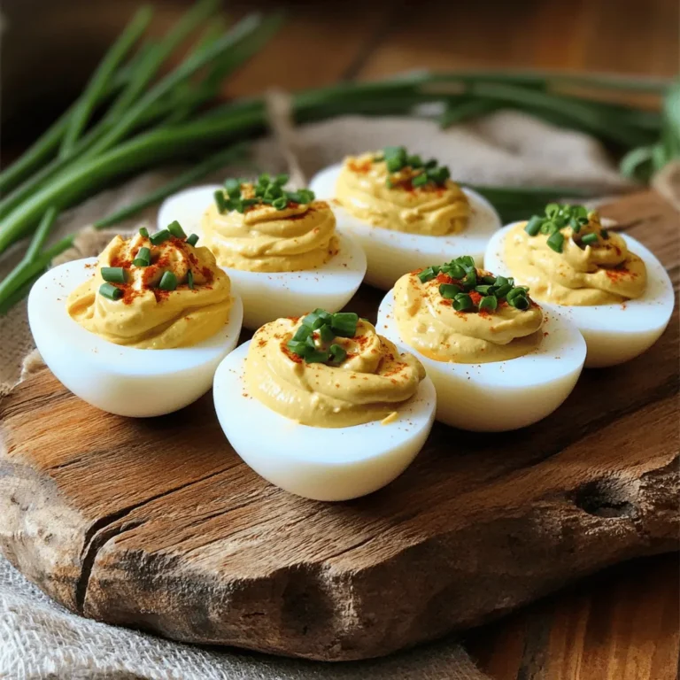 - 6 large eggs - 3 tablespoons mayonnaise - 1 teaspoon Dijon mustard - 1 teaspoon apple cider vinegar - Salt and pepper to taste - 1/4 teaspoon smoked paprika (plus extra for garnish) - Fresh chives or parsley for garnish Use the freshest eggs you can find. Fresh eggs make peeling easier. The mayonnaise adds creaminess. Choose a brand you love for the best taste. Dijon mustard brings a slight tang. If you like spice, add a bit more. Apple cider vinegar brightens the flavor. Adjust salt and pepper to your liking. Smoked paprika adds depth. You can use regular paprika if needed. Fresh herbs like chives or parsley add color and taste. If you have an egg allergy, try using chickpea flour. For a vegan option, use vegan mayonnaise. You can replace the Dijon mustard with yellow mustard. If you dislike vinegar, lemon juice works too. For a nut-free option, ensure your mayonnaise is nut-free. Always check labels if you have allergies. To start, you need to cook the eggs. Place six large eggs in a saucepan. Cover them with water, about an inch above the eggs. Bring the water to a boil over medium heat. Once it boils, cover the pan and take it off the heat. Let the eggs sit for twelve minutes. This helps them cook through without getting green yolks. After twelve minutes, transfer the eggs to an ice bath. This cools them quickly and makes peeling easier. Once the eggs are cool, it’s time to prepare the filling. Carefully peel each egg under running water. This helps remove the shell smoothly. Pat them dry with a paper towel. Next, slice each egg in half lengthwise. Gently scoop out the yolks into a mixing bowl. Add three tablespoons of mayonnaise, one teaspoon of Dijon mustard, one teaspoon of apple cider vinegar, salt, pepper, and 1/4 teaspoon of smoked paprika. Mash these ingredients together until smooth and creamy. This mixture is the heart of your deviled eggs. Now, let’s assemble your deviled eggs. Spoon or pipe the yolk mixture back into the egg white halves. Take your time to make them look nice. Once filled, sprinkle each egg with more smoked paprika. For a fresh touch, you can add snipped chives or parsley on top. This simple step makes your dish look even more appealing. For full details on this recipe, check out the Full Recipe. Enjoy your tasty deviled eggs! To make the best deviled eggs, start with the boil. First, place your eggs in a saucepan. Cover them with cold water, about an inch above the eggs. Then, bring the water to a boil over medium heat. Watch closely, as water can boil fast. When the water boils, cover the pan and turn off the heat. Let the eggs sit for 12 minutes. This method helps cook them evenly. After boiling, move the eggs into an ice bath. This step cools them quickly and makes peeling easier. When they are cool, peel the eggs under running water. This helps remove the shells without breaking the whites. Now, for creamy yolks, mash them with mayonnaise, mustard, and vinegar. Use a fork for a smooth texture. The more you mash, the creamier the filling will be. Presentation is key for deviled eggs. After filling the whites, sprinkle with smoked paprika. This adds color and taste. For a fresh touch, garnish with chopped chives or parsley. You can also add sliced olives or cherry tomatoes on top for creative flair. These simple ideas make your deviled eggs look gourmet and inviting. {{image_2}} Want to add some heat? Use sriracha or hot sauce. Mix a teaspoon into the yolk mixture. You can also sprinkle some cayenne pepper on top. This adds a nice kick. Adjust the spice to your liking. Swap mayonnaise for ripe avocado. Mash it until smooth with the yolks. Add lime juice and cilantro for freshness. This twist gives a creamy texture and a unique flavor. It's a great option for a healthy snack. For a savory twist, mix in crumbled bacon and shredded cheddar cheese. Add this right into the yolk filling. The bacon gives crunch and flavor. The cheese adds creaminess. You can even top with extra bacon bits for fun. These variations make deviled eggs fun and exciting. You can explore different flavors and find what you love. If you want to stick to the classic taste, check out the Full Recipe. To store leftover deviled eggs, place them in an airtight container. This helps keep them fresh. Make sure to cover them well to avoid drying out. You can also use plastic wrap to cover the eggs. Leftover eggs stay good in the fridge for up to 2 days. Always store deviled eggs in the fridge. The cold keeps them safe to eat. If possible, store them unfilled. This keeps the egg whites fresh longer. You can fill the egg whites just before serving. For the best taste, eat them within one day of making them. I do not recommend freezing deviled eggs. Freezing changes the texture. The egg whites can become rubbery and watery. If you must freeze, try freezing just the filling. Use an airtight container and label it. When ready to use, thaw in the fridge overnight. Then, fill fresh egg whites before serving. For the full recipe, check the Epic Classic Deviled Eggs. Yes, you can make deviled eggs a day ahead. Just prepare them and store them in the fridge. Use an airtight container to keep them fresh. This helps the flavors blend well. The deviled eggs taste great the next day. Just remember to add the garnish right before serving to keep them looking nice. I recommend using a creamy mayonnaise for the best taste. Regular mayonnaise works well, but you can also try flavored ones. Some people enjoy using organic or homemade mayo. These options can add a unique flavor. Just make sure it blends well with your other ingredients. If your filling tastes too salty or strong, don’t worry! You can fix it easily. Add more mashed yolk to balance the flavors. If you have extra eggs, use them. You can also add more mayonnaise to soften the taste. Mix well and taste again. Adjust until it's just right. You learned how to make deviled eggs step by step. We covered must-have ingredients, tips for cooking eggs, and fun variations. Remember, you can swap ingredients based on your needs. Storing leftovers is easy, so no need to waste food. Make these simple changes to enjoy your deviled eggs. Now, you can impress friends and family with your tasty treats. Enjoy your cooking and share the love of deviled eggs!
