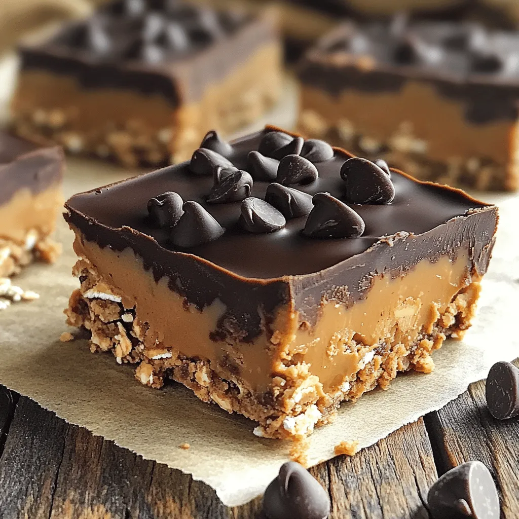 - 1 cup rolled oats - 1 cup natural peanut butter (smooth or crunchy) - 1/2 cup honey or maple syrup These key ingredients form the tasty base of the no-bake peanut butter bars. The oats provide a nice texture. The peanut butter adds creaminess and flavor. Honey or maple syrup brings sweetness and binds everything together. - 1/2 cup chocolate chips (milk or dark) - 1/4 cup unsweetened cocoa powder - Extra chocolate chips for topping (optional) You can enhance these bars with optional ingredients. Chocolate chips add indulgence, while cocoa powder gives a rich taste. Topping with extra chocolate chips makes them look pretty and even tastier. - Alternative sweeteners - Gluten-free options - Nut-free variations You can easily change some ingredients. Use agave or coconut sugar for sweeteners. If you need gluten-free bars, choose gluten-free oats. For nut-free options, you can substitute sunflower seed butter. These swaps help everyone enjoy this treat! 1. Mixing the dry ingredients: Start by placing rolled oats, cocoa powder, and a pinch of salt in a large mixing bowl. Stir them together until they blend well. This step helps create a solid base for your bars. 2. Combining wet ingredients with dry: Next, add natural peanut butter and honey (or maple syrup) to the bowl. Use a spatula or your hands to mix everything until it forms a sticky dough. Ensure all dry ingredients are coated well. 3. Preparing the pan: Line an 8x8 inch pan with parchment paper. Leave some paper hanging over the edges. This helps you lift the bars out easily later. 1. Transferring the mixture to the pan: Scoop the mixture into the lined pan. Use your hands or a spatula to press it down firmly. Make sure it is even and compact. 2. Adding toppings: If you want extra flavor, sprinkle some chocolate chips on top. Gently press them into the mixture to keep them in place. 3. Refrigeration process: Place the pan in the fridge for at least 2 hours. This helps the bars set and become firm enough to cut. 1. How to cut bars evenly: Once set, lift the bars out of the pan using the parchment paper. Use a sharp knife to cut them into even squares. This makes serving easier. 2. Presentation ideas: Arrange the bars on a nice plate. You can add some fresh fruit or a drizzle of chocolate on top for a pop of color. 3. Serving suggestions: Serve these bars chilled. They make a great snack or dessert. You can also pack them for lunch or take them on the go. For the full recipe, check out the No-Bake Peanut Butter Chocolate Dream Bars. - Achieving the perfect consistency: The key is to mix well. When you combine the rolled oats and peanut butter with the sweetener, aim for a sticky dough. It should hold together without being too dry or too wet. - How to avoid stickiness: Lightly grease your hands or use a spatula when pressing the mixture into the pan. This helps keep everything from sticking to you. - Timing for refrigeration: Allow the bars to chill for at least two hours. This gives them time to set properly and makes them easier to cut. - Overmixing the ingredients: Mix just until the oats and peanut butter blend well. Overmixing can make the bars tough. - Using the wrong type of nut butter: Stick to natural peanut butter. Avoid brands with added sugars or oils, as they change the texture and flavor. - Not packing the mixture firmly enough: Press down firmly when spreading the mixture in the pan. This helps create a dense bar that holds its shape. - Adding spices like cinnamon or sea salt: A pinch of these can elevate the taste. Cinnamon adds warmth, and sea salt enhances the sweetness. - Using flavored nut butters: Try almond or cashew butter for a fun twist. These can add unique flavors to your bars. - Mixing in fruits or seeds: Dried fruits like cranberries or seeds like chia can add texture and extra nutrition. Just make sure to chop them small to mix well. For the full recipe, check the details above. {{image_2}} You can add a fun twist to your no-bake peanut butter bars. Here are some ideas: - Chocolate-peanut butter twist: Mix in more cocoa powder or chocolate chips for a rich flavor. - Nut and seed additions: Add chopped nuts or seeds like sunflower or chia for crunch and health. - Swapping different nut butters: Try almond or cashew butter instead of peanut butter for a new taste. These bars can fit many diets. Here are some options: - Vegan adaptations: Use maple syrup instead of honey and ensure your chocolate chips are dairy-free. - Keto-friendly options: Swap honey for a low-carb sweetener like erythritol or stevia. - Allergy-friendly substitutions: Use seed butter if you need a nut-free option. How you serve these bars can make them even better. Consider these ideas: - Layering with yogurt: Serve the bars with a layer of yogurt on top for creaminess. - Drizzles or sauces: Top them with melted chocolate or caramel for extra flavor. - Serving styles (bars vs. bites): Cut them into bite-sized pieces for a fun snack or keep them as larger bars for a filling treat. For the full recipe, refer to the previous section. Enjoy making these tasty treats! To keep your no-bake peanut butter bars fresh, store them in an airtight container. This prevents moisture and air from getting in. If you don't have a container, wrap the bars tightly in plastic wrap. Storing them in the fridge keeps them firm and tasty. You can also freeze them for longer storage. Just make sure to use freezer-safe containers. How long do these bars last? If stored in the fridge, they can last up to one week. In the freezer, they can stay good for about three months. Check for signs of spoilage like an off smell or a change in texture. If they feel too soft or sticky, it’s best to toss them. Can you refreeze these bars? Yes, but it's best to avoid refreezing if possible. Each time you thaw and refreeze, the texture can change. To maintain quality, let the bars thaw in the fridge rather than at room temperature. This helps keep them firm and fresh. Always check for any signs of spoilage before eating. For the best taste, enjoy them fresh! To make No-Bake Peanut Butter Bars, follow these steps: 1. Mix the dry ingredients: In a bowl, combine rolled oats and cocoa powder. 2. Combine wet ingredients: Add peanut butter, honey, and vanilla to the dry mix. Stir well. 3. Fold in chocolate chips: Gently mix in chocolate chips until evenly spread. 4. Prepare the pan: Line an 8x8 inch pan with parchment paper. 5. Transfer and press: Put the mixture into the pan and press down firmly. 6. Refrigerate: Chill the bars for at least 2 hours until firm. 7. Cut and serve: Use the parchment paper to lift out the bars and cut into squares. This simple process creates a tasty treat. You can find the Full Recipe [here](#). Yes, you can use crunchy peanut butter. It adds a nice texture. The bars will have bits of peanuts, making them even more enjoyable. Just make sure to mix it well so all ingredients blend nicely. If you prefer a smooth texture, stick with creamy peanut butter. These bars can be a healthy snack. They contain: - Rolled oats: Great source of fiber. - Peanut butter: Packed with protein and healthy fats. - Honey or maple syrup: Natural sweeteners with some nutrients. However, keep in mind that they are still a treat. Moderation is key. They provide energy, but watch portion sizes if you're counting calories. You can customize these bars in many ways: - Add nuts or seeds: Mix in almonds or chia seeds for extra crunch. - Use different sweeteners: Try agave syrup or stevia for a lower-calorie option. - Experiment with flavors: Add a pinch of cinnamon or chocolate protein powder for a twist. Feel free to get creative! For clean cuts, follow these tips: - Use a sharp knife: A sharp knife makes smooth cuts without tearing the bars. - Warm the knife: Dip the knife in hot water before cutting. Wipe it dry and cut through. - Cut when chilled: Make sure the bars are firm from refrigeration. This helps with clean edges. These techniques will give you neat, beautiful bars for serving. This blog post shared a simple recipe for no-bake peanut butter bars. We covered key ingredients, optional additions, and substitutions. The step-by-step instructions make it easy to follow, ensuring great results. I shared tips to avoid common mistakes and enhance flavors. You can also explore variations for different diets. Finally, I provided storage tips to keep your bars fresh. Enjoy making this treat and customizing it to your taste!