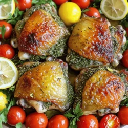Here’s what you need to make herb roasted chicken thighs: - 4 bone-in, skin-on chicken thighs - 1 tablespoon olive oil - 2 cloves garlic, minced - 1 tablespoon fresh rosemary, finely chopped - 1 tablespoon fresh thyme leaves - 1 tablespoon fresh parsley, finely chopped - Zest of 1 lemon - Salt and pepper to taste - 1 cup cherry tomatoes, halved - 1 lemon, sliced into rounds Each ingredient adds its own flavor. The chicken thighs are juicy and full of taste. The olive oil helps the skin crisp up nicely. Fresh herbs make every bite burst with flavor. Garlic provides a warm, rich taste. Lemon zest adds a bright note that balances the dish. Cherry tomatoes roast well and add sweetness. You can easily adjust the amount of herbs based on your taste. Use more or less garlic if you love it, or skip it for a milder flavor. The lemon slices not only look nice but add more tang when you eat them. For the full recipe, check out the section below. Enjoy cooking! - Preheat the oven to 425°F (220°C). - In a small bowl, mix olive oil, garlic, rosemary, thyme, parsley, lemon zest, salt, and pepper. This creates a flavorful herb paste. - Pat the chicken thighs dry with paper towels. Drying the skin makes it crispy. - Rub the herb paste all over the chicken. Make sure to get it under the skin for more flavor. - Place the chicken thighs in a large baking dish, skin side up. - Scatter the halved cherry tomatoes and lemon slices around the chicken. This adds color and flavor. - Roast for 30-35 minutes. The chicken should be golden and crispy. Check the internal temperature; it should reach 165°F (75°C). - After roasting, let the chicken rest for 5 minutes before serving. This keeps it juicy. For the full recipe, check the [Full Recipe]. To get that perfect crispy skin, start with dry chicken. I pat the chicken thighs dry with paper towels. This step helps remove moisture. Next, use a good amount of salt on the skin. Salt draws out more moisture while cooking. Place the chicken skin-side up in the oven. High heat is key, so roast at 425°F (220°C). This heat crisps the skin nicely. For maximum flavor, marinate the chicken for at least one hour. You can even marinate overnight for deeper flavor. Use a mix of herbs, garlic, and olive oil for the best taste. The herbs I like the most are rosemary, thyme, and parsley. They add fresh, bright notes to the chicken. Presentation matters! Serve the chicken on a large platter. Surround it with roasted cherry tomatoes and lemon slices. This makes the dish pop with color. Drizzle the pan juices over the chicken before serving. This adds extra flavor and makes it look appealing. For the full recipe, check out the recipe section above. {{image_2}} You can switch up the herbs in this recipe. If you want a different taste, try using basil or oregano. These herbs give a fresh flavor. You can also use dried herbs if fresh ones are not available. Just remember, dried herbs are stronger, so use less. For a spicy kick, add some crushed red pepper flakes. Experimenting with herbs lets you make the dish your own. Roasting vegetables with chicken adds more flavor. You can add carrots, bell peppers, or zucchini. Chop them into chunks and toss them with olive oil and salt. This makes a colorful side. You can use any veggies you like. Just make sure they cook well with the chicken. They will soak up the tasty juices from the chicken. You can use an air fryer for a quicker option. Set it to 400°F (200°C) and cook the chicken for about 25 minutes. This makes the skin crispy. A slow cooker is another choice. Cook on low for 6 hours or high for 3 hours. This keeps the chicken very juicy. Both methods offer unique textures and flavors. For the full recipe, check out the detailed instructions above! To store leftovers, let the chicken cool first. Place it in an airtight container. This keeps it fresh and safe to eat. Store the chicken in the fridge for up to four days. If you want to keep it longer, consider freezing. To freeze cooked chicken thighs, wrap each piece tightly in plastic wrap. Then, place them in a freezer-safe bag. Remove as much air as you can. Label the bag with the date. This way, the chicken stays good for up to three months. When ready to eat, thaw the chicken thighs in the fridge overnight. For reheating, use the oven for best results. Preheat your oven to 350°F (175°C). Place the chicken in a baking dish with a bit of broth or water. Cover it with foil to keep the moisture in. Heat for about 20-25 minutes, or until warmed through. This keeps the chicken juicy and tasty. For more details, check the Full Recipe for the perfect herb roasted chicken thighs. To check if the chicken is done, use a meat thermometer. Insert it into the thickest part of the thigh. The safe internal temperature for chicken is 165°F (75°C). Look for clear juices running from the chicken. If the juices run clear, the chicken is likely ready. Always let the chicken rest for a few minutes after cooking. This helps the juices settle, keeping it moist. Yes, you can use chicken breasts. However, thighs are juicier and more flavorful. If you choose breasts, reduce cooking time. Chicken breasts often cook faster than thighs. They will need about 25-30 minutes at the same oven temperature. Adjust the herb paste amount, as you may need less for smaller pieces. Herb roasted chicken thighs taste great with many sides. Here are some tasty options: - Roasted vegetables like carrots, zucchini, and bell peppers - Creamy mashed potatoes or garlic mashed potatoes - A fresh green salad with lemon vinaigrette - Rice pilaf with herbs and nuts - Crusty bread to soak up the pan juices These sides make a complete meal and complement the chicken’s flavors perfectly. For more ideas, check the Full Recipe. This article covered a tasty herb-roasted chicken recipe. You learned how to prep, season, and roast chicken thighs for crispy skin. We explored storage tips and cooking variations to suit your taste. Remember, you can swap herbs or add veggies for extra flavor. Experimenting will lead to delicious results. Enjoy making this dish for your family and friends!