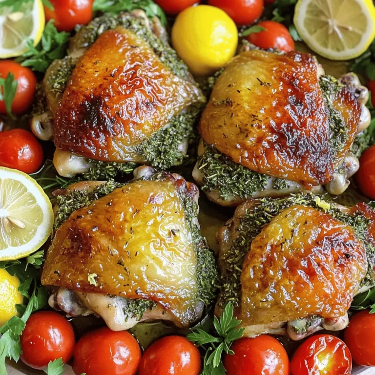 Here’s what you need to make herb roasted chicken thighs: - 4 bone-in, skin-on chicken thighs - 1 tablespoon olive oil - 2 cloves garlic, minced - 1 tablespoon fresh rosemary, finely chopped - 1 tablespoon fresh thyme leaves - 1 tablespoon fresh parsley, finely chopped - Zest of 1 lemon - Salt and pepper to taste - 1 cup cherry tomatoes, halved - 1 lemon, sliced into rounds Each ingredient adds its own flavor. The chicken thighs are juicy and full of taste. The olive oil helps the skin crisp up nicely. Fresh herbs make every bite burst with flavor. Garlic provides a warm, rich taste. Lemon zest adds a bright note that balances the dish. Cherry tomatoes roast well and add sweetness. You can easily adjust the amount of herbs based on your taste. Use more or less garlic if you love it, or skip it for a milder flavor. The lemon slices not only look nice but add more tang when you eat them. For the full recipe, check out the section below. Enjoy cooking! - Preheat the oven to 425°F (220°C). - In a small bowl, mix olive oil, garlic, rosemary, thyme, parsley, lemon zest, salt, and pepper. This creates a flavorful herb paste. - Pat the chicken thighs dry with paper towels. Drying the skin makes it crispy. - Rub the herb paste all over the chicken. Make sure to get it under the skin for more flavor. - Place the chicken thighs in a large baking dish, skin side up. - Scatter the halved cherry tomatoes and lemon slices around the chicken. This adds color and flavor. - Roast for 30-35 minutes. The chicken should be golden and crispy. Check the internal temperature; it should reach 165°F (75°C). - After roasting, let the chicken rest for 5 minutes before serving. This keeps it juicy. For the full recipe, check the [Full Recipe]. To get that perfect crispy skin, start with dry chicken. I pat the chicken thighs dry with paper towels. This step helps remove moisture. Next, use a good amount of salt on the skin. Salt draws out more moisture while cooking. Place the chicken skin-side up in the oven. High heat is key, so roast at 425°F (220°C). This heat crisps the skin nicely. For maximum flavor, marinate the chicken for at least one hour. You can even marinate overnight for deeper flavor. Use a mix of herbs, garlic, and olive oil for the best taste. The herbs I like the most are rosemary, thyme, and parsley. They add fresh, bright notes to the chicken. Presentation matters! Serve the chicken on a large platter. Surround it with roasted cherry tomatoes and lemon slices. This makes the dish pop with color. Drizzle the pan juices over the chicken before serving. This adds extra flavor and makes it look appealing. For the full recipe, check out the recipe section above. {{image_2}} You can switch up the herbs in this recipe. If you want a different taste, try using basil or oregano. These herbs give a fresh flavor. You can also use dried herbs if fresh ones are not available. Just remember, dried herbs are stronger, so use less. For a spicy kick, add some crushed red pepper flakes. Experimenting with herbs lets you make the dish your own. Roasting vegetables with chicken adds more flavor. You can add carrots, bell peppers, or zucchini. Chop them into chunks and toss them with olive oil and salt. This makes a colorful side. You can use any veggies you like. Just make sure they cook well with the chicken. They will soak up the tasty juices from the chicken. You can use an air fryer for a quicker option. Set it to 400°F (200°C) and cook the chicken for about 25 minutes. This makes the skin crispy. A slow cooker is another choice. Cook on low for 6 hours or high for 3 hours. This keeps the chicken very juicy. Both methods offer unique textures and flavors. For the full recipe, check out the detailed instructions above! To store leftovers, let the chicken cool first. Place it in an airtight container. This keeps it fresh and safe to eat. Store the chicken in the fridge for up to four days. If you want to keep it longer, consider freezing. To freeze cooked chicken thighs, wrap each piece tightly in plastic wrap. Then, place them in a freezer-safe bag. Remove as much air as you can. Label the bag with the date. This way, the chicken stays good for up to three months. When ready to eat, thaw the chicken thighs in the fridge overnight. For reheating, use the oven for best results. Preheat your oven to 350°F (175°C). Place the chicken in a baking dish with a bit of broth or water. Cover it with foil to keep the moisture in. Heat for about 20-25 minutes, or until warmed through. This keeps the chicken juicy and tasty. For more details, check the Full Recipe for the perfect herb roasted chicken thighs. To check if the chicken is done, use a meat thermometer. Insert it into the thickest part of the thigh. The safe internal temperature for chicken is 165°F (75°C). Look for clear juices running from the chicken. If the juices run clear, the chicken is likely ready. Always let the chicken rest for a few minutes after cooking. This helps the juices settle, keeping it moist. Yes, you can use chicken breasts. However, thighs are juicier and more flavorful. If you choose breasts, reduce cooking time. Chicken breasts often cook faster than thighs. They will need about 25-30 minutes at the same oven temperature. Adjust the herb paste amount, as you may need less for smaller pieces. Herb roasted chicken thighs taste great with many sides. Here are some tasty options: - Roasted vegetables like carrots, zucchini, and bell peppers - Creamy mashed potatoes or garlic mashed potatoes - A fresh green salad with lemon vinaigrette - Rice pilaf with herbs and nuts - Crusty bread to soak up the pan juices These sides make a complete meal and complement the chicken’s flavors perfectly. For more ideas, check the Full Recipe. This article covered a tasty herb-roasted chicken recipe. You learned how to prep, season, and roast chicken thighs for crispy skin. We explored storage tips and cooking variations to suit your taste. Remember, you can swap herbs or add veggies for extra flavor. Experimenting will lead to delicious results. Enjoy making this dish for your family and friends!