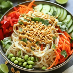 - 8 ounces rice noodles - 1 cup shredded carrots - 1 cup red bell pepper, thinly sliced - 1 cup cucumber, julienned - 1 cup edamame, shelled - 1/2 cup green onions, chopped - 1/2 cup chopped cilantro - 1/4 cup crushed peanuts (for garnish) To create this Thai Peanut Noodle Salad, start with rice noodles. They are light and soak up flavors well. Fresh vegetables add crunch and color. I love using carrots, red bell peppers, cucumbers, and edamame. Green onions and cilantro give it a fresh taste. For the peanut dressing, you will need peanut butter, soy sauce, lime juice, maple syrup, sesame oil, garlic, and ginger. This mix creates a rich and tangy flavor that pairs perfectly with the noodles and veggies. - Crushed peanuts - Additional cilantro - Lime wedges Garnishing your salad adds a pop of color and extra crunch. Crushed peanuts bring texture, while extra cilantro gives a fresh burst. A squeeze of lime brings added zing to every bite. - Alternative vegetables - Different nut butters - Gluten-free options Feel free to swap vegetables based on your taste. You can try bell peppers, snap peas, or even zucchini. If you have nut allergies, use sunbutter or tahini instead of peanut butter. For gluten-free options, choose rice noodles made from rice flour. These swaps keep your salad fresh and exciting. For the full recipe, check out the detailed instructions. To start, cook the rice noodles. Follow the package instructions closely. This usually takes about 4 to 6 minutes. Drain the noodles when done, and rinse them under cold water. This step stops the cooking and cools them down. Set the noodles aside in a large bowl. Next, chop the fresh veggies. Use a sharp knife for ease. I recommend cutting the red bell pepper into thin strips. Cut the cucumber into long, thin pieces. Shred the carrots finely. Combine all the veggies in a large mixing bowl. Toss them gently to mix well. Good knife skills make for a nice presentation. Always cut evenly for a beautiful look. Now it’s time to whip up that peanut dressing. In a separate bowl, combine the peanut butter, soy sauce, lime juice, maple syrup, sesame oil, minced garlic, and grated ginger. Whisk these ingredients together until smooth. If the dressing feels too thick, add water little by little. Keep whisking until you reach a smooth, pourable consistency. Once your dressing is ready, add the cooked noodles to the veggie mix. Pour the dressing over everything. Toss until the noodles and veggies are well coated. For the full recipe, check the details above. Enjoy your tasty Thai peanut noodle salad! To make the best Thai Peanut Noodle Salad, focus on noodle texture. Cook rice noodles until soft but not mushy. Rinse them with cold water to stop cooking. This keeps them firm. Next, think about your vegetables. Use fresh, crisp veggies for a great crunch. Shredded carrots add sweetness, while cucumber gives a refreshing bite. Bell peppers bring color and flavor. To boost flavors, consider adding fresh herbs. Cilantro brings brightness, while mint adds a cool touch. You can also sprinkle in some crushed red pepper for heat. When it comes to ingredients, fresh is best. Fresh ginger and garlic pack more punch than dried. If you use dried ingredients, cut back on the amount. You can make this salad ahead of time. Just store the dressing separately. Mix everything when you’re ready to eat. This keeps the noodles and veggies fresh. For leftovers, store them in an airtight container in the fridge. They last about three days. Before serving, toss in extra dressing to refresh flavors. For the full recipe, check out the detailed instructions above. {{image_2}} You can easily make this salad vegan or vegetarian. Just use maple syrup instead of honey. For a low-carb option, swap rice noodles for spiralized zucchini or shirataki noodles. These swaps still give you a tasty dish without the carbs. If you want to spice things up, try adding chili flakes or sriracha to the dressing. This gives a sweet and spicy kick. You can also swap local ingredients. For example, use local nuts instead of peanuts. This adds a unique flavor that tells a story of your region. When serving, think about how to impress your guests. Use a large bowl for a family-style meal or individual plates for a more refined look. Garnish with extra cilantro and crushed peanuts for color. You can pair this salad with grilled chicken, shrimp, or tofu for added protein. This combination makes it filling and delicious. Check out the Full Recipe for more ideas on how to customize your dish! You can store Thai Peanut Noodle Salad in the fridge for up to three days. To keep it fresh, use an airtight container. This helps prevent moisture loss and keeps the salad crisp. If you have leftovers, make sure to separate the dressing from the salad. This keeps the noodles and veggies from getting soggy. I don’t recommend freezing the entire salad. The fresh veggies lose their crunch and texture when thawed. However, you can freeze any leftover peanut dressing. Pour it into a freezer-safe container and store it for up to three months. When you are ready to use it, let it thaw in the fridge overnight. To keep your Thai Peanut Noodle Salad fresh, store it in the fridge right after you make it. Use fresh, crisp vegetables. If you can, chop them just before serving. When reheating, use a microwave on low heat. Heat only until warm, not hot, to protect the salad's texture. For best results, enjoy the salad cold! Thai Peanut Noodle Salad is a bright and fresh dish. It features rice noodles tossed with crisp veggies. The salad is topped with a rich peanut dressing. This dressing adds depth and creaminess. Each bite bursts with flavor and texture. The mix of colors makes it a feast for the eyes. This salad is perfect for warm days or as a side dish. Yes, you can make this salad ahead of time! I recommend making it up to a day in advance. Keep the dressing separate until you serve. This way, the noodles and veggies stay fresh and crisp. If you plan to store leftovers, use an airtight container. The salad will last in the fridge for up to three days. If you need an alternative to rice noodles, try these options: - Soba noodles: These buckwheat noodles add a nutty flavor. - Udon noodles: These thick wheat noodles provide a chewy texture. - Zucchini noodles: A great gluten-free choice that adds freshness. For gluten-free substitutes, use gluten-free rice noodles. They offer the same great taste without gluten. In this blog post, we explored making a delicious Thai Peanut Noodle Salad. We discussed key ingredients like rice noodles, fresh veggies, and the tasty peanut dressing. You learned how to cook noodles, prepare vegetables, and mix the dressing correctly. Finally, remember that creativity is key. Feel free to tweak flavors, try new veggies, or adjust for dietary needs. Enjoy your salad fresh or as a meal prep. With these tips, you can confidently make a fantastic dish every time!