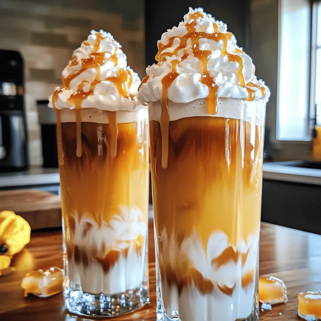 To make Salted Caramel Iced Coffee, gather these key items: - 2 cups brewed coffee, cooled - 1/2 cup milk (dairy or plant-based) - 1/4 cup caramel sauce, plus extra for drizzling - 1/4 teaspoon sea salt, plus more for garnish - Ice cubes - Whipped cream (optional) These ingredients create a creamy, sweet drink. If you want to change things up, try using cold brew coffee instead of regular coffee. It gives a smooth taste. For the milk, almond or oat milk works great too. You can also add more or less caramel sauce based on your taste. You can add fun flavors to your iced coffee. Here are some ideas: - A splash of vanilla extract for warmth - A sprinkle of cocoa powder for a chocolatey twist - A dash of cinnamon for a warm spice If you want a richer taste, consider adding flavored syrups. They can enhance your drink without much work. If you prefer not to use whipped cream, try coconut cream as a lighter option. It adds a nice flavor and keeps it creamy. To start, brew your coffee. Use your favorite method. Let it cool to room temperature. You can chill it in the fridge for faster results. Next, grab a mixing bowl or jar. Combine the cooled coffee, milk, caramel sauce, and sea salt. Stir well. Make sure the caramel mixes in fully. This gives your drink that sweet and salty flavor. Now, it’s time for some fun! Fill two tall glasses with ice cubes. Pour your salted caramel coffee mixture over the ice. Fill each glass to your desired level. If you want a little extra treat, top each glass with whipped cream. Drizzle some caramel sauce over the whipped cream. Finish with a sprinkle of sea salt. This adds a nice touch to your drink. To serve, present your iced coffee right away. Use a straw or a long spoon for stirring. This makes it easy to mix in the whipped cream and caramel. For garnish, you can add a few chocolate shavings or a sprig of mint if you like. These small touches can make your drink look fancy. Enjoy this delicious treat with your family or friends. You can find the Full Recipe for detailed instructions if needed. To make a great salted caramel iced coffee, focus on brewing methods that bring out the flavor. Here are some tips for you: - Use a French press: This method gives a rich, full taste. Just steep the coffee for four minutes, then press. - Try cold brew: It’s smooth and less bitter. Mix coarsely ground coffee with cold water. Let it steep for 12 to 24 hours in the fridge. - Opt for medium to dark roast: These beans have bold flavors that pair well with caramel. When choosing coffee beans, look for fresh, high-quality options. Here are some details: - Single-origin beans: These come from one place and have unique flavors. They can enhance your drink. - Check roast dates: Fresh beans taste better. Avoid beans more than two weeks old. - Grind size matters: For a French press, use a coarse grind. For cold brew, a coarse grind also works best. Homemade caramel sauce gives your iced coffee a special touch. Here’s how to make it right: - Start with sugar: Use granulated sugar in a pan over medium heat. Stir until it melts into a golden color. - Add butter: Once the sugar melts, add butter. Stir constantly to mix it in well. - Pour in cream: After the butter melts, slowly add heavy cream. Be careful; it may bubble. - Season with salt: A pinch of sea salt enhances the flavor. Stir well and let it cool before using. To achieve the perfect consistency, keep these tips in mind: - Too thick? Add a little water or cream to loosen it up. Heat gently if needed. - Too thin? Simmer it longer to thicken the sauce. Watch it closely to prevent burning. - Store properly: Keep your caramel in a jar in the fridge. It lasts for up to two weeks. With these tips, your salted caramel iced coffee will shine. Enjoy the rich flavors and smooth texture! For the complete recipe, check out the Full Recipe section. {{image_2}} You can have fun with flavors in your salted caramel iced coffee. Try adding a splash of vanilla extract for a sweet twist. If you love chocolate, mix in some mocha syrup. This gives your drink a rich taste. Seasonal flavors can also spice things up. During fall, add some pumpkin spice for a cozy feel. In summer, a hint of mint can refresh your drink. These variations make your iced coffee unique every time. If you follow a vegan diet, use plant-based milk. Almond, oat, or coconut milk works great. You can also make this drink dairy-free. Just stick to the plant-based options and leave out the whipped cream. For those watching sugar intake, try using sugar-free caramel sauce. This way, you can enjoy the sweet taste without the extra calories. You can still savor every sip of your iced coffee while keeping it healthy. For the full recipe, check out the Salted Caramel Iced Coffee. To keep your salted caramel iced coffee fresh, store it in a sealed container. Glass jars work well, as they do not absorb odors. Make sure the coffee is cold before sealing it. This helps maintain its rich flavor. You can store it in the fridge for up to three days. After that, the taste may fade, and it could lose its charm. You can make iced coffee ahead of time for busy days. Brew a larger batch of coffee and let it cool. Then, divide it into portions and store them in the fridge. This way, you have coffee ready to use! When you want to enjoy your drink, just mix in the milk and caramel sauce. For convenience, you can prep all your ingredients in advance. Measure out the caramel sauce and salt, so they are ready to go. This makes assembling your drink quick and easy! How do I make a stronger iced coffee? To make a stronger iced coffee, use more coffee grounds when brewing. You can also brew your coffee as a cold brew. This method brings out rich flavors. If you want a quick fix, try adding an extra shot of espresso. Can I use instant coffee for this recipe? Yes, you can use instant coffee! Just mix the instant coffee with hot water to dissolve it. Then, let it cool before adding it to your drink. Instant coffee works well when you’re short on time. Is iced coffee bad for you? No, iced coffee is not bad for you if enjoyed in moderation. It contains caffeine, which can boost your energy. However, too much caffeine can lead to jitters or trouble sleeping. It’s best to keep your intake to a moderate level. What are the health benefits of coffee? Coffee has many health benefits! It can improve focus and boost your mood. It also has antioxidants that help fight free radicals. Studies suggest coffee drinkers may have a lower risk of certain diseases. Where to buy premade salted caramel iced coffee You can find premade salted caramel iced coffee at many grocery stores. Look in the beverage aisle or the refrigerated section. Some coffee shops also offer this tasty drink, especially during summer months. Recommended brands to try Some great brands to try include Starbucks, Dunkin', and Califia Farms. They offer quality iced coffee with salted caramel flavor. Always check the label for ingredients if you have dietary needs. For a homemade touch, try the full recipe to make your own! You now have a full guide on making salted caramel iced coffee. We covered required and optional ingredients, plus helpful substitutions. The step-by-step instructions simplify brewing and serving. I shared tips for the best flavors and techniques to make caramel sauce. You explored fun variations and dietary options too. Finally, I explained storage methods and answered common questions. Enjoy making your perfect iced coffee creation!