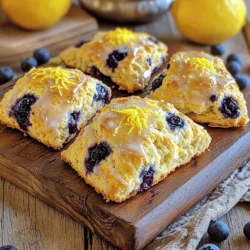 - 2 cups all-purpose flour - 1/2 cup granulated sugar - 2 1/2 teaspoons baking powder - 1/2 teaspoon baking soda - 1/4 teaspoon salt - 1/2 cup unsalted butter, cold and cubed - 1/2 cup buttermilk, cold - 1 large egg - Zest of 1 lemon - 1 cup fresh blueberries - 1 teaspoon vanilla extract - 1 tablespoon lemon juice - Optional: 1 egg for egg wash To make Lemon Blueberry Scones, you need simple ingredients. These scones are bright and tasty. The main ingredients create the base. Flour gives structure, while sugar adds sweetness. Baking powder and baking soda help the scones rise. Salt balances the flavors. Next, we have additional ingredients that enhance the flavor. Cold butter is key for a flaky texture. Buttermilk adds moisture and tang. The egg binds everything together. Lemon zest brings a fresh, citrusy taste. Fresh blueberries burst with sweetness in every bite. Vanilla extract adds warmth, and lemon juice brightens the scones. For a golden finish, you can use an egg wash. This step is optional but makes the scones look nice. With these ingredients, you can create a delightful treat. You can find the complete preparation steps in the Full Recipe. - Preheat oven to 400°F (200°C). - Line a baking sheet with parchment paper. - Combine flour, sugar, baking powder, baking soda, and salt in a bowl. - Stir well to ensure even mixing. - Whisk together buttermilk, egg, lemon zest, vanilla extract, and lemon juice. - Mix until smooth and well combined. - Mix dry and wet ingredients until just combined. - Gently fold in blueberries, being careful not to break them. - Transfer dough to a floured surface. - Pat it into a rectangle about one inch thick. - Cut into triangles or use a round cutter for shapes you like. - Place the scones on the prepared baking sheet. - Brush with egg wash if you want a shiny top. - Bake for 15-20 minutes until golden brown. The Full Recipe will guide you through these steps with exact measurements and tips for success. Enjoy the process, and soon you will have warm, zesty, and fluffy scones to share! To make your scones light and fluffy, do not overmix the dough. Mixing too much makes them tough. Use cold butter for flakiness. This helps create those lovely layers that everyone loves in a scone. When using frozen blueberries, do not thaw them before adding to the dough. This keeps them from getting mushy. Toss the blueberries in a bit of flour to prevent sinking. This simple step helps distribute them evenly in your scones. Serve your scones warm. A drizzle of lemon glaze adds a sweet touch. Pair them with clotted cream for a rich flavor. These simple ideas can elevate your scone experience. For the full recipe, check out the recipe section. {{image_2}} You can add chopped walnuts or almonds for a crunch. Nuts enhance the flavor and texture. Just fold them into the dough with the blueberries. This extra step creates a delightful surprise in each bite. Swap blueberries for cranberries or strawberries for a different taste. This simple change makes the scones feel fresh and new. You can even mix and match fruits for a unique twist. Consider using seasonal fruits for the best flavor. To make these scones gluten-free, use a gluten-free flour blend instead of all-purpose flour. This adjustment keeps the scones light and fluffy. Just ensure your blend works well for baking. Always check the package for proper ratios and guidelines. Store leftover scones in an airtight container. Keep them at room temperature. This helps maintain their softness and flavor. They should stay fresh for about three days. If you have more, consider freezing them. You can freeze scones either before baking or after cooling. To freeze before baking, shape the scones and place them on a baking sheet. Freeze until firm, then transfer to a freezer bag. To freeze baked scones, let them cool completely. Then, wrap them tightly in plastic wrap or foil. They can last up to a month in the freezer. To enjoy your scones again, reheat them properly. The oven works best. Preheat it to 350°F (175°C). Place the scones on a baking sheet and warm for about 10 minutes. You can also use a microwave. Heat them for about 15-20 seconds. However, the oven gives a better texture. Enjoy them warm for the best taste! Lemon blueberry scones typically last up to 3 days at room temperature. You can also freeze them for up to a month. To keep them fresh, store them in an airtight container. If you freeze them, wrap each scone well to prevent freezer burn. Yes, you can substitute buttermilk easily. Just mix regular milk with a splash of vinegar or lemon juice. Let it sit for about five minutes. This will give you a similar tangy flavor. If your scones turn out too crumbly, check your butter. Make sure it's well mixed into the flour. Also, avoid overmixing the dough. Mixing too much can lead to tough scones. Always handle the dough gently. For the best texture, keep the dough moist and fluffy. You can make delicious lemon blueberry scones by following the easy steps outlined. First, mix dry and wet ingredients carefully, then fold in fresh blueberries. Achieving a light texture is key, so remember not to overmix. For unique flavors, feel free to add nuts or swap berries. Store leftovers properly or freeze them for later. With a little practice, you’ll create delightful treats that impress everyone. Enjoy every bite of your homemade scones!