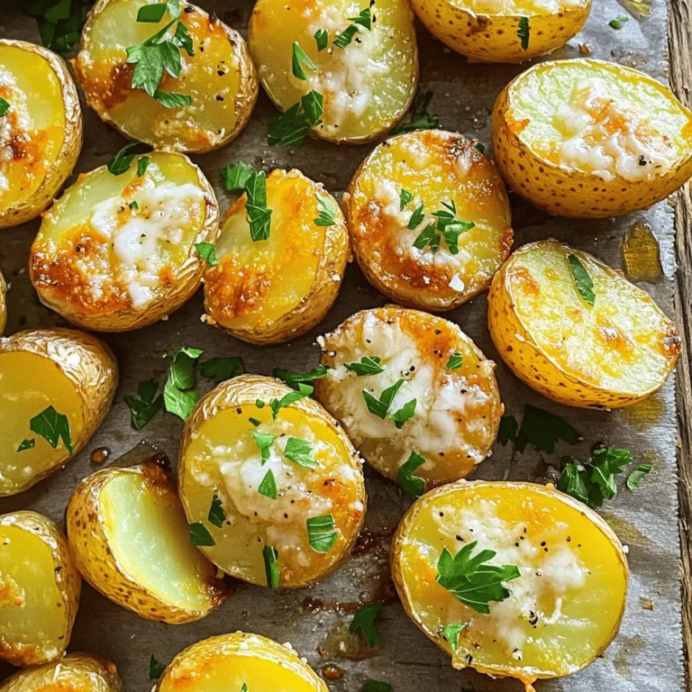 To make Garlic Parmesan roasted potatoes, you need simple yet tasty ingredients. - 1.5 lbs baby potatoes, halved: Baby potatoes are small and tender. Their skins hold flavor well and give a nice texture. - 4 tablespoons olive oil: Olive oil adds richness and helps the potatoes roast evenly. - 4 cloves garlic, minced: Garlic brings a bold flavor. It caramelizes, giving a sweet, savory taste to the dish. Herbs and seasonings make your dish pop. - 1 tablespoon dried thyme: Thyme gives an earthy note that pairs well with potatoes. - 1 tablespoon dried rosemary: Rosemary adds a fragrant touch and enhances the overall flavor. - Salt and black pepper to taste: Salt brings out all the flavors, while black pepper adds a gentle heat. Garnishes can elevate your dish. - Fresh parsley, chopped (for garnish): Parsley adds a fresh color and brightness. - Additional cheese variations: You can use different cheeses like cheddar or mozzarella for a twist. These ingredients come together to create a simple yet delicious side dish. To see the full recipe, check out the [Full Recipe]. First, let's prep the potatoes. You want to use baby potatoes for this dish. They are small and cook evenly. Start by washing them well. Then, cut each potato in half. This helps them roast faster. Next, grab a large mixing bowl. In this bowl, combine the halved potatoes, olive oil, and minced garlic. The olive oil makes the potatoes crispy. Add dried thyme and rosemary for flavor. Don't forget to season with salt and black pepper. Toss everything together until the potatoes are well coated. Now it's time to roast. Preheat your oven to 425°F (220°C). This high temperature gives the potatoes a nice golden color. Once the oven is hot, take a baking sheet. Spread the seasoned potatoes in a single layer on the sheet. Make sure they have space around them. This helps them brown well. Roast the potatoes for about 25 minutes. Stir them halfway through for even cooking. You want them to be golden brown and fork-tender. After roasting, it's time for the cheese. Remove the baking sheet from the oven. Sprinkle the grated Parmesan cheese evenly over the hot potatoes. This cheese adds a rich flavor. Return the baking sheet to the oven for another 5 to 7 minutes. Watch closely as the cheese melts and gets crispy. When done, take the baking sheet out and let it cool for a few minutes. Garnish with fresh chopped parsley for a pop of color. For the full recipe, check out the details above. Enjoy your Garlic Parmesan Roasted Potatoes! To get the best Garlic Parmesan roasted potatoes, space is key. When you spread the potatoes on the baking sheet, make sure they are not touching. This helps them cook evenly and get crispy. If they are too close, they will steam instead of roast. Oven temperature matters too. Preheat your oven to 425°F (220°C). A hot oven helps the outside get golden brown. Always check the temperature with an oven thermometer if you can. This way, you ensure your oven heats correctly. After cooking, let your potatoes cool completely. Once cooled, transfer them to an airtight container. This keeps them fresh and tasty. Store in the fridge for up to three days. When reheating, use the oven for the best results. Preheat your oven to 375°F (190°C). Spread the potatoes on a baking sheet and heat for about 10-15 minutes. This method keeps them crispy. You can also microwave them, but they may not stay as crunchy. Feel free to mix things up with herbs. Instead of thyme and rosemary, try using oregano or basil. These simple changes can give a new flavor twist. You can also swap the cheese. If you want a different taste, use mozzarella or feta. This gives a fun twist to classic Garlic Parmesan roasted potatoes. Each variation adds its own special touch to this easy side dish. For the full recipe, check out the [Full Recipe]. {{image_2}} Garlic Parmesan roasted potatoes go well with many main dishes. They are great with grilled chicken. The crispy edges balance the juicy meat. You can also serve them with steak or pork chops. The rich flavors of garlic and cheese enhance the savory proteins. For a lighter option, pair these potatoes with fish. Salmon or tilapia works nicely. The freshness of the fish complements the hearty potatoes. Adding some green veggies brightens your plate. Try steamed broccoli or sautéed green beans. Their crunch and color create a fun contrast. Serving your garlic Parmesan roasted potatoes well makes them more appetizing. Use a large, shallow bowl to display the potatoes. It helps show off their golden color. If you want to impress, try using individual plates. This is perfect for dinner parties or special events. Garnishing adds a nice touch. Sprinkle fresh parsley on top just before serving. It gives a pop of color and freshness. You can also add more grated cheese for extra flavor. Garlic Parmesan roasted potatoes fit into many meal plans. You can make them ahead of time and reheat them. They are perfect for family dinners or potlucks. For a larger meal, serve them with a big salad. This adds freshness and balances the meal. You can also use these potatoes as a side for holiday gatherings. They are sure to be a hit at any occasion. Check out the Full Recipe to make these tasty potatoes your new favorite side dish! Garlic Parmesan roasted potatoes are tasty and filling. Each serving has about 200 calories. The macronutrient breakdown includes: - Carbohydrates: 30g - Protein: 5g - Fat: 8g These numbers can change based on the amount of oil or cheese you use. Potatoes are more than just delicious; they are also packed with nutrients. They provide: - Vitamin C: Great for your immune system. - Potassium: Helps with muscle and nerve function. Garlic is another superstar. It has compounds that may boost heart health. Plus, herbs like thyme and rosemary add flavor and antioxidants. They can help reduce inflammation in your body. If you want to lower carbs, try using cauliflower instead of potatoes. It still gives a nice texture. For those who need gluten-free options, this recipe is already safe. Just make sure all your seasonings are gluten-free. Enjoy your garlic Parmesan roasted potatoes worry-free! For the full recipe, check the earlier section. How can I make them crispy? To make your garlic Parmesan roasted potatoes crispy, use high heat. Preheat your oven to 425°F (220°C). Spread the potatoes out on the baking sheet. Give them space to roast evenly. Stir them halfway through cooking. This helps them brown better. Also, adding Parmesan cheese toward the end ensures it gets crispy. Can I use other types of potatoes? Yes, you can use other types of potatoes. Russet potatoes work well. They become fluffy inside. Yukon Gold potatoes have a creamy texture. You can even try sweet potatoes for a twist. Just adjust the cooking time as needed. Can I make this dish vegan? Yes, you can easily make this dish vegan. Replace Parmesan cheese with nutritional yeast or a vegan cheese alternative. Use olive oil as your fat source. This keeps the flavor but removes dairy. What to do with leftovers? Leftovers can be stored in an airtight container. They will last for about three days in the fridge. To reheat, use an oven or air fryer. This helps keep them crispy. You can also toss them into a salad for a tasty addition. Why are my potatoes soggy? Soggy potatoes usually mean they are too crowded on the baking sheet. Make sure they have enough space. Also, check the oven temperature. If it's too low, they won't crisp up. Finally, tossing them in oil can help prevent sogginess. How to tell when they are done baking? To check if your potatoes are done, use a fork. They should be fork-tender and golden brown. You can also look for a crispy layer of cheese on top. If they need more time, put them back in the oven for a few more minutes. This blog post covered how to make Garlic Parmesan Roasted Potatoes. We discussed key ingredients like baby potatoes, olive oil, and garlic. I shared step-by-step instructions, tips for perfect roasting, and how to store leftovers. We also explored serving ideas and the nutritional benefits of the main ingredients. In summary, these potatoes are easy to make and delicious. You can customize them to fit your taste. Enjoy your cooking and have fun experimenting!