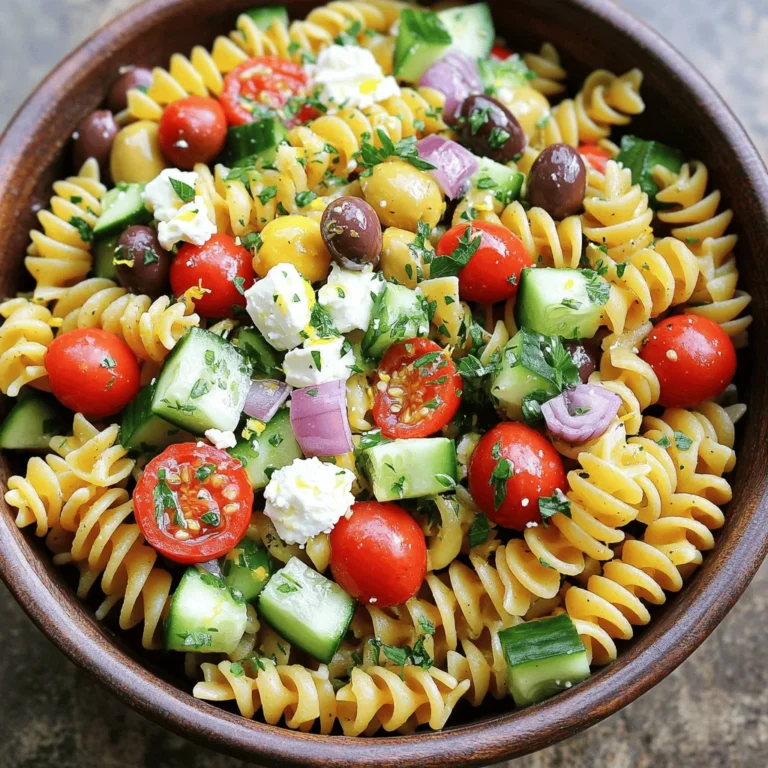 For my Easy Greek Pasta Salad, I use these main ingredients: - 2 cups rotini pasta - 1 cup cherry tomatoes, halved - 1 cup cucumber, diced - 1/2 red onion, finely chopped - 1/2 cup Kalamata olives, pitted and sliced - 1/2 cup feta cheese, crumbled I recommend rotini pasta because its shape holds the dressing well. Cherry tomatoes add sweetness, and diced cucumber gives a refreshing crunch. The red onion adds a bit of zing, while Kalamata olives bring a salty bite. Finally, feta cheese adds creaminess and tang. For the dressing, I use: - 1/4 cup extra-virgin olive oil - 2 tablespoons red wine vinegar (or apple cider vinegar) - 1 tablespoon lemon juice - 1 teaspoon dried oregano - Salt and pepper to taste I prefer extra-virgin olive oil for its rich flavor. Red wine vinegar adds acidity, while lemon juice brightens the taste. Dried oregano gives it that classic Greek flavor. When seasoning, remember to taste as you go. This helps achieve the perfect balance. For the full recipe, check out the details above. To make Easy Greek Pasta Salad, start by cooking the rotini pasta. Boil a pot of water. Add a pinch of salt and the pasta. Cook according to the package instructions, usually about 8-10 minutes. You want the pasta to be al dente, which means it should have a slight bite. To check if the pasta is done, taste a piece. If it’s firm but not hard, it’s ready. Once cooked, drain the pasta in a colander and rinse it under cold water. This stops the cooking process and cools the pasta down quickly. Now it’s time to mix the salad. In a large bowl, combine the cooled pasta with the other solid ingredients. Add the halved cherry tomatoes, diced cucumber, finely chopped red onion, sliced Kalamata olives, and crumbled feta cheese. This colorful mix makes your salad look great and taste fresh. For the best mix, gently toss the ingredients. Use a spatula or spoon and lift the pasta from the bottom. This way, everything gets well combined without breaking the pasta or other veggies. Next, we’ll prepare the dressing. In a small bowl, whisk together the olive oil, red wine vinegar, lemon juice, dried oregano, salt, and pepper. Whisking helps blend all the flavors together. Make sure it’s well combined and smooth. When it’s time to mix the dressing with the salad, pour it over your pasta mixture. Gently toss again to coat everything evenly. This helps each bite be full of flavor. For the best taste, let the salad chill in the fridge for 30 minutes before serving. This resting time allows the flavors to meld beautifully. For more details, check the Full Recipe. To make your Greek pasta salad really shine, focus on simplicity and freshness. Use ripe tomatoes and crunchy cucumbers. This will boost the flavor. Fresh herbs also add a bright taste. Try adding chopped parsley or mint for a fresh twist. For texture, cook the pasta just until it is al dente. This keeps it firm and prevents mushiness. Rinse the pasta under cold water to stop the cooking process. This also helps it stay separate. Pair your Greek pasta salad with grilled chicken or fish for a complete meal. You can also serve it with warm pita bread or hummus. For a fun twist, try serving it in a hollowed-out cucumber or tomato. This makes it look great on a platter. Feel free to enjoy it as a light lunch or a side at a barbecue. This salad is also perfect for potlucks. It’s always a hit! One common mistake is overcooking the pasta. This can lead to a mushy texture. Always keep an eye on the cooking time. Another mistake is not letting the salad rest. After mixing, let it chill for at least 30 minutes. This helps the flavors blend well together. If you skip this, the salad may taste flat. For the full recipe, check out the Easy Greek Pasta Salad section. {{image_2}} You can change ingredients in this Greek pasta salad to make it your own. Here are some ideas: - Swap-ins for different ingredients: - Instead of rotini, use penne or fusilli. - Try sun-dried tomatoes instead of fresh ones for a richer flavor. - Use bell peppers or spinach for extra color and crunch. - Substitutions for dietary restrictions: - For gluten-free, use gluten-free pasta. - If you avoid dairy, swap feta for vegan cheese or skip it entirely. - To make it low-carb, substitute pasta with zucchini noodles or cauliflower rice. Change your salad based on the seasons. This keeps it fresh and exciting: - Adapting the salad for different seasons: - In spring, add fresh peas or asparagus. - In summer, use ripe heirloom tomatoes and basil. - In fall, mix in roasted butternut squash and arugula. - Using seasonal vegetables and herbs: - Use what’s fresh at the market. Look for local produce. - Fresh herbs like dill in spring or rosemary in winter can add great flavor. You may want to make more or less salad. Here’s how to adjust: - Scaling the recipe for larger groups: - Simply double or triple the recipe for parties. - Keep the same ratios for all ingredients. - Storage considerations for leftovers: - Store any leftovers in an airtight container. - It stays fresh in the fridge for 3-4 days. To keep your Greek pasta salad fresh, use an airtight container. Glass or plastic containers work well. Make sure to seal it tightly. This helps prevent odors from other foods in your fridge. If you have a big batch, divide it into smaller portions. This way, you can enjoy it easily later. You can freeze Greek pasta salad, but it may change in texture. To freeze, place it in a freezer-safe container. Leave some space at the top for expansion. When you are ready to eat it, thaw it in the fridge overnight. In the fridge, your Greek pasta salad lasts about 3 to 5 days. It’s best to eat it fresh for the best taste. Look for signs of spoilage, like a sour smell or slimy texture. If you see mold or anything odd, throw it away. Enjoy your delicious salad while it's fresh! For Greek pasta salad, rotini pasta is ideal. Its spirals hold the dressing well. You can also try penne or farfalle. Both options give a nice bite and texture. Avoid thin pasta, like spaghetti, as it won’t hold up as well with the ingredients. The goal is to have pasta that complements the fresh vegetables and feta. Yes, you can make this salad ahead of time. I recommend prepping it a few hours before serving. This gives the flavors time to mix and meld. If you want to make it even earlier, store the dressing separately. Add it just before serving to keep the pasta fresh and not soggy. Chilling in the fridge for at least 30 minutes helps enhance the taste. To make this Greek pasta salad vegan, simply skip the feta cheese. You can replace it with tofu or vegan feta. For the dressing, use a vegan-friendly option for the olive oil and vinegar. Keep the lemon juice and dried oregano for great flavor. This way, you keep all the taste while making it plant-based. For a creamy twist, consider adding avocado for richness. In this blog post, we explored how to make a delicious Greek pasta salad. We covered key ingredients like pasta, vegetables, cheese, and dressing. I shared step-by-step instructions for cooking the pasta, mixing the salad, and preparing the dressing. We discussed tips for perfecting the dish, variations to suit your taste, and storage information for leftovers. Understanding these details helps you create a tasty salad every time. Enjoy your cooking, and remember to experiment with flavors that excite you!