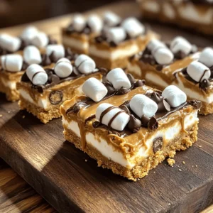 To make these tasty S'mores Bars, you need simple staples. Here’s what you will need: - 1 ½ cups graham cracker crumbs - ½ cup unsalted butter, melted - ½ cup brown sugar, packed - 1 cup mini marshmallows - 1 cup semi-sweet chocolate chips - ½ cup creamy peanut butter - ½ teaspoon vanilla extract - A pinch of salt These ingredients blend together to create that classic S'mores flavor we all love. The graham crackers give a crunchy base, while the chocolate and marshmallows add sweetness and gooeyness. Want to kick your S'mores Bars up a notch? Consider these tasty add-ins: - A handful of crushed nuts, like walnuts or pecans, for crunch - A sprinkle of sea salt on top for a sweet-salty twist - Drizzle some caramel sauce for extra sweetness - Swap in dark chocolate chips for a richer flavor These options can help you personalize your bars and make them even more fun. Have dietary restrictions? Don’t worry! You can still enjoy these bars. Here are some swaps: - Use gluten-free graham crackers to make it gluten-free - Replace butter with coconut oil for a dairy-free option - Choose vegan chocolate chips to keep it plant-based - Use almond or sunflower seed butter instead of peanut butter if you have nut allergies These substitutions ensure everyone can enjoy the delight of S'mores Bars. For the full recipe, check out the earlier section! Start by preheating your oven to 350°F (175°C). This step warms your oven for even baking. Next, grab a 9x9 inch baking pan. You can grease it with butter or line it with parchment paper. Lining the pan makes it easier to remove the bars later. In a medium bowl, mix 1 ½ cups of graham cracker crumbs, ½ cup of melted unsalted butter, and ½ cup of packed brown sugar. Stir well until it forms a crumbly mixture. This is the base of your s'mores bars. Now, press this mixture firmly into the bottom of your prepared pan. Make sure it is even and compact. Bake this crust for 8 to 10 minutes. You want it to be lightly golden. After baking, let it cool a bit before moving to the next step. Next, melt ½ cup of creamy peanut butter in a microwave-safe bowl for about 30 seconds. Once melted, stir in ½ teaspoon of vanilla extract and a pinch of salt. Drizzle this peanut butter mixture over the cooled graham cracker crust. Spread it out evenly. Now, sprinkle 1 cup of mini marshmallows and 1 cup of semi-sweet chocolate chips on top. Gently press them into the peanut butter layer. Bake the bars for another 10 to 12 minutes. Look for golden marshmallows and melted chocolate. Once they are ready, let the bars cool completely before slicing them into squares. For the full recipe, refer to the earlier section. Enjoy your homemade s'mores bars! To melt chocolate, use a microwave or a double boiler. If using a microwave, place chocolate chips in a bowl. Heat for 30 seconds, then stir. Repeat until smooth. Be careful not to overheat, or it will seize. For marshmallows, you can melt them on the stovetop. Heat them slowly in a pot over low heat. Stir often until they are gooey but not burnt. The crust should be firm but not hard. Press the graham cracker mix evenly into the pan. Bake it just until golden brown. This step keeps the bars from being soggy. When adding mini marshmallows, press them down gently. This helps them stick to the crust and not float away during baking. One common mistake is using cold chocolate. Always let it reach room temperature before melting. Another mistake is not cooling the crust enough. If the crust is too hot, it can melt the chocolate and marshmallows. Lastly, don’t skip the salt. A pinch enhances the flavors of chocolate and peanut butter. For the full recipe, check the details above and start your s'mores adventure! {{image_2}} You can make gluten-free s'mores bars easily. Use gluten-free graham crackers instead of regular ones. Make sure to check the brand for gluten-free labels. The rest of the recipe stays the same. The taste will still be sweet and delicious, even without gluten. Want a vegan twist? Swap out the butter for coconut oil. Use dairy-free chocolate chips and vegan marshmallows. These simple changes make a tasty treat for everyone. You can still enjoy gooey chocolate and marshmallow flavors without any animal products. Let’s get creative! You can add flavors to your s'mores bars. Try mixing in crushed cookies, like Oreos, for a fun crunch. You can also add nuts for a little bite. Want a twist? Use flavored chocolate, like mint or orange, for a new taste. The options are endless! If you want the full recipe, check it out in the ingredients section. To keep your s'mores bars fresh, store them in an airtight container. This helps prevent them from drying out. You can place parchment paper between layers to avoid sticking. Make sure to store them in a cool, dry place. Avoid heat sources that can melt the chocolate or marshmallows. When stored correctly, s'mores bars last about a week. If you keep them in the fridge, they can stay fresh for up to two weeks. Just remember that chilling can change the texture. The chocolate may become firmer, and the marshmallows might get a bit chewy. You can freeze s'mores bars for longer storage. First, cut them into squares. Wrap each piece tightly in plastic wrap. Then, place them in a freezer-safe bag or container. They can last up to three months in the freezer. When you’re ready to eat them, let them thaw in the fridge or at room temperature. You can also warm them in the microwave for a few seconds for that fresh-baked taste. For the full recipe, check out the earlier section. Yes, you can use homemade graham crackers in your S'mores Bars. They add a fresh, tasty twist. Just make sure they are finely crushed. This will help them mix well with the butter and sugar. Homemade crackers can also let you control the flavors and sweetness. The best chocolate for S'mores Bars is semi-sweet chocolate. It balances the sweetness of the marshmallows and graham crackers. Dark chocolate is another great option if you want a richer taste. Milk chocolate is sweeter and works well too. Use what you like best! To make S'mores Bars without peanut butter, simply skip that step. You can replace it with an extra layer of chocolate. Melt more chocolate chips and drizzle them on the crust before adding marshmallows. This keeps the bars creamy and delicious. Use the Full Recipe for more guidance! You now have all the tools to make delicious s'mores bars. We covered key ingredients, recipes for various diets, and practical tips for success. Remember, perfecting this treat involves careful melting and texture management. Whether you go classic or try a unique variation, don't fear mistakes. Keep practicing! Store your bars well to enjoy them longer. Now, gather your ingredients and start baking. You’ll impress yourself and others with these treats!