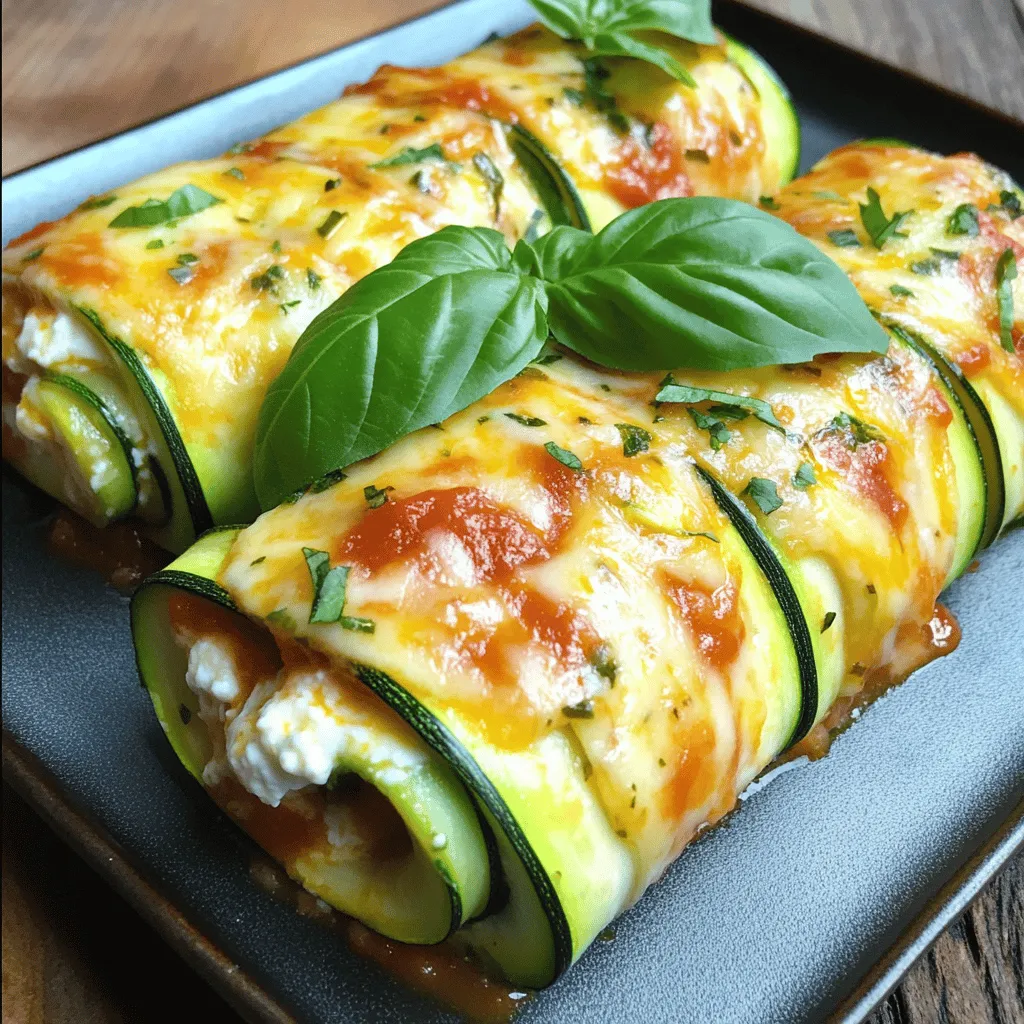 - 3 medium zucchinis - 1 cup ricotta cheese - 1 cup shredded mozzarella cheese - 1 cup marinara sauce - 1/2 cup grated Parmesan cheese - 1 egg - 1 teaspoon Italian seasoning - 2 cloves garlic, minced - Salt and pepper to taste - Fresh basil leaves for garnish You can swap ricotta cheese with cottage cheese or cream cheese for a different taste. If you need dairy-free options, use tofu blended with a bit of lemon juice. You can also try goat cheese or feta for a unique flavor twist. When choosing zucchini, look for medium-sized ones. They roll better and have less water. Fresh zucchini has firm skin and vibrant color. Avoid ones with soft spots or wrinkles. Organic zucchinis are often tastier and safer but conventional zucchinis also work well. To make perfect zucchini lasagna roll-ups, start by slicing the zucchinis. Use a mandoline or a sharp knife. Aim for 1/4-inch thick strips. This thickness helps them cook evenly and roll easily. Next, we need to draw out moisture from the zucchini. This step is key for keeping your roll-ups firm. Sprinkle the slices with salt and let them sit for 10 minutes. The salt pulls out moisture. After that, pat the slices dry with a paper towel. This helps avoid slimy roll-ups. Now, let’s mix the filling. In a bowl, add ricotta cheese, 1/2 cup of mozzarella cheese, grated Parmesan, and an egg. Then, add Italian seasoning, minced garlic, salt, and pepper. Mix everything until it’s well blended. This filling will add great flavor to your roll-ups. For the rolling technique, take a zucchini strip and spread about 2 tablespoons of the cheese mixture on it. Then, roll it up tightly from one end to the other. Place each roll seam-side down in your baking dish. Repeat this until all strips are filled and rolled. Preheat your oven to 375°F (190°C). This temperature helps the cheese melt perfectly. Spread a thin layer of marinara sauce at the bottom of your baking dish. After placing the rolls, pour the remaining sauce over them. Sprinkle the rest of the mozzarella cheese on top. Cover the dish with foil to keep moisture in while baking. Bake for 25 minutes. Then, remove the foil and bake for another 10 minutes. This step makes the cheese bubbly and golden brown. Let the dish cool for a few minutes before serving. To keep your zucchini rolls intact, slice the zucchinis evenly. I use a mandoline for this. It helps me get perfect 1/4-inch slices every time. After cutting, sprinkle salt on the slices. Let them sit for ten minutes to draw out moisture. This step is key! Pat them dry with a paper towel to avoid soggy rolls. Next, when rolling, spread the cheese mixture evenly. Start at one end and roll tightly. Place the rolled-up zucchinis seams-side down. This keeps them from unrolling during baking. For side dishes, I love pairing these roll-ups with a fresh salad. A simple arugula salad works great! The peppery taste complements the rich flavors of the roll-ups. You can also serve with garlic bread for a hearty meal. For presentation, arrange the roll-ups in a colorful dish. Drizzle extra marinara sauce on top and sprinkle with fresh basil. This adds a pop of color and makes it look fancy! You can change up the cooking method for fun! Try grilling the zucchini before rolling. It adds a smoky flavor. Another option is sautéing the zucchini in a pan with a little olive oil. This gives a nice texture and taste. If you want a twist on flavors, use a different sauce. Pesto or Alfredo can make great alternatives to marinara. You can also mix sauces for a unique taste. Enjoy experimenting with flavors! For the full recipe, check the provided details. {{image_2}} You can make your zucchini lasagna roll ups heartier by adding ground meat or sausage. Brown some ground beef, turkey, or Italian sausage in a pan. Drain any excess fat, then mix it into your cheese filling. This adds protein and a savory taste. If you prefer a vegetarian option, consider using plant-based proteins. Cooked lentils or crumbled tofu can replace meat. They soak up flavors well and provide good texture. These options keep your dish light but still filling. Switching up your sauce can transform your dish. Try a rich pesto or a creamy Alfredo for a different taste. Both sauces blend well with the zucchini and cheese. You can also make homemade marinara sauce. Use fresh tomatoes, garlic, and herbs. Just simmer them together for a simple, tasty sauce. This gives your roll ups a fresh, vibrant flavor. To enhance your roll ups, add herbs and spices. Fresh basil, oregano, and thyme work wonderfully. Mix them into your cheese filling for a burst of flavor. You can also incorporate more veggies into the mix. Chopped spinach, bell peppers, or mushrooms can add crunch and nutrients. This not only boosts flavor but also increases the health benefits of your meal. For the full recipe, check out the complete guide to Zucchini Lasagna Roll Ups. To keep your zucchini roll-ups fresh, place them in an airtight container. They stay best in the fridge. If you cover the dish tightly, they last up to three days. Make sure to let them cool first before storing. This helps avoid extra moisture. You can freeze zucchini roll-ups for later. First, let them cool completely. Then, place them in a single layer on a baking sheet. Freeze until firm, about two hours. After that, transfer them to a freezer bag. They can last up to three months. To reheat after freezing, thaw them in the fridge overnight. Then, bake at 375°F (190°C) for 20 to 25 minutes. This warms them through and makes the cheese nice and melty. You can make zucchini roll-ups ahead of time. Prep the filling and slice the zucchinis a day before. Store them separately in the fridge. This way, you can quickly assemble and bake them when ready. For storage, use glass containers or BPA-free plastic ones. These keep your roll-ups safe and fresh. Make sure the lids fit tightly to keep out air. Enjoy your meal prep! For the full recipe, check out the provided link. Yes, you can make these roll-ups ahead of time. Here’s how to do it: - Prepare the zucchini and cheese mixture as directed in the recipe. - Roll the zucchini with the cheese mixture and place them in a baking dish. - Cover the dish with plastic wrap or foil and store it in the fridge for up to 24 hours. - When ready to bake, add the sauce and cheese on top, then heat in the oven. This method saves time for busy weeknights or gatherings. You can prepare it during the day and bake it later. To keep your zucchini roll-ups firm, follow these steps: - Slice the zucchini thinly, about 1/4 inch thick. Use a mandoline or sharp knife. - Sprinkle the slices with salt and let them sit for 10 minutes. This draws out extra moisture. - After 10 minutes, pat the zucchini slices dry with a paper towel. - Avoid overcooking in the oven. Bake just until the cheese is bubbly. These tips help keep each bite crisp and delicious. Absolutely! You can try other vegetables for your roll-ups, such as: - Eggplant: Slice it thinly and prepare it the same way as zucchini. - Bell Peppers: Cut them into flat strips. They add a sweet flavor. - Carrots: Use a vegetable peeler to create thin, long strips. Feel free to mix and match different veggies for a fun twist! In this post, we explored how to make delicious zucchini roll-ups. You learned about the needed ingredients, substitutions, and tips for fresh zucchini. I detailed the step-by-step instructions and shared useful tips to perfect your dish. Don't forget the variations to customize your roll-ups, such as adding meat or different sauces. Finally, I covered storing and reheating leftovers for future meals. I hope you feel ready to enjoy this tasty dish your way!