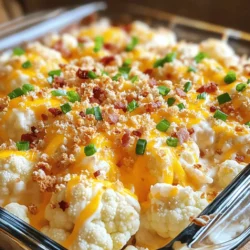 - 1 large head of cauliflower - 1 cup sharp cheddar cheese - 1/2 cup cream cheese - 1/2 cup sour cream - 1/2 cup green onions, chopped - 1/2 cup cooked turkey bacon or plant-based bacon - Spices: garlic powder, onion powder, smoked paprika - Optional toppings: 1/4 cup breadcrumbs When I create the Loaded Cauliflower Casserole, I start with fresh ingredients. You need a large head of cauliflower for this dish. Cauliflower serves as a great base. It has a mild taste and absorbs flavors well. Next, I pick sharp cheddar cheese. It gives a nice, bold flavor that pairs well with the creaminess of cream cheese and sour cream. The cream cheese adds richness, while the sour cream brings a tangy note. Green onions add brightness. They also give a pop of color. I love to sprinkle them on top, too. If you want a little crunch, try adding turkey bacon or a plant-based option. Spices are key to bringing out the flavors in this dish. Garlic powder and onion powder are must-haves. They add depth and warmth. A hint of smoked paprika gives a subtle smokiness that elevates the taste. If you want a crunchy topping, breadcrumbs are a great choice. They create a nice contrast to the creamy casserole. You can find the Full Recipe for a complete guide to making this delicious dish. First, bring a large pot of salted water to a boil. Once the water is boiling, add the cauliflower florets. Boil them for about 5 to 7 minutes. You want them fork-tender but not mushy. Drain the florets well and set them aside. In a mixing bowl, combine the softened cream cheese, sour cream, garlic powder, onion powder, salt, and pepper. If you like a bit of smokiness, add the smoked paprika, too. Mix everything until it is smooth and creamy. This will be the flavorful base of your casserole. Now, grab your greased baking dish. Start by layering the cooked cauliflower at the bottom. Next, add half of the chopped green onions and half of the cooked turkey bacon. Pour the cream cheese mixture over the top and spread it evenly. This mixture will add richness to every bite. Sprinkle the sharp cheddar cheese on top. Then, add the rest of the green onions and turkey bacon. If you want a bit of crunch, sprinkle the breadcrumbs on top. Bake the casserole in your preheated oven at 375°F for 25 to 30 minutes. You will know it's done when the cheese is bubbly and lightly golden. Let it cool for a few minutes before serving. For the full recipe, check the details above. To get the best texture in your loaded cauliflower casserole, cook the cauliflower until tender. Boil the florets for about 5-7 minutes. They should be easy to pierce with a fork but not mushy. This way, they keep their shape in the casserole. If you like a crunchy topping, consider adding breadcrumbs. Mix them with a bit of olive oil and spices for extra flavor. This creates a delightful contrast to the creamy filling. For added flavor, experiment with spices. Try adding smoked paprika, cumin, or even chili powder. These spices can make the dish stand out. If you want to change the cheese, use gouda or mozzarella for different tastes. You can also swap turkey bacon for plant-based bacon or add more veggies like spinach or bell peppers. When serving, try garnishing with fresh herbs. Chopped parsley or basil adds a nice touch. You can also sprinkle extra green onions on top. For sides, pair it with a fresh salad or roasted vegetables. This adds color and nutrition to your meal. The combination will make the dish look inviting and delicious. Enjoy the process of making this loaded cauliflower casserole! {{image_2}} You can make this dish vegetarian by using plant-based bacon. This will give you great flavor without meat. You can also add more veggies. Try bell peppers, spinach, or mushrooms. These add texture and nutrients. Mixing in different vegetables makes the dish even more colorful and fun. If you want to keep it low-carb, focus on the ingredients. Use full-fat cheese and skip the breadcrumbs. This keeps your carbs low while still tasting great. Adjusting serving sizes is key. Keep your portions small to stay within your carb limit. You can enjoy this dish without the guilt. Cheese is a big part of this casserole. You can try different kinds, like gouda or mozzarella. Each cheese brings its own taste. Adding herbs can also change the flavor. Consider fresh parsley, basil, or chives. They add a burst of freshness that makes the dish shine. For the full recipe, check out the details above. After you enjoy your loaded cauliflower casserole, save the leftovers. First, let the dish cool down. Then, transfer it to an airtight container. This keeps it fresh and tasty. You can store it in the fridge for up to 4 days. Just make sure to cover it well to avoid drying out. If you want to keep it longer, you can freeze the casserole. Cut it into portions for easy use. Wrap each piece tightly in plastic wrap. Then, place them in a freezer bag. This helps prevent freezer burn. You can freeze it for up to 3 months. To reheat, take a portion out the night before. Let it thaw in the fridge. When ready, place it in the oven at 350°F (175°C) for about 20-25 minutes. Cover it with foil to keep it moist. If you want, you can remove the foil for the last few minutes to crisp the top. Enjoy your loaded cauliflower casserole anytime! For the full recipe, check the section above. You can prepare this casserole a day in advance. Cook the cauliflower and mix the cream cheese blend. Layer the ingredients in the dish, but don’t bake it yet. Cover it and store in the fridge overnight. When ready, bake it straight from the fridge. You might need to add a few extra minutes to the baking time. Yes, you can use frozen cauliflower. However, it’s best to thaw it first. Drain any excess water to avoid a soggy casserole. You may need to adjust the cooking time. Cook the frozen florets only until they are tender, about 4-5 minutes, as they may cook faster. If you need a substitute for cream cheese, try using Greek yogurt or ricotta cheese. Cottage cheese blended until smooth also works well. These alternatives give a nice creaminess. They may change the flavor slightly, but they still taste great in this dish. Yes, this recipe can be gluten-free! Just ensure your breadcrumbs are gluten-free. You can also leave out the breadcrumbs if you prefer. The casserole still tastes delicious without them. Enjoy this tasty dish without any worries about gluten. This blog post shared easy steps to create a delicious cauliflower casserole. We covered the main ingredients, from cauliflower to cheese and spices. You learned how to prepare, assemble, and bake the dish for the best taste. I also provided tips for perfect texture and flavor, along with storage advice. Try different variations to suit your taste. Enjoy cooking and sharing this tasty meal with friends and family!