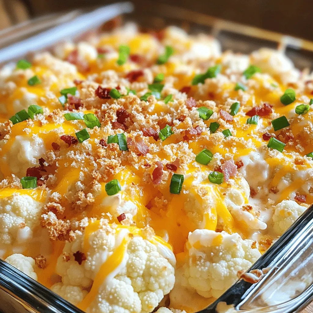 - 1 large head of cauliflower - 1 cup sharp cheddar cheese - 1/2 cup cream cheese - 1/2 cup sour cream - 1/2 cup green onions, chopped - 1/2 cup cooked turkey bacon or plant-based bacon - Spices: garlic powder, onion powder, smoked paprika - Optional toppings: 1/4 cup breadcrumbs When I create the Loaded Cauliflower Casserole, I start with fresh ingredients. You need a large head of cauliflower for this dish. Cauliflower serves as a great base. It has a mild taste and absorbs flavors well. Next, I pick sharp cheddar cheese. It gives a nice, bold flavor that pairs well with the creaminess of cream cheese and sour cream. The cream cheese adds richness, while the sour cream brings a tangy note. Green onions add brightness. They also give a pop of color. I love to sprinkle them on top, too. If you want a little crunch, try adding turkey bacon or a plant-based option. Spices are key to bringing out the flavors in this dish. Garlic powder and onion powder are must-haves. They add depth and warmth. A hint of smoked paprika gives a subtle smokiness that elevates the taste. If you want a crunchy topping, breadcrumbs are a great choice. They create a nice contrast to the creamy casserole. You can find the Full Recipe for a complete guide to making this delicious dish. First, bring a large pot of salted water to a boil. Once the water is boiling, add the cauliflower florets. Boil them for about 5 to 7 minutes. You want them fork-tender but not mushy. Drain the florets well and set them aside. In a mixing bowl, combine the softened cream cheese, sour cream, garlic powder, onion powder, salt, and pepper. If you like a bit of smokiness, add the smoked paprika, too. Mix everything until it is smooth and creamy. This will be the flavorful base of your casserole. Now, grab your greased baking dish. Start by layering the cooked cauliflower at the bottom. Next, add half of the chopped green onions and half of the cooked turkey bacon. Pour the cream cheese mixture over the top and spread it evenly. This mixture will add richness to every bite. Sprinkle the sharp cheddar cheese on top. Then, add the rest of the green onions and turkey bacon. If you want a bit of crunch, sprinkle the breadcrumbs on top. Bake the casserole in your preheated oven at 375°F for 25 to 30 minutes. You will know it's done when the cheese is bubbly and lightly golden. Let it cool for a few minutes before serving. For the full recipe, check the details above. To get the best texture in your loaded cauliflower casserole, cook the cauliflower until tender. Boil the florets for about 5-7 minutes. They should be easy to pierce with a fork but not mushy. This way, they keep their shape in the casserole. If you like a crunchy topping, consider adding breadcrumbs. Mix them with a bit of olive oil and spices for extra flavor. This creates a delightful contrast to the creamy filling. For added flavor, experiment with spices. Try adding smoked paprika, cumin, or even chili powder. These spices can make the dish stand out. If you want to change the cheese, use gouda or mozzarella for different tastes. You can also swap turkey bacon for plant-based bacon or add more veggies like spinach or bell peppers. When serving, try garnishing with fresh herbs. Chopped parsley or basil adds a nice touch. You can also sprinkle extra green onions on top. For sides, pair it with a fresh salad or roasted vegetables. This adds color and nutrition to your meal. The combination will make the dish look inviting and delicious. Enjoy the process of making this loaded cauliflower casserole! {{image_2}} You can make this dish vegetarian by using plant-based bacon. This will give you great flavor without meat. You can also add more veggies. Try bell peppers, spinach, or mushrooms. These add texture and nutrients. Mixing in different vegetables makes the dish even more colorful and fun. If you want to keep it low-carb, focus on the ingredients. Use full-fat cheese and skip the breadcrumbs. This keeps your carbs low while still tasting great. Adjusting serving sizes is key. Keep your portions small to stay within your carb limit. You can enjoy this dish without the guilt. Cheese is a big part of this casserole. You can try different kinds, like gouda or mozzarella. Each cheese brings its own taste. Adding herbs can also change the flavor. Consider fresh parsley, basil, or chives. They add a burst of freshness that makes the dish shine. For the full recipe, check out the details above. After you enjoy your loaded cauliflower casserole, save the leftovers. First, let the dish cool down. Then, transfer it to an airtight container. This keeps it fresh and tasty. You can store it in the fridge for up to 4 days. Just make sure to cover it well to avoid drying out. If you want to keep it longer, you can freeze the casserole. Cut it into portions for easy use. Wrap each piece tightly in plastic wrap. Then, place them in a freezer bag. This helps prevent freezer burn. You can freeze it for up to 3 months. To reheat, take a portion out the night before. Let it thaw in the fridge. When ready, place it in the oven at 350°F (175°C) for about 20-25 minutes. Cover it with foil to keep it moist. If you want, you can remove the foil for the last few minutes to crisp the top. Enjoy your loaded cauliflower casserole anytime! For the full recipe, check the section above. You can prepare this casserole a day in advance. Cook the cauliflower and mix the cream cheese blend. Layer the ingredients in the dish, but don’t bake it yet. Cover it and store in the fridge overnight. When ready, bake it straight from the fridge. You might need to add a few extra minutes to the baking time. Yes, you can use frozen cauliflower. However, it’s best to thaw it first. Drain any excess water to avoid a soggy casserole. You may need to adjust the cooking time. Cook the frozen florets only until they are tender, about 4-5 minutes, as they may cook faster. If you need a substitute for cream cheese, try using Greek yogurt or ricotta cheese. Cottage cheese blended until smooth also works well. These alternatives give a nice creaminess. They may change the flavor slightly, but they still taste great in this dish. Yes, this recipe can be gluten-free! Just ensure your breadcrumbs are gluten-free. You can also leave out the breadcrumbs if you prefer. The casserole still tastes delicious without them. Enjoy this tasty dish without any worries about gluten. This blog post shared easy steps to create a delicious cauliflower casserole. We covered the main ingredients, from cauliflower to cheese and spices. You learned how to prepare, assemble, and bake the dish for the best taste. I also provided tips for perfect texture and flavor, along with storage advice. Try different variations to suit your taste. Enjoy cooking and sharing this tasty meal with friends and family!