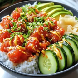 - 1 cup sushi rice - 1 ¼ cups water - 1 tablespoon rice vinegar - 1 teaspoon sugar - ¼ teaspoon salt - 8 oz sushi-grade tuna, diced - 1 tablespoon sriracha (adjust to taste) - 1 tablespoon mayonnaise The main ingredients are essential for a tasty bowl. Sushi rice acts as the base. Use high-quality sushi-grade tuna for the best flavor and safety. The sriracha and mayonnaise mixture adds creaminess with a kick. This blend makes the tuna shine. - 1 avocado, sliced - 1 cucumber, thinly sliced - 2 green onions, chopped - 1 tablespoon sesame seeds - Nori strips for garnish - Soy sauce for drizzling These toppings elevate your bowl. Avocado adds creaminess, while cucumber offers a refreshing crunch. Green onions and sesame seeds give extra flavor and texture. Nori strips bring a fun, crispy touch. Don’t forget a drizzle of soy sauce for depth. - Medium saucepan - Mixing bowls - Serving dishes You need a medium saucepan to cook the rice. Mixing bowls help you combine ingredients easily. Serving dishes make your bowl look appealing. Having the right tools makes cooking more enjoyable. Make sure to gather everything before you start. To start, rinse the sushi rice well. Place it in a bowl and cover it with cold water. Swirl it around and drain. Repeat this about three to four times until the water runs clear. This step removes excess starch, keeping the rice fluffy. Next, cook the rice. Combine one cup of rinsed rice with 1 ¼ cups of water in a medium saucepan. Bring the mixture to a boil over medium-high heat. Once it boils, reduce the heat to low. Cover the pan and let it simmer for 18 minutes. After that, remove the pan from heat and let it sit covered for another 10 minutes. This resting time is key for perfect rice. Now, season your rice. In a small bowl, mix one tablespoon of rice vinegar, one teaspoon of sugar, and ¼ teaspoon of salt. Stir until dissolved. Transfer the cooked rice to a large bowl. Gently fold in the vinegar mixture. Allow the rice to cool to room temperature before using it in the bowl. Now, let’s prepare the spicy tuna. In a separate bowl, combine 8 oz of diced sushi-grade tuna with one tablespoon of sriracha and one tablespoon of mayonnaise. Stir gently to coat the tuna evenly. You can adjust the amount of sriracha based on how spicy you want the dish. This mixture adds a bold flavor to your sushi bowl. Time to assemble your sushi bowl! Start by distributing the cooled sushi rice into serving bowls. Make sure to pack the rice evenly at the bottom. Next, top each bowl with a generous portion of the spicy tuna mixture. Now, arrange your toppings. Place slices of avocado and thin cucumber next to the tuna. This adds freshness and crunch to the dish. Finally, finish with garnishes. Sprinkle chopped green onions and sesame seeds over the bowls. You can also add strips of nori for an extra crunch. Drizzle with soy sauce just before serving for that perfect umami kick. Enjoy your delicious creation! For the complete recipe, check [Full Recipe]. To achieve perfect sushi rice, start by rinsing the rice well. Rinse it under cold water until the water is clear. This step removes excess starch, which helps the rice stay fluffy. You should rinse it about three to four times. Next, cook the rice in a medium saucepan. Combine one cup of rinsed rice with 1 ¼ cups of water. Bring it to a boil, then lower the heat. Cover and simmer for 18 minutes. After cooking, let it sit for an extra 10 minutes. This resting time helps the rice absorb any remaining moisture. To avoid mushy rice, make sure not to overcook it. Keep an eye on the water level while it cooks. If you find the rice too soft, try using less water next time. The goal is to have each grain separate and tender. When making the spicy tuna, you can adjust the spice to suit your taste. Start with one tablespoon of sriracha. If you want more heat, add more sriracha a little at a time until it's perfect for you. Mixing in mayonnaise helps mellow the spice, creating a creamy texture. You can also add a dash of soy sauce for an extra umami kick. To enhance the flavor, consider adding ingredients like lime juice or sesame oil. These add brightness and depth to your tuna mix. A pinch of salt can also elevate the overall taste. Creating an appealing sushi bowl is all about layering. Start with a base of sushi rice. Then, add a generous scoop of spicy tuna on top. Arrange avocado slices and cucumber artfully on the side. This not only looks great, but it also allows each ingredient's flavor to shine. For garnishing, sprinkle chopped green onions and sesame seeds on top. This adds color and crunch. Finally, add nori strips for texture and visual appeal. Drizzling soy sauce just before serving adds a glossy finish. {{image_2}} You can switch out tuna for salmon. Salmon brings a rich flavor and is easy to find. Tofu is a great choice for a plant-based meal. It absorbs flavors well and adds a nice texture. You can also try shrimp or crab for a different taste. These proteins can change the whole vibe of your bowl. Feel free to get creative with your toppings! You can add carrots, radishes, or bell peppers for extra crunch. Try shredded cabbage or baby spinach for more color and nutrients. For sauces, think about adding ponzu or a spicy mayo drizzle. These will add layers of flavor and make your bowl unique. If you need a gluten-free option, use tamari instead of soy sauce. This keeps your bowl safe for those with gluten sensitivity. For a vegan or vegetarian version, skip the fish and use marinated tofu. You can also use chickpeas for added protein. These options let everyone enjoy the delicious flavors of the sushi bowl. For the full recipe, check out the Spicy Tuna Sushi Bowl recipe. To keep your spicy tuna sushi bowl fresh, store leftovers in the fridge. Use an airtight container. This helps prevent odors and keeps the tuna safe. The sushi rice stays fresh for about three days. The spicy tuna mix can last one to two days. Always check for signs of spoilage before eating. Reheating sushi rice can be tricky. The best method is to steam it. This keeps the rice moist. For tuna, avoid reheating. Fish should be eaten cold after cooking. If necessary, use it in a different recipe or toss it if it looks off. Always follow safety rules with refrigerated fish. You can freeze sushi rice, but it may change texture. Wrap it tightly in plastic wrap and place it in a freezer bag. Sushi-grade tuna can also be frozen. Wrap it well and freeze for up to two months. To thaw, place it in the fridge overnight. Never thaw at room temperature to keep it safe. A Spicy Tuna Sushi Bowl is a bright and fresh meal. It features sushi rice topped with spicy tuna. You can also add avocado, cucumber, and green onions. The dish combines textures and flavors. The creamy avocado and crunchy cucumber balance the heat of the tuna. Sushi bowls are easy to customize for any taste. You can control the heat easily. Start with one tablespoon of sriracha. Taste the tuna mixture before adding more. If you prefer less spice, use less sriracha. You can also add a bit of mayonnaise for creaminess. It helps tone down the heat. For more spice, add a pinch of chili flakes or a dash of hot sauce. Yes, you can prepare sushi rice in advance. Cook it a few hours before serving. Let it cool at room temperature. Store it in an airtight container. The rice stays good for up to two days in the fridge. For best results, use the rice within one day. Reheat it gently before serving. To sum up, we explored creating a Spicy Tuna Sushi Bowl. You learned about key ingredients like sushi rice and tuna. We also discussed toppings, tools, and easy step-by-step instructions. Remember to perfect your rice and adjust the spice to your liking. There are endless variations, whether you prefer salmon or tofu. Plus, we covered storage tips to keep your bowl fresh. Enjoy making your sushi bowl and customizing it to your taste. Happy cooking!