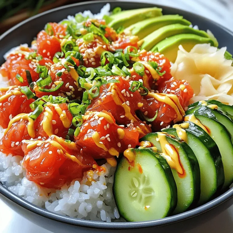 - 1 cup sushi rice - 1 ¼ cups water - 1 tablespoon rice vinegar - 1 teaspoon sugar - ¼ teaspoon salt - 8 oz sushi-grade tuna, diced - 1 tablespoon sriracha (adjust to taste) - 1 tablespoon mayonnaise The main ingredients are essential for a tasty bowl. Sushi rice acts as the base. Use high-quality sushi-grade tuna for the best flavor and safety. The sriracha and mayonnaise mixture adds creaminess with a kick. This blend makes the tuna shine. - 1 avocado, sliced - 1 cucumber, thinly sliced - 2 green onions, chopped - 1 tablespoon sesame seeds - Nori strips for garnish - Soy sauce for drizzling These toppings elevate your bowl. Avocado adds creaminess, while cucumber offers a refreshing crunch. Green onions and sesame seeds give extra flavor and texture. Nori strips bring a fun, crispy touch. Don’t forget a drizzle of soy sauce for depth. - Medium saucepan - Mixing bowls - Serving dishes You need a medium saucepan to cook the rice. Mixing bowls help you combine ingredients easily. Serving dishes make your bowl look appealing. Having the right tools makes cooking more enjoyable. Make sure to gather everything before you start. To start, rinse the sushi rice well. Place it in a bowl and cover it with cold water. Swirl it around and drain. Repeat this about three to four times until the water runs clear. This step removes excess starch, keeping the rice fluffy. Next, cook the rice. Combine one cup of rinsed rice with 1 ¼ cups of water in a medium saucepan. Bring the mixture to a boil over medium-high heat. Once it boils, reduce the heat to low. Cover the pan and let it simmer for 18 minutes. After that, remove the pan from heat and let it sit covered for another 10 minutes. This resting time is key for perfect rice. Now, season your rice. In a small bowl, mix one tablespoon of rice vinegar, one teaspoon of sugar, and ¼ teaspoon of salt. Stir until dissolved. Transfer the cooked rice to a large bowl. Gently fold in the vinegar mixture. Allow the rice to cool to room temperature before using it in the bowl. Now, let’s prepare the spicy tuna. In a separate bowl, combine 8 oz of diced sushi-grade tuna with one tablespoon of sriracha and one tablespoon of mayonnaise. Stir gently to coat the tuna evenly. You can adjust the amount of sriracha based on how spicy you want the dish. This mixture adds a bold flavor to your sushi bowl. Time to assemble your sushi bowl! Start by distributing the cooled sushi rice into serving bowls. Make sure to pack the rice evenly at the bottom. Next, top each bowl with a generous portion of the spicy tuna mixture. Now, arrange your toppings. Place slices of avocado and thin cucumber next to the tuna. This adds freshness and crunch to the dish. Finally, finish with garnishes. Sprinkle chopped green onions and sesame seeds over the bowls. You can also add strips of nori for an extra crunch. Drizzle with soy sauce just before serving for that perfect umami kick. Enjoy your delicious creation! For the complete recipe, check [Full Recipe]. To achieve perfect sushi rice, start by rinsing the rice well. Rinse it under cold water until the water is clear. This step removes excess starch, which helps the rice stay fluffy. You should rinse it about three to four times. Next, cook the rice in a medium saucepan. Combine one cup of rinsed rice with 1 ¼ cups of water. Bring it to a boil, then lower the heat. Cover and simmer for 18 minutes. After cooking, let it sit for an extra 10 minutes. This resting time helps the rice absorb any remaining moisture. To avoid mushy rice, make sure not to overcook it. Keep an eye on the water level while it cooks. If you find the rice too soft, try using less water next time. The goal is to have each grain separate and tender. When making the spicy tuna, you can adjust the spice to suit your taste. Start with one tablespoon of sriracha. If you want more heat, add more sriracha a little at a time until it's perfect for you. Mixing in mayonnaise helps mellow the spice, creating a creamy texture. You can also add a dash of soy sauce for an extra umami kick. To enhance the flavor, consider adding ingredients like lime juice or sesame oil. These add brightness and depth to your tuna mix. A pinch of salt can also elevate the overall taste. Creating an appealing sushi bowl is all about layering. Start with a base of sushi rice. Then, add a generous scoop of spicy tuna on top. Arrange avocado slices and cucumber artfully on the side. This not only looks great, but it also allows each ingredient's flavor to shine. For garnishing, sprinkle chopped green onions and sesame seeds on top. This adds color and crunch. Finally, add nori strips for texture and visual appeal. Drizzling soy sauce just before serving adds a glossy finish. {{image_2}} You can switch out tuna for salmon. Salmon brings a rich flavor and is easy to find. Tofu is a great choice for a plant-based meal. It absorbs flavors well and adds a nice texture. You can also try shrimp or crab for a different taste. These proteins can change the whole vibe of your bowl. Feel free to get creative with your toppings! You can add carrots, radishes, or bell peppers for extra crunch. Try shredded cabbage or baby spinach for more color and nutrients. For sauces, think about adding ponzu or a spicy mayo drizzle. These will add layers of flavor and make your bowl unique. If you need a gluten-free option, use tamari instead of soy sauce. This keeps your bowl safe for those with gluten sensitivity. For a vegan or vegetarian version, skip the fish and use marinated tofu. You can also use chickpeas for added protein. These options let everyone enjoy the delicious flavors of the sushi bowl. For the full recipe, check out the Spicy Tuna Sushi Bowl recipe. To keep your spicy tuna sushi bowl fresh, store leftovers in the fridge. Use an airtight container. This helps prevent odors and keeps the tuna safe. The sushi rice stays fresh for about three days. The spicy tuna mix can last one to two days. Always check for signs of spoilage before eating. Reheating sushi rice can be tricky. The best method is to steam it. This keeps the rice moist. For tuna, avoid reheating. Fish should be eaten cold after cooking. If necessary, use it in a different recipe or toss it if it looks off. Always follow safety rules with refrigerated fish. You can freeze sushi rice, but it may change texture. Wrap it tightly in plastic wrap and place it in a freezer bag. Sushi-grade tuna can also be frozen. Wrap it well and freeze for up to two months. To thaw, place it in the fridge overnight. Never thaw at room temperature to keep it safe. A Spicy Tuna Sushi Bowl is a bright and fresh meal. It features sushi rice topped with spicy tuna. You can also add avocado, cucumber, and green onions. The dish combines textures and flavors. The creamy avocado and crunchy cucumber balance the heat of the tuna. Sushi bowls are easy to customize for any taste. You can control the heat easily. Start with one tablespoon of sriracha. Taste the tuna mixture before adding more. If you prefer less spice, use less sriracha. You can also add a bit of mayonnaise for creaminess. It helps tone down the heat. For more spice, add a pinch of chili flakes or a dash of hot sauce. Yes, you can prepare sushi rice in advance. Cook it a few hours before serving. Let it cool at room temperature. Store it in an airtight container. The rice stays good for up to two days in the fridge. For best results, use the rice within one day. Reheat it gently before serving. To sum up, we explored creating a Spicy Tuna Sushi Bowl. You learned about key ingredients like sushi rice and tuna. We also discussed toppings, tools, and easy step-by-step instructions. Remember to perfect your rice and adjust the spice to your liking. There are endless variations, whether you prefer salmon or tofu. Plus, we covered storage tips to keep your bowl fresh. Enjoy making your sushi bowl and customizing it to your taste. Happy cooking!