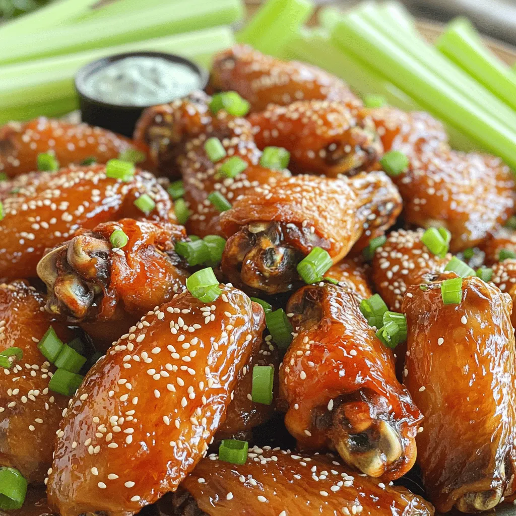 - 2 pounds chicken wings - 1/4 cup honey - 1/4 cup hot sauce - 2 tablespoons soy sauce - 1 tablespoon apple cider vinegar - 1 tablespoon garlic powder - 1 teaspoon onion powder - 1/2 teaspoon smoked paprika - Salt and pepper to taste - 1 tablespoon sesame seeds - 2 green onions, chopped These ingredients come together to create a perfect blend of sweet and spicy. The chicken wings are the star of the show, offering a meaty base. Honey adds a touch of sweetness that balances the heat from the hot sauce. You can use your favorite hot sauce, like Sriracha or something with a kick. Soy sauce gives depth, while apple cider vinegar adds a nice tang. The seasonings are simple but powerful. Garlic powder and onion powder enhance the flavor. Smoked paprika adds a hint of smokiness that makes these wings unforgettable. Garnishing with sesame seeds and green onions not only makes the dish look good but also adds texture and crunch. The combination of these ingredients will make your taste buds dance. For the full recipe, check the complete instructions. Enjoy crafting these wings for your next game day! - First, preheat your oven to 425°F (220°C). - Line a baking sheet with aluminum foil for easy cleanup. - Place a wire rack on top of the baking sheet to help the wings crisp up. - In a large bowl, mix together the honey, hot sauce, soy sauce, apple cider vinegar, garlic powder, onion powder, smoked paprika, salt, and pepper. - Whisk the sauce until it blends well. - Add the chicken wings to the bowl and toss until they are fully coated with the sauce. - Next, arrange the wings in a single layer on the wire rack. - Make sure they are not touching each other for even cooking. - Bake the wings in the oven for about 30 to 35 minutes. - Turn the wings halfway through cooking to get an even golden color. - Once the wings are done, take them out of the oven. - Toss them in any extra sauce you have for added taste. - Finally, sprinkle sesame seeds and chopped green onions on top for a great garnish. For the full recipe, check the complete instructions above! - Ensure wings are patted dry. This step helps them crisp up nicely. - Use a wire rack for crispiness. It allows air to flow around the wings. - Adjust hot sauce for spiciness. You can add more or less based on your taste. - Marinate wings for extra flavor. Letting them sit in the sauce boosts taste. - Arrange on a platter with garnishes. Sprinkle sesame seeds and green onions on top for color. - Serve with side dips. Blue cheese or ranch dressing complements the wings well. For the full recipe, check the earlier section. {{image_2}} You can change the sauce for fun flavors. Try different hot sauces like BBQ or Teriyaki. Each sauce brings a unique taste to your wings. You can also add fruit purees. Mango or pineapple gives the wings a sweet twist. This can balance the heat and add freshness. You have choices when cooking your wings. Grilling adds a smoky flavor and nice char. Baking is easy and makes wings crispy. You can use an Instant Pot for fast cooking. An air fryer works well too, giving wings a nice crunch without much oil. If you need to avoid gluten, use gluten-free soy sauce. It works just as well in the sauce. For honey, you can use maple syrup as a substitute. It keeps the sweetness but adds a different flavor. These options make the dish fit your needs while keeping it tasty. For the full recipe, check out the details above! To store leftover wings, first let them cool. Place them in an airtight container. This keeps the wings fresh for up to four days. You can also cover them tightly with plastic wrap. I recommend using glass or plastic containers with lids. They help prevent spills and keep your fridge clean. If you want to save wings for later, freezing is a great option. Place the cooled wings in a freezer-safe bag. Squeeze out as much air as possible before sealing. This helps prevent freezer burn. You can freeze them for up to three months. When you're ready to eat, thaw wings in the fridge overnight. For quicker thawing, place them in cold water for about an hour. To reheat wings, the oven works best. Preheat your oven to 350°F (175°C). Place the wings on a baking sheet and heat for 15-20 minutes. This keeps them crispy. You can also use an air fryer for a quick method. Heat them at 375°F (190°C) for about 10 minutes. This method keeps the skin nice and crunchy. For added flavor, toss them in a bit of sauce before reheating. For the full recipe, check out the details above and enjoy your wings! Yes, you can make sweet and spicy chicken wings in advance. Cook them fully, then let them cool. Store them in the fridge for up to two days. When you're ready to eat, reheat them in the oven for 10-15 minutes at 375°F (190°C). This keeps them crispy and tasty. To make crispy wings, start by patting them dry with paper towels. This removes moisture. Use a wire rack on your baking sheet. This allows air to circulate around the wings as they cook. Bake them at a high temperature, around 425°F (220°C), and turn them halfway through. This gives you that golden, crunchy texture. The best way to check if chicken wings are fully cooked is to use a meat thermometer. The internal temperature should reach 165°F (74°C). If you don’t have a thermometer, check if the juices run clear when you cut into the wing. No pink meat should be visible. Sweet and spicy chicken wings go well with many sides. Some great options include: - Celery sticks - Carrot sticks - Blue cheese dressing - Ranch dressing - Potato wedges - Coleslaw These sides balance the heat and add crunch. You can easily adjust the sweetness and spiciness. To make wings sweeter, add more honey. If you want them spicier, increase the hot sauce. Taste the sauce before coating the wings. This way, you can find the perfect balance for your taste buds. Try using different hot sauces for unique flavors. You learned how to make sweet and spicy chicken wings using simple ingredients. We covered everything from preparation to cooking methods and variations. These wings are delicious and fun to customize. Don’t forget the tips for storage and reheating so that you enjoy every bite later. Whether you grill, bake, or change the sauce, you can create something great. Enjoy your tasty wings, and share your results with friends!