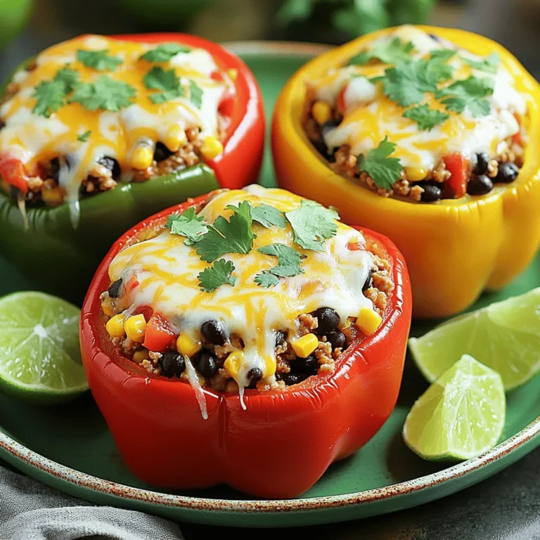 To make Taco Stuffed Bell Peppers, gather these main ingredients: - 4 large bell peppers (any color) - 1 lb ground turkey or beef - 1 can (15 oz) black beans, rinsed and drained - 1 cup corn (canned or frozen) - 1 cup diced tomatoes (canned or fresh) - 1 packet taco seasoning - 1 cup cooked rice (white or brown) - 1 cup shredded cheese (cheddar or Mexican blend) - 1/4 cup fresh cilantro, chopped (optional) - Salt and pepper to taste - 1 tablespoon olive oil These ingredients combine to create a tasty meal that is also colorful. The bell peppers add crunch and sweetness, while the ground turkey or beef provides protein. The beans and corn enhance the texture, and the spices bring it all together. You can make this recipe your own by adding optional ingredients. Here are some ideas: - Chopped onions for extra flavor - Jalapeños for a spicy kick - Avocado or guacamole for creaminess - Sour cream or Greek yogurt for topping Feel free to mix and match based on your taste. Each ingredient adds its unique flair to the dish. If you have dietary needs, don't worry! You can make easy swaps: - Use quinoa instead of rice for a gluten-free option. - For a vegetarian version, replace meat with lentils or mushrooms. - Swap cheese for a dairy-free alternative if needed. These adjustments keep the dish healthy while still being delicious. Always check ingredient labels to ensure they meet your needs. Start by preheating your oven to 375°F (190°C). While the oven heats, take your bell peppers and slice off the tops. Make sure to remove the seeds and membranes inside. This step helps the peppers cook evenly. Use a brush to lightly coat the outside of the peppers with olive oil. Place them upright in a baking dish. This will help them hold their filling later. In a large skillet, heat over medium. Add 1 pound of ground turkey or beef. Cook until browned, stirring often. After cooking, drain any fat from the pan. Next, add the taco seasoning to the meat. Include black beans, corn, diced tomatoes, and cooked rice. Stir everything well and let it simmer for about 5 minutes. This allows the flavors to mix nicely. Season the mixture with salt and pepper to your taste. Grab your prepared bell peppers. Spoon the taco meat mixture into each pepper, making sure to pack it tightly. Do not leave empty space inside. Once filled, top each pepper with shredded cheese. This will create a delicious, melty topping. Cover the baking dish with aluminum foil and bake for 25-30 minutes. After that, remove the foil and bake for an extra 10-15 minutes. The cheese should be bubbly, and the peppers will be tender. After baking, let the peppers cool for a few minutes. For some extra flavor, sprinkle chopped cilantro on top before serving. Check out the Full Recipe for complete details. To make your taco stuffed bell peppers shine, choose fresh, firm peppers. This helps them hold their shape. When you cut off the tops, leave enough pepper to form a nice cup. Make sure to remove all the seeds and membranes for a clean bite. Always pre-cook your filling. This lets flavors blend and ensures even cooking. Pack the filling tightly into the peppers. This will help them stay intact while baking. One common mistake is not seasoning the filling. Taste your mixture before stuffing. Add salt, pepper, or extra taco seasoning if needed. Avoid overfilling the peppers. Too much filling can spill out during cooking. Another mistake is undercooking the peppers. Make sure they bake until tender. This makes for a better texture in every bite. To boost flavor, try using smoked paprika or cumin in the filling. These spices add warmth. For crunch, mix in diced onions or bell peppers. You can also add a squeeze of lime juice before serving. This brightens the flavors. Top with fresh cilantro for a burst of color and taste. If you want a creamy texture, add sour cream or avocado on top. This adds richness and balances the spices. For the full recipe, check out the detailed instructions. {{image_2}} For a vegetarian version, swap the meat with quinoa or lentils. Use the same spices. You can also add more beans like pinto or kidney for extra protein. Veggies like zucchini, mushrooms, or spinach add great flavor and color. This keeps it hearty and satisfying while still being healthy. If you love heat, add sliced jalapeños to the filling. You can mix fresh jalapeños with the meat or beans. For more spice, top with pepper jack cheese instead of cheddar. This will give your taco stuffed bell peppers a nice kick. Just be careful not to overdo it, unless you really enjoy the heat! Want to try new flavors? Think outside the box! Use taco seasoning from different countries. For a Mediterranean twist, add feta cheese and olives. You can mix in some cooked couscous too. For an Asian flavor, use soy sauce, ginger, and sesame oil. These twists keep your meals exciting and fun. Experiment with these ideas to make taco stuffed bell peppers your own. For specific instructions, check out the Full Recipe. After you enjoy your taco stuffed bell peppers, store any leftovers in the fridge. First, let them cool completely. Then, place them in an airtight container. This helps keep them fresh. You can store them for up to three days. To freeze taco stuffed bell peppers, follow these steps. First, let the peppers cool entirely. Wrap each pepper tightly in plastic wrap. Then, place them in a freezer-safe bag or container. This keeps them safe from freezer burn. You can freeze them for up to three months. When ready to eat, just thaw in the fridge overnight. Reheating taco stuffed bell peppers is simple. You can use the oven, microwave, or stovetop. For the oven, preheat to 350°F (175°C). Place the peppers in a baking dish and cover with foil. Heat for about 20 minutes. For the microwave, place a pepper on a plate. Heat for 2-3 minutes, checking for warmth. On the stovetop, place a pepper in a pan over low heat. Cover and cook for about 5-7 minutes. Always ensure the pepper is hot throughout before serving. For the full recipe, check out the complete guide! Yes, you can prepare Taco Stuffed Bell Peppers ahead of time. You can stuff the peppers and store them in the fridge for up to 24 hours. When you're ready to eat, just bake them straight from the fridge. This saves time and helps the flavors blend. For the filling, ground turkey or beef works best. Both meats absorb flavors well and add richness. Ground turkey is leaner, while beef gives a heartier taste. You can also use ground chicken or plant-based meats for a healthier twist. To make Taco Stuffed Bell Peppers gluten-free, check the taco seasoning packet. Some brands add gluten. You can also make your own seasoning with spices like cumin, chili powder, and paprika. As long as you use gluten-free ingredients, you’re all set! The ideal cooking temperature for stuffed peppers is 375°F (190°C). This temperature cooks the peppers evenly and melts the cheese nicely. It also allows the filling to heat through without burning the peppers. Taco Stuffed Bell Peppers pair well with many side dishes. You can serve them with a fresh salad, guacamole, or tortilla chips. Rice or quinoa also works well to soak up extra flavor. These sides enhance your meal and make it more filling. For the full recipe, check out the detailed instructions above! Taco stuffed bell peppers are fun to make and eat. You learned about the main and optional ingredients, plus how to prep, cook, and bake. We shared tips for perfect stuffing and fun variations to try. Storing leftovers and reheating them properly can save time later. Remember, cooking should be enjoyable. Use this recipe as a guide, and add your favorite twists. Your kitchen can be a place for creativity, so have fun with it!