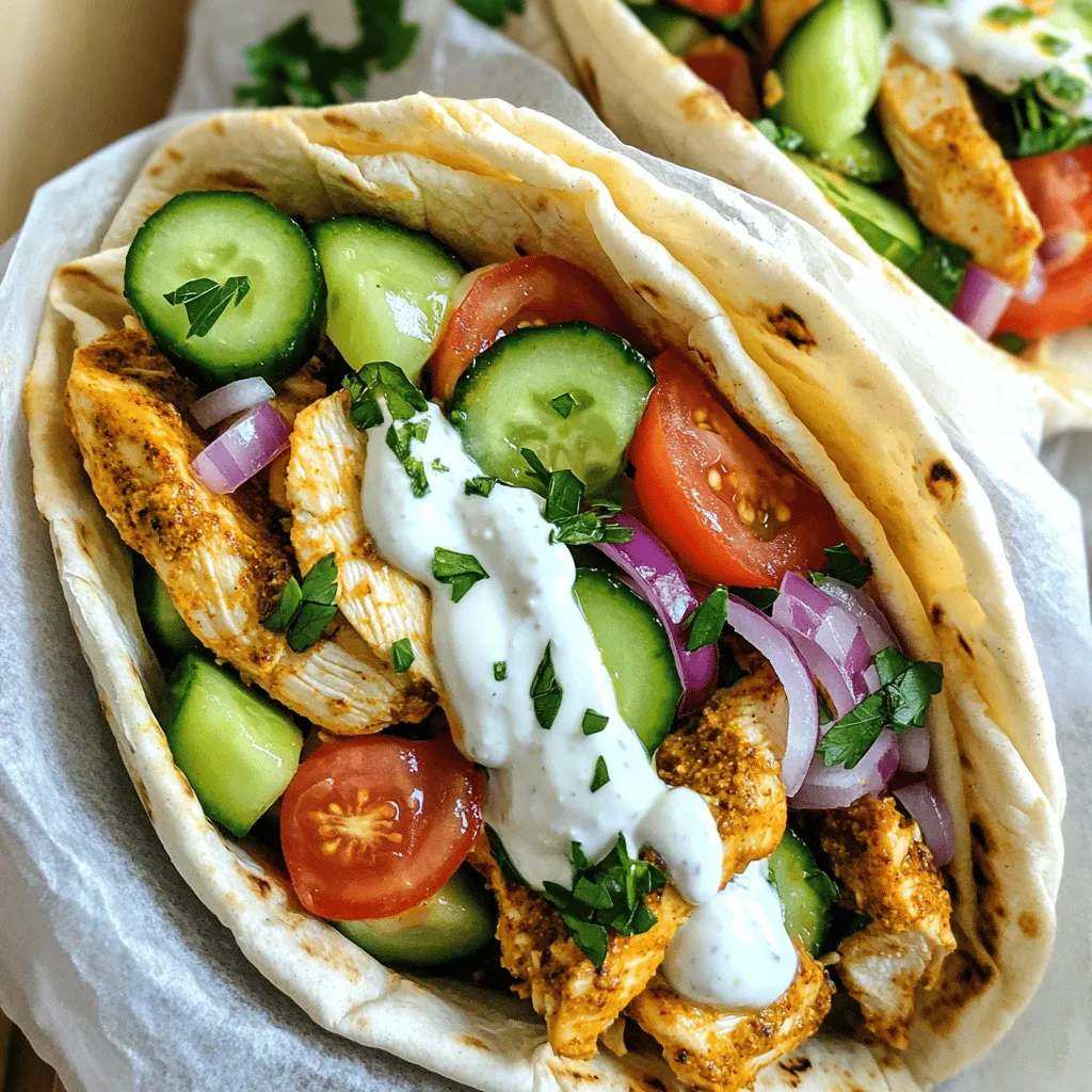- Chicken breasts - Olive oil and spices - Fresh vegetables - Pita bread or wraps For my chicken shawarma wraps, I love using simple, fresh ingredients. The main star is the chicken. I usually choose two large chicken breasts because they stay juicy during cooking. Next, I combine olive oil with spices for a flavorful marinade. I use cumin, coriander, paprika, turmeric, garlic powder, onion powder, and a little cayenne for heat. These spices give the chicken depth and warmth. Fresh vegetables are key. I like diced cucumbers, tomatoes, and thinly sliced red onion. These add crunch and lightness to the wraps. Finally, I use large pita bread or wraps as the base. They hold all the goodness inside and make eating easy. - Additional toppings (avocado, olives, etc.) - Alternative sauces (hummus, tzatziki) Customization makes these wraps even better. I often add toppings like creamy avocado or salty olives. They bring extra flavor and texture. You can also swap the sauce. Hummus adds a rich, nutty taste, while tzatziki offers a cool, refreshing touch. Feel free to mix and match to suit your taste. For the full recipe, check the section above. To make the chicken tasty, we need a good marinade. Start by mixing these ingredients in a bowl: - 2 tablespoons olive oil - 1 tablespoon ground cumin - 1 tablespoon ground coriander - 1 teaspoon paprika - 1 teaspoon turmeric - 1 teaspoon garlic powder - 1 teaspoon onion powder - ½ teaspoon cayenne pepper (optional) - Salt and pepper to taste This blend gives the chicken a nice flavor. Next, add the thinly sliced chicken breasts. Make sure each piece gets coated well. Cover the bowl and let it sit in the fridge for at least one hour. For the best taste, marinate it overnight. Now it’s time to cook the chicken! First, preheat your skillet over medium-high heat. Once hot, add the marinated chicken slices. Cook them for about 6-8 minutes. Stir the chicken often so it cooks evenly. Look for a slight char on the chicken; this adds more flavor. When it’s fully cooked, remove the skillet from the heat. While the chicken is cooking, prepare your toppings. Dice the cucumber and tomatoes, and slice the red onion. For the sauce, mix these in a small bowl: - 1 cup Greek yogurt - 2 tablespoons tahini - 1 tablespoon lemon juice - Salt and pepper to taste To wrap the shawarma, place a few spoonfuls of the chicken on a pita. Top it with the diced veggies and drizzle the yogurt-tahini sauce over everything. For a fresh touch, sprinkle chopped parsley on top. Next, fold up the bottom of the pita. Roll it tightly from one side to the other. Make sure all the fillings stay inside. Serve your delicious chicken shawarma wraps warm, and enjoy! For the full recipe, check the earlier section. Marinating your chicken is key to great flavor. I recommend marinating for at least one hour. For the best taste, let it sit overnight. This time allows the spices to soak in. You can also use different oils for extra flavor. Olive oil gives a nice taste, but you can try sesame oil for a twist. To get that perfect char on your chicken, preheat your skillet well. Start with medium-high heat. Cook the chicken in a single layer to avoid steaming. Stir occasionally to get even cooking. To keep your chicken juicy, avoid overcooking. Use a meat thermometer; it should reach 165°F for safe eating. When serving your shawarma wraps, presentation is key. Wrap them in parchment paper for easy handling. This also keeps them warm. Serve the wraps on a platter with extra yogurt-tahini sauce on the side. For garnishing, add fresh parsley on top for color. You can also sprinkle some diced tomatoes for a fresh look. {{image_2}} You can swap chicken for beef or lamb in your shawarma wraps. Both meats add rich flavors. If you choose beef, use flank or sirloin. For lamb, boneless shoulder works well. Cook the same way as chicken for great results. If you prefer a vegetarian twist, try marinated tofu or chickpeas. Both options soak up flavors beautifully. You can follow the same marinade and cooking steps as for chicken. Shawarma sauce is key to a great wrap. You can explore different sauces to spice things up. Try a zesty garlic sauce or a spicy harissa sauce. Both options add a kick to your wraps. To enhance flavor profiles, mix yogurt with herbs like dill or mint. You can also use a tahini-based sauce for a creamy texture. Adding lemon juice brightens any sauce, making it more refreshing. Shawarma wraps pair well with tasty side dishes. Serve them with a simple salad or roasted vegetables. You can also add fries or rice for a more filling meal. For meal prep, pack the wraps in containers for quick lunches. Make extra sauce for dipping. This way, you can enjoy your shawarma wraps throughout the week. Check out the Full Recipe for more ideas! To keep your chicken shawarma wraps fresh, follow these steps. First, allow your wraps to cool completely. This will help prevent moisture build-up. Wrap each shawarma in plastic wrap or foil. Place them in an airtight container or a resealable bag. Store the container in the fridge. Your wraps will stay fresh for up to three days. If you want to freeze your wraps, wrap them tightly in plastic wrap and then in aluminum foil. This extra layer helps prevent freezer burn. You can freeze them for up to three months. When you’re ready to eat, thaw them in the fridge overnight. Reheat in an oven at 350°F for about 15-20 minutes. Enjoy them warm and tasty! Chicken shawarma wraps can last in the fridge for about three days. After that, the flavor and texture may decline. Always check for signs of spoilage. If you see any unusual smell, discoloration, or slimy texture, it’s best to toss them out. Safety first! Enjoy your delicious shawarma wraps within the recommended time for the best taste. To make chicken shawarma wraps, start with the marinade. Mix olive oil, cumin, coriander, paprika, turmeric, garlic powder, onion powder, cayenne, salt, and pepper in a bowl. Add thinly sliced chicken and coat well. Let it sit in the fridge for at least an hour. This helps the flavors blend. Preheat a skillet over medium-high heat. Cook the marinated chicken for 6-8 minutes until it’s done and slightly charred. Next, prepare the sauce by mixing Greek yogurt, tahini, and lemon juice. Season it with salt and pepper for taste. To wrap your shawarma, take pita bread or wraps, add the chicken, diced cucumber, tomatoes, and sliced red onion. Drizzle the yogurt-tahini sauce on top. Roll it tightly and enjoy. You can find the full recipe for more details. Yes, you can make shawarma wraps ahead of time. Marinate the chicken the night before. This saves time on busy days. Once cooked, store the chicken in an airtight container in the fridge. You can also prep the veggies and sauce ahead. Just keep them separate until you are ready to eat. It’s best to assemble the wraps right before serving. This keeps the pita fresh and crisp. Chicken shawarma tastes great with many sauces. The classic option is yogurt-tahini sauce. It adds creaminess and tang. Other great choices include garlic sauce and spicy harissa. For a fresh twist, try a zesty lemon-garlic sauce. You can also use hummus for a smooth texture. Each sauce will add a unique flavor to your wrap, so feel free to get creative! In this post, we explored how to make tasty chicken shawarma wraps at home. We covered essential ingredients like chicken, fresh veggies, and olive oil. You learned step-by-step instructions for marinating and cooking the chicken. I shared tips to make your wraps shine, including sauce variations and storage tips. Now it’s time to enjoy your delicious creation. Cooking can be fun and rewarding. With these easy steps, you can impress family and friends with your shawarma wraps. Happy cooking!
