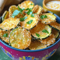 - 2 medium zucchinis - 1 cup breadcrumbs (panko recommended) - 1/2 cup grated Parmesan cheese - 1 teaspoon garlic powder - 1 teaspoon onion powder - 1 teaspoon Italian seasoning - Salt and pepper to taste - 1 large egg, beaten - Olive oil spray To make great air fryer zucchini chips, start with fresh, firm zucchinis. Slice them thinly, about 1/8 inch thick. This size helps them cook evenly and get crispy. You’ll need breadcrumbs for the coating. I like using panko because it gives extra crunch. Parmesan cheese adds a rich, savory flavor that makes these chips hard to resist. Next, gather your seasonings. Garlic powder, onion powder, and Italian seasoning add a wonderful taste. Don’t forget to season with salt and pepper. This simple mix makes a big difference in flavor. For binding, you’ll use a beaten egg. This helps the breadcrumbs stick to the zucchini. Finally, an olive oil spray is key for a nice, crispy finish. It keeps the chips from sticking and helps them brown perfectly. You can find the full recipe [here](#). - Step 1: Thinly slice the zucchinis. Aim for even rounds, about 1/8 inch thick. This helps them cook evenly and become crispy. - Step 2: Prepare the egg wash. In a bowl, beat one large egg until smooth. This will help the breadcrumbs stick to the zucchini. - Step 3: Mix the breadcrumbs and seasonings. In another bowl, combine 1 cup of breadcrumbs, 1/2 cup of grated Parmesan cheese, 1 teaspoon garlic powder, 1 teaspoon onion powder, and 1 teaspoon Italian seasoning. Add salt and pepper to taste. Stir until everything is well mixed. - Step 4: Dip zucchini in the egg and coat with breadcrumbs. Take each slice of zucchini and first dip it in the egg wash. Then, coat it in the breadcrumb mixture, pressing lightly to ensure it sticks. - Step 5: Preheat the air fryer to 375°F (190°C) for about 5 minutes. Preheating ensures that the zucchini cooks evenly. - Step 6: Arrange zucchini in the air fryer. Place the coated zucchini chips in a single layer in the air fryer basket. Make sure not to overcrowd them; this helps them crisp up. - Step 7: Air fry to golden perfection. Cook for 8-10 minutes, flipping halfway through. When they are golden brown and crispy, they are ready to enjoy. For the full recipe, check the details above. To make your zucchini chips crispy, pay close attention to cooking times and temperatures. I recommend setting your air fryer to 375°F (190°C). This temperature helps achieve a perfectly golden, crunchy texture. Cook for 8-10 minutes, flipping the chips halfway through. Flipping them ensures they cook evenly on both sides. If you want extra crunch, try air frying a minute longer, but watch closely to avoid burning. To boost the flavor of your zucchini chips, consider adding different seasonings. You can sprinkle smoked paprika for a smoky taste or cayenne pepper for some heat. For a tangy twist, mix in some lemon zest with your breadcrumbs. Dipping sauces can elevate your snack even more. Try a yogurt dip with herbs or marinara sauce for a classic pairing. The thickness of your zucchini slices greatly affects the texture. Aim for 1/8 inch thick slices. This thickness helps them cook evenly and become crisp. For consistent slicing, I recommend using a mandoline slicer. It makes cutting easy and ensures all slices are the same size, leading to even cooking. {{image_2}} You can change the taste of your zucchini chips easily. For a spicy kick, add cayenne pepper to your breadcrumb mix. A little goes a long way; start with 1/4 teaspoon. Mix it well and enjoy the heat! If you prefer herbs, try making herb-infused zucchini chips. Add dried herbs like thyme or rosemary to the breadcrumbs for a fresh twist. You can also use Italian seasoning for a classic flavor. Each variation adds a unique taste to your crispy snacks. If you want gluten-free options, almond flour works great. It gives a nice crunch and keeps the chips light. For a cheesy taste without cheese, try nutritional yeast. It adds that savory flavor everyone loves. Simply mix it into your breadcrumb mix. Both options keep your zucchini chips tasty and satisfying while catering to different diets. Zucchini chips are perfect for dipping! Pair them with a yogurt dip or marinara sauce. These dips add creaminess and zest that make every bite better. You can also add the chips to salads. Crumble them on top for extra crunch and flavor. They make a great topping for soups too, adding texture and taste. Enjoy these chips any way you like! For the full recipe, check out the [Full Recipe]. To keep your leftover zucchini chips fresh, place them in an airtight container. This helps to prevent moisture from making them soggy. You can enjoy them for up to three days at room temperature. If you want to keep them longer, store them in the fridge. For the best taste, reheat the chips in the air fryer at 350°F for about 3-5 minutes. This way, they’ll regain their crunch. You can freeze your zucchini chips for long-term storage. If you freeze them before cooking, lay the slices flat on a baking sheet. Once they freeze solid, transfer them to a freezer bag. If you freeze them after cooking, make sure they cool completely first. To thaw, just leave them in the fridge overnight. Re-crisp them in the air fryer at 375°F for 5-7 minutes for the best texture. At room temperature, your zucchini chips will stay fresh for about one day. If you store them in the fridge, they can last up to three days. Just remember, the longer they sit, the less crispy they become. Always check for any signs of spoilage before enjoying your snack! To make zucchini chips, start by slicing the zucchinis thinly. Aim for about 1/8 inch thick. Next, mix breadcrumbs, Parmesan cheese, and spices in a bowl. In another bowl, beat the egg. Dip each zucchini slice in the egg, then coat it with the breadcrumb mix. Preheat your air fryer to 375°F (190°C). Lightly spray the basket with olive oil. Arrange the zucchini slices in a single layer and spray them lightly with oil. Air fry for 8-10 minutes, turning halfway, until they are golden and crispy. If your zucchini chips are not crispy, a few things might be wrong. First, the slices may be too thick. Thin slices cook better and crisp up nicely. Second, if you overcrowd the air fryer, the chips will steam instead of crisp. Make sure to lay them in a single layer. Lastly, ensure you use enough oil. A light spray helps them brown and crisp up. Yes, you can use other vegetables! Carrots, sweet potatoes, and beets work well too. Just slice them thinly, like zucchini. Adjust cooking times as needed, since different veggies may take longer or shorter to cook. Experiment with your favorites to find new crunchy snacks. In this post, we've explored how to make crispy air-fried zucchini chips. We covered the main ingredients, step-by-step instructions, and tips for the best results. Remember, the right slicing and cooking techniques are key to achieving that perfect crunch. I encourage you to try different flavors and serving ideas. With practice, making these snacks can turn into a fun kitchen project. Enjoy your delicious zucchini chips today!