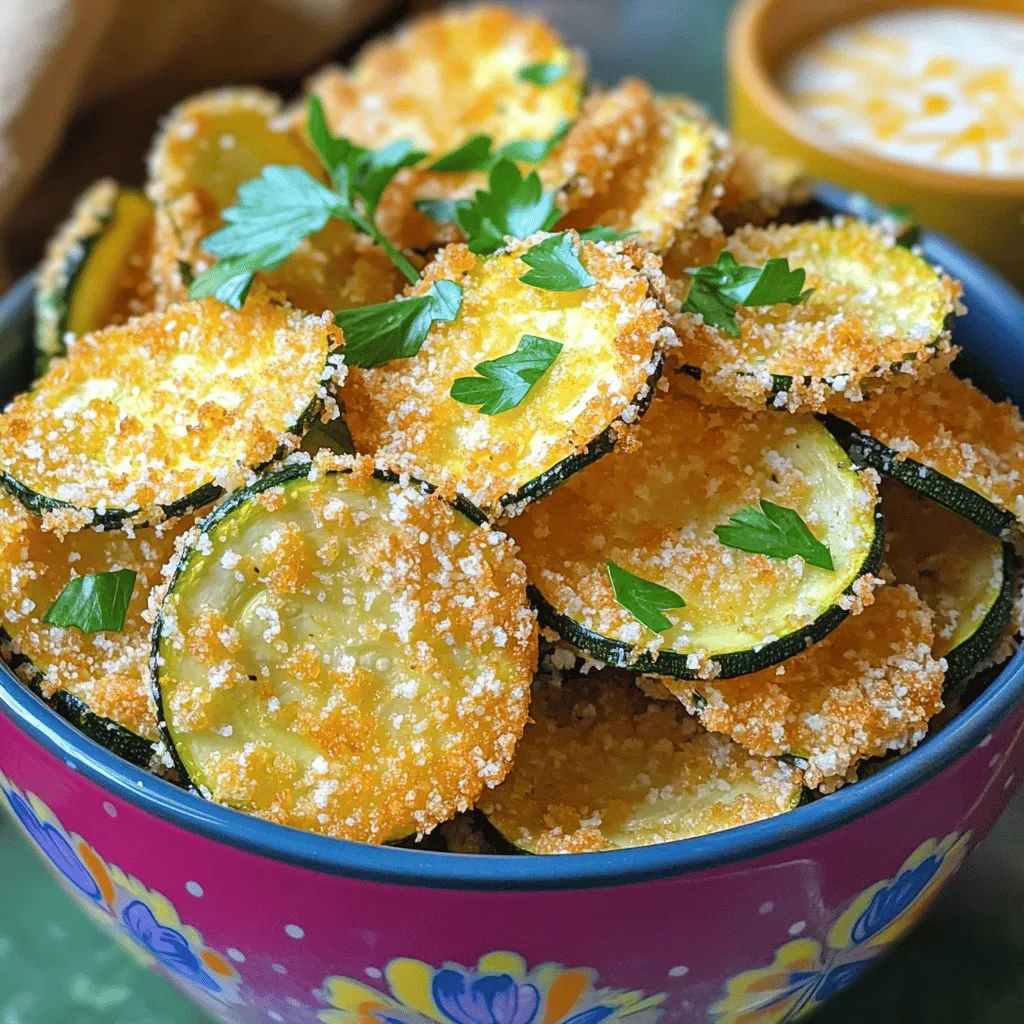 - 2 medium zucchinis - 1 cup breadcrumbs (panko recommended) - 1/2 cup grated Parmesan cheese - 1 teaspoon garlic powder - 1 teaspoon onion powder - 1 teaspoon Italian seasoning - Salt and pepper to taste - 1 large egg, beaten - Olive oil spray To make great air fryer zucchini chips, start with fresh, firm zucchinis. Slice them thinly, about 1/8 inch thick. This size helps them cook evenly and get crispy. You’ll need breadcrumbs for the coating. I like using panko because it gives extra crunch. Parmesan cheese adds a rich, savory flavor that makes these chips hard to resist. Next, gather your seasonings. Garlic powder, onion powder, and Italian seasoning add a wonderful taste. Don’t forget to season with salt and pepper. This simple mix makes a big difference in flavor. For binding, you’ll use a beaten egg. This helps the breadcrumbs stick to the zucchini. Finally, an olive oil spray is key for a nice, crispy finish. It keeps the chips from sticking and helps them brown perfectly. You can find the full recipe [here](#). - Step 1: Thinly slice the zucchinis. Aim for even rounds, about 1/8 inch thick. This helps them cook evenly and become crispy. - Step 2: Prepare the egg wash. In a bowl, beat one large egg until smooth. This will help the breadcrumbs stick to the zucchini. - Step 3: Mix the breadcrumbs and seasonings. In another bowl, combine 1 cup of breadcrumbs, 1/2 cup of grated Parmesan cheese, 1 teaspoon garlic powder, 1 teaspoon onion powder, and 1 teaspoon Italian seasoning. Add salt and pepper to taste. Stir until everything is well mixed. - Step 4: Dip zucchini in the egg and coat with breadcrumbs. Take each slice of zucchini and first dip it in the egg wash. Then, coat it in the breadcrumb mixture, pressing lightly to ensure it sticks. - Step 5: Preheat the air fryer to 375°F (190°C) for about 5 minutes. Preheating ensures that the zucchini cooks evenly. - Step 6: Arrange zucchini in the air fryer. Place the coated zucchini chips in a single layer in the air fryer basket. Make sure not to overcrowd them; this helps them crisp up. - Step 7: Air fry to golden perfection. Cook for 8-10 minutes, flipping halfway through. When they are golden brown and crispy, they are ready to enjoy. For the full recipe, check the details above. To make your zucchini chips crispy, pay close attention to cooking times and temperatures. I recommend setting your air fryer to 375°F (190°C). This temperature helps achieve a perfectly golden, crunchy texture. Cook for 8-10 minutes, flipping the chips halfway through. Flipping them ensures they cook evenly on both sides. If you want extra crunch, try air frying a minute longer, but watch closely to avoid burning. To boost the flavor of your zucchini chips, consider adding different seasonings. You can sprinkle smoked paprika for a smoky taste or cayenne pepper for some heat. For a tangy twist, mix in some lemon zest with your breadcrumbs. Dipping sauces can elevate your snack even more. Try a yogurt dip with herbs or marinara sauce for a classic pairing. The thickness of your zucchini slices greatly affects the texture. Aim for 1/8 inch thick slices. This thickness helps them cook evenly and become crisp. For consistent slicing, I recommend using a mandoline slicer. It makes cutting easy and ensures all slices are the same size, leading to even cooking. {{image_2}} You can change the taste of your zucchini chips easily. For a spicy kick, add cayenne pepper to your breadcrumb mix. A little goes a long way; start with 1/4 teaspoon. Mix it well and enjoy the heat! If you prefer herbs, try making herb-infused zucchini chips. Add dried herbs like thyme or rosemary to the breadcrumbs for a fresh twist. You can also use Italian seasoning for a classic flavor. Each variation adds a unique taste to your crispy snacks. If you want gluten-free options, almond flour works great. It gives a nice crunch and keeps the chips light. For a cheesy taste without cheese, try nutritional yeast. It adds that savory flavor everyone loves. Simply mix it into your breadcrumb mix. Both options keep your zucchini chips tasty and satisfying while catering to different diets. Zucchini chips are perfect for dipping! Pair them with a yogurt dip or marinara sauce. These dips add creaminess and zest that make every bite better. You can also add the chips to salads. Crumble them on top for extra crunch and flavor. They make a great topping for soups too, adding texture and taste. Enjoy these chips any way you like! For the full recipe, check out the [Full Recipe]. To keep your leftover zucchini chips fresh, place them in an airtight container. This helps to prevent moisture from making them soggy. You can enjoy them for up to three days at room temperature. If you want to keep them longer, store them in the fridge. For the best taste, reheat the chips in the air fryer at 350°F for about 3-5 minutes. This way, they’ll regain their crunch. You can freeze your zucchini chips for long-term storage. If you freeze them before cooking, lay the slices flat on a baking sheet. Once they freeze solid, transfer them to a freezer bag. If you freeze them after cooking, make sure they cool completely first. To thaw, just leave them in the fridge overnight. Re-crisp them in the air fryer at 375°F for 5-7 minutes for the best texture. At room temperature, your zucchini chips will stay fresh for about one day. If you store them in the fridge, they can last up to three days. Just remember, the longer they sit, the less crispy they become. Always check for any signs of spoilage before enjoying your snack! To make zucchini chips, start by slicing the zucchinis thinly. Aim for about 1/8 inch thick. Next, mix breadcrumbs, Parmesan cheese, and spices in a bowl. In another bowl, beat the egg. Dip each zucchini slice in the egg, then coat it with the breadcrumb mix. Preheat your air fryer to 375°F (190°C). Lightly spray the basket with olive oil. Arrange the zucchini slices in a single layer and spray them lightly with oil. Air fry for 8-10 minutes, turning halfway, until they are golden and crispy. If your zucchini chips are not crispy, a few things might be wrong. First, the slices may be too thick. Thin slices cook better and crisp up nicely. Second, if you overcrowd the air fryer, the chips will steam instead of crisp. Make sure to lay them in a single layer. Lastly, ensure you use enough oil. A light spray helps them brown and crisp up. Yes, you can use other vegetables! Carrots, sweet potatoes, and beets work well too. Just slice them thinly, like zucchini. Adjust cooking times as needed, since different veggies may take longer or shorter to cook. Experiment with your favorites to find new crunchy snacks. In this post, we've explored how to make crispy air-fried zucchini chips. We covered the main ingredients, step-by-step instructions, and tips for the best results. Remember, the right slicing and cooking techniques are key to achieving that perfect crunch. I encourage you to try different flavors and serving ideas. With practice, making these snacks can turn into a fun kitchen project. Enjoy your delicious zucchini chips today!