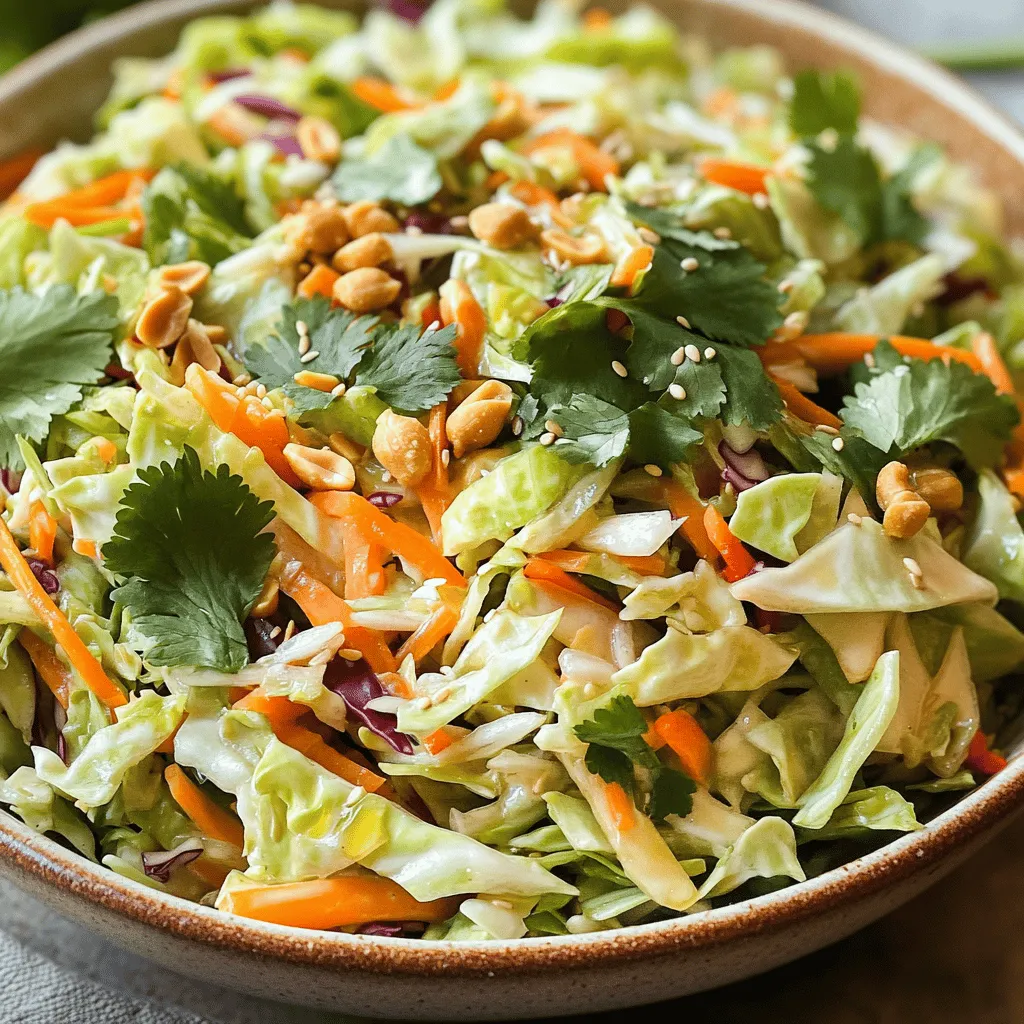To make a delicious Crunchy Asian Slaw, you need some fresh and tasty ingredients. These ingredients give the slaw its vibrant colors and flavors. Here’s what you will need: - Fresh Produce: - 4 cups green cabbage, thinly sliced - 1 cup red cabbage, thinly sliced - 1 cup carrots, julienned - 1 cup bell pepper, thinly sliced (any color) - Aromatics: - 1/2 cup scallions, chopped - 1/4 cup fresh cilantro, chopped - 1 clove garlic, minced - 1 tablespoon fresh ginger, grated - Dressing Components: - 1/4 cup sesame oil - 2 tablespoons soy sauce (or tamari for gluten-free) - 2 tablespoons rice vinegar - 1 tablespoon honey or agave syrup - Toppings: - 1/4 cup roasted peanuts, roughly chopped - Salt and pepper to taste This combination of ingredients makes the slaw crunchy, fresh, and full of flavor. You can find the full recipe at the top. Enjoy creating this colorful dish! Combine the Vegetables First, grab a large mixing bowl. Add 4 cups of thinly sliced green cabbage. Then mix in 1 cup of red cabbage, 1 cup of julienned carrots, and 1 cup of thinly sliced bell pepper. Don't forget to include 1/2 cup of chopped scallions and 1/4 cup of fresh cilantro. Toss all these veggies together until they blend well. Prepare the Dressing Next, take a smaller bowl. Whisk together 1/4 cup of sesame oil, 2 tablespoons of soy sauce, and 2 tablespoons of rice vinegar. Add 1 tablespoon of grated fresh ginger and 1 minced garlic clove. Mix in 1 tablespoon of honey or agave syrup. Keep whisking until the dressing is smooth and well combined. Toss and Season the Slaw Now, pour the dressing over your veggie mix. Toss gently to coat every piece of vegetable evenly. Taste the slaw, then season with salt and pepper as you like. Let it sit for at least 15 minutes. This wait lets the flavors mix and the veggies soften slightly. Right before serving, sprinkle 1/4 cup of roughly chopped roasted peanuts on top for that perfect crunch. Presentation Tips For a beautiful presentation, serve the slaw in a large, shallow bowl. Garnish it with extra chopped cilantro and a few peanut pieces on top. This makes the dish look inviting and colorful. Best Pairings with Crunchy Asian Slaw Crunchy Asian slaw goes well with many meals. Try it as a side dish with grilled chicken or fish. It also pairs nicely with tacos or a rich curry. The fresh, crisp flavors balance heavier dishes perfectly. For a fun twist, serve it in a wrap or as a topping on a rice bowl. Enjoy this vibrant slaw with any meal you love! To get the best crunch from your slaw, let it sit. After mixing the veggies and dressing, give it at least 15 minutes. This time allows the flavors to blend. It also softens the vegetables just enough, keeping them crisp. For added crunch, try using different vegetables. Radishes or jicama work well. You can also add some snow peas for a pop of texture. They bring a nice snap and extra color. Want to spice it up? Add some chili flakes. A pinch can bring a nice heat. Adjust the amount based on your taste. It complements the sweetness of the dressing well. Citrus can also add a fresh twist. Try squeezing some lime or lemon juice over the slaw. This adds brightness and balances the flavors. You can also mix in some orange segments for a fruity kick. These enhancements make your crunchy Asian slaw even more exciting. For the full recipe, check the earlier section. {{image_2}} If you want a gluten-free slaw, use tamari instead of soy sauce. Tamari gives you the same rich taste without gluten. It is a perfect swap for those with dietary needs. You can also change up the veggies in your slaw. Try adding: - Broccoli slaw - Snap peas - Radishes - Jicama These add color and crunch. Each option brings a new flavor to the dish. You can play with the oil and acid in your dressing too. Instead of sesame oil, try using olive oil. For a tangy twist, use lime juice instead of rice vinegar. Each choice can change the whole taste. For sweeteners, honey works great, but agave syrup is a good choice too. You can also try maple syrup for a unique sweetness. Experimenting with these swaps keeps the slaw fresh and exciting. Check the full recipe for detailed steps to make your own Crunchy Asian Slaw, which is perfect for any meal! To keep your Crunchy Asian Slaw fresh, use airtight containers. Glass or plastic containers work well. Make sure they seal tightly. This keeps air out and helps maintain crunchiness. - Best Storage Containers: - Airtight glass containers - BPA-free plastic containers The slaw stays fresh in the fridge for about 3 days. After that, the veggies may become soggy. If you want to keep it longer, consider freezing the slaw without the dressing. It’s best to add the dressing right before you eat. - Storage Duration Recommendations: - In the fridge: up to 3 days - In the freezer: up to 2 months (without dressing) You can prep the slaw ahead and store it. Just leave the dressing out until ready to serve. This helps keep the slaw crunchy and fresh. - Prepping Ahead vs. Ready-to-Eat: - Prep the slaw 1-2 days before serving. - Add dressing just before serving. If you have leftovers and they sit for a while, you can reconstitute the slaw. Just toss it a bit. This helps mix the flavors and revive the crunch. - Reconstituting the Slaw Before Serve: - Toss gently to mix. - Add a bit more dressing if needed. For the full recipe, check out the Crunchy Asian Slaw section above! How long can I keep Crunchy Asian Slaw in the fridge? You can keep Crunchy Asian Slaw in the fridge for up to three days. The veggies stay crisp during this time. However, the dressing may make the slaw soggy if left too long. To keep it fresh, store it in an airtight container. Can I use frozen vegetables in this recipe? Using frozen vegetables is not ideal for this slaw. Fresh veggies give the best crunch and taste. Frozen veggies lose their crispness when thawed. If you’re in a pinch, thaw them completely and drain excess water before mixing. What can I serve with Crunchy Asian Slaw? Crunchy Asian Slaw pairs well with many dishes. Try it with grilled chicken, fish tacos, or even as a topping on sandwiches. The bright flavors enhance any meal. It also works well as a side for stir-fries or Asian-inspired dishes. Is Crunchy Asian Slaw healthy? Yes, Crunchy Asian Slaw is healthy! It has lots of fresh veggies, which are low in calories. The healthy fats from peanuts and sesame oil add flavor and nutrients. This slaw is rich in vitamins and fiber, making it a great choice. What are the calorie counts for the ingredients used? Here’s a rough breakdown of calories for the main ingredients in Crunchy Asian Slaw: - Green cabbage (4 cups): ~100 calories - Red cabbage (1 cup): ~25 calories - Carrots (1 cup): ~50 calories - Bell pepper (1 cup): ~25 calories - Scallions (1/2 cup): ~15 calories - Fresh cilantro (1/4 cup): ~1 calorie - Roasted peanuts (1/4 cup): ~200 calories - Sesame oil (1/4 cup): ~480 calories - Soy sauce (2 tablespoons): ~20 calories - Rice vinegar (2 tablespoons): ~5 calories - Fresh ginger (1 tablespoon): ~5 calories - Garlic (1 clove): ~5 calories - Honey (1 tablespoon): ~64 calories Total calories for the whole slaw come to about 1,020 calories. Divide by servings for a better idea of calorie count per serving. This is a great, healthy option to add to your meals! Crunchy Asian Slaw combines fresh veggies, bold flavors, and easy steps. You learned about the key ingredients, how to prepare, and some great serving ideas. This slaw is versatile, with tips on texture and flavor boost. Experiment with variations and enjoy it fresh. Store leftovers well to keep them crisp. Embrace this fun dish in your meals!