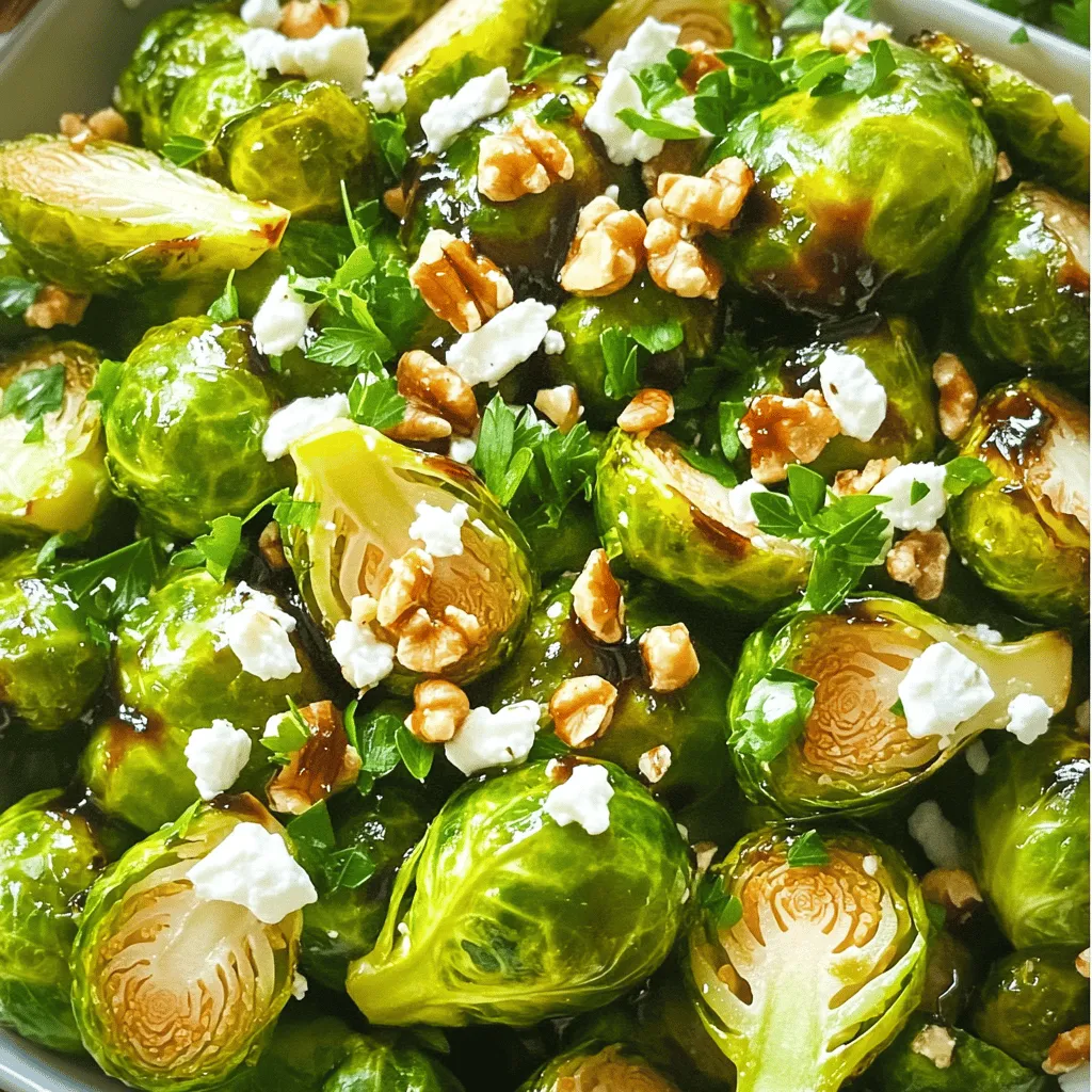 To make balsamic roasted Brussels sprouts, you need the following items: - 1 pound Brussels sprouts, trimmed and halved - 3 tablespoons balsamic vinegar - 2 tablespoons olive oil - 1 tablespoon honey or maple syrup - 2 cloves garlic, minced - Salt and pepper to taste - 1/4 cup feta cheese, crumbled (optional) - 1/4 cup toasted walnuts or pecans, chopped (optional) These ingredients give the dish its rich flavor and texture. The Brussels sprouts shine when roasted, while the balsamic vinegar adds a sweet and tangy kick. Olive oil helps with the roasting, making the sprouts crispy and golden. Honey or maple syrup balances the flavors, while garlic adds depth. For customization, think about adding feta cheese or nuts. They bring in extra creaminess or crunch. Feel free to adjust the salt and pepper to your liking. You can explore these options to make the dish truly your own. To find the complete cooking steps, check the Full Recipe. 1. Preheat the oven to 425°F (220°C). This step is key for crisping the sprouts. 2. Mix the balsamic glaze. In a large bowl, combine: - 3 tablespoons balsamic vinegar - 2 tablespoons olive oil - 1 tablespoon honey or maple syrup - 2 cloves garlic, minced - Salt and pepper to taste Whisk these ingredients until smooth. This glaze adds a sweet and tangy flavor. 3. Coat the Brussels sprouts. Take 1 pound of Brussels sprouts, trimmed and halved. Add them to the bowl with the glaze. Toss well so each sprout is evenly coated. This ensures every bite is flavorful. 1. Arrange on the baking sheet. Spread the coated Brussels sprouts on a baking sheet. Place them cut side down. This helps them caramelize better. 2. Cooking time and temperature guidelines. Roast the sprouts in the preheated oven for 20-25 minutes. They should turn golden brown and crisp. 3. Tips for flipping for even cooking. Stir the sprouts halfway through cooking. This promotes even roasting and prevents sticking. Check for doneness by piercing a sprout with a fork; it should be tender. For the full recipe, look for more detailed instructions. Enjoy your tasty side dish! When choosing Brussels sprouts, look for bright green ones. They should feel firm and have tight leaves. Avoid any that are yellow or wilted. For storage, keep them in the fridge. They stay fresh for about a week. Place them in a plastic bag or container with holes. This allows air to circulate. To get that nice caramelization, spread the sprouts in a single layer. Place them cut side down on the baking sheet. This helps them brown better. Roast at 425°F (220°C) for 20-25 minutes. If you want more flavor, add a pinch of salt or a dash of pepper. You can also drizzle more balsamic vinegar just before serving. Adjust the sweetness by adding more honey or maple syrup if needed. This makes the dish perfect for your taste. {{image_2}} You can change the flavor of balsamic roasted Brussels sprouts easily. Try adding different glazes. For example, mix balsamic vinegar with soy sauce for a savory twist. You can also use maple syrup instead of honey for a sweeter taste. For a spicy kick, add crushed red pepper flakes. If you want a vegetarian or vegan version, skip the honey. Use agave syrup or leave it out. The flavor will still shine through. You can even make a tangy orange glaze by adding orange juice and zest to the balsamic. Toppings can really enhance your Brussels sprouts. I love to sprinkle crumbled feta cheese on top. It adds a creamy and salty touch. Nuts like toasted walnuts or pecans give a nice crunch. They also add healthy fats and protein. For a complete meal, consider adding protein. Grilled chicken or chickpeas work well. Simply toss them with the Brussels sprouts before roasting. This way, you create a hearty dish that satisfies everyone. You can find the full recipe for balsamic roasted Brussels sprouts to explore more variations and ideas! To keep leftover balsamic roasted Brussels sprouts fresh, store them in the fridge. Place them in an airtight container. They will last for up to three days. If you want to keep them longer, freezing is a good option. Use a freezer-safe bag or container. They can last for up to three months in the freezer. When reheating, you want to keep the texture nice. The best way is to use the oven. Preheat it to 350°F (175°C). Spread the sprouts on a baking sheet and warm for about 10-15 minutes. This will help them stay crispy. You can also use the microwave, but they may get soft. For a quick meal, serve leftovers over a salad or grain bowl. They add great flavor and crunch! For the detailed recipe, check out the Full Recipe. Yes, you can use frozen Brussels sprouts. They are convenient and save time. However, they may have a softer texture when cooked. Fresh Brussels sprouts provide a better crunch and flavor. If you use frozen, roast them for a bit longer. This helps them crisp up. To make balsamic roasted Brussels sprouts ahead, follow these steps: - Prep the sprouts: Trim and halve them. - Make the glaze: Mix balsamic vinegar, olive oil, and spices in a bowl. - Combine: Toss the sprouts in the glaze and store in the fridge. - Roast: When ready to eat, spread them on a baking sheet and roast. You can roast them straight from the fridge. This dish tastes great fresh out of the oven! Balsamic roasted Brussels sprouts pair well with many dishes. Try serving them with: - Grilled chicken or fish for a protein boost. - Quinoa or rice for a hearty meal. - A fresh salad for extra greens. - Pasta for a unique twist. These combinations make a complete meal that everyone will enjoy. For the full recipe of balsamic roasted Brussels sprouts, check out the detailed recipe here: [Balsamic Glazed Brussels Sprouts Delight](#). In this post, we covered how to make balsamic roasted Brussels sprouts from scratch. You learned about the ingredients you need and how to prepare and roast them perfectly. We discussed tips for freshness and suggested tasty variations. Storing and reheating leftovers is also easy. Balsamic roasted Brussels sprouts can be a delightful side or even a main dish. With the right techniques, you can enjoy a flavorful and healthy meal every time. Follow these steps, and you’ll impress everyone at the table. Enjoy your cooking!