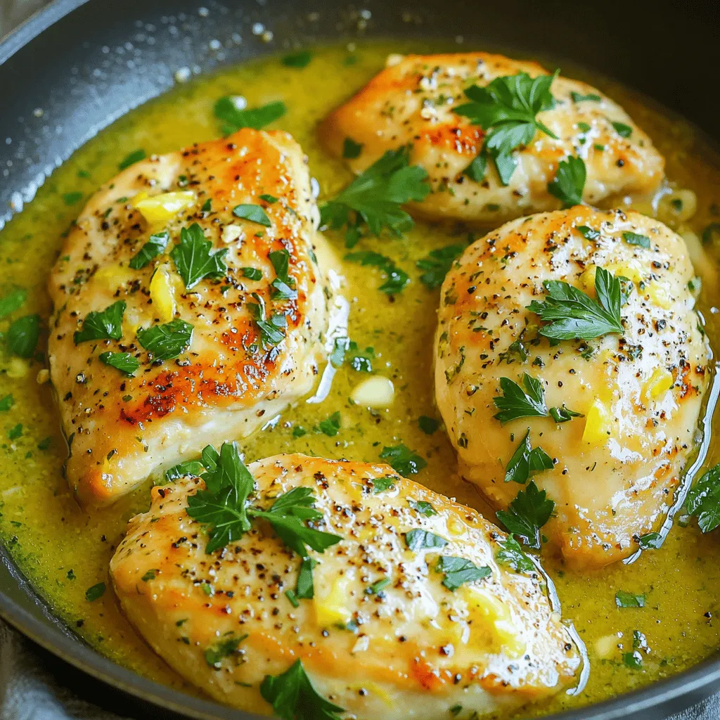 - Chicken and seasonings - 4 boneless, skinless chicken breasts - Salt and pepper to taste - Herbs and flavor enhancers - 2 tablespoons olive oil - 3 cloves garlic, minced - Zest and juice of 2 large lemons - 1 teaspoon dried oregano - 1 teaspoon dried thyme - 1 teaspoon dried basil - 1/4 cup chicken broth (or low-sodium broth) - Additional components for garnish - Fresh parsley, chopped When you gather these ingredients, you set the stage for a bright and tasty meal. The chicken breasts provide a great base, while the lemon and herbs add a fresh kick. I love using fresh garlic for that wonderful aroma. The olive oil helps the chicken cook nicely without sticking. Using dried herbs like oregano, thyme, and basil is key. They bring depth without overpowering the dish. The chicken broth adds moisture and flavor to the sauce. Don't forget the parsley! It not only looks nice but gives a fresh taste at the end. This recipe is simple and quick, perfect for a busy day. You can find the full recipe and more tips to make this dish shine! Preparing the chicken: Start by patting the chicken breasts dry with paper towels. This step helps the chicken sear better. Next, season both sides with salt and pepper. This simple seasoning brings out the chicken's flavor. Heating oil in the skillet: In a large skillet, heat 2 tablespoons of olive oil over medium-high heat. You want the oil hot but not smoking. This heat level helps create a nice crust on the chicken. Searing the chicken breasts: Once the oil is ready, add the chicken breasts to the skillet. Sear them for about 5-6 minutes on each side. Look for a golden-brown color. This shows they are cooked well. Remove the chicken from the skillet and set it aside. Sautéing garlic: In the same skillet, lower the heat to medium. Add 3 cloves of minced garlic. Sauté for about 1-2 minutes until you smell the garlic. Make sure it does not burn. Burnt garlic can ruin the dish's taste. Adding lemon and herbs: Now, add the zest and juice of 2 large lemons, along with 1 teaspoon each of oregano, thyme, and basil. Pour in 1/4 cup of chicken broth too. Stir everything well. This mixture creates a bright, zesty sauce. Simmering the chicken in the sauce: Return the seared chicken to the skillet. Let it simmer in the lemon-herb sauce for about 3-4 minutes. This allows the chicken to soak up the flavors. Flip them halfway to ensure they get coated. Garnishing and serving suggestions: Once done, remove the skillet from the heat. Garnish with freshly chopped parsley. This adds a pop of color and flavor. Serve it warm with your favorite sides. Enjoy this flavorful and simple meal! For detailed instructions, check the Full Recipe. To boost the taste of your skillet lemon herb chicken, start with great seasoning. Use fresh herbs when possible. They add bright flavors that dried herbs cannot match. If using dried herbs, remember to crush them in your hand before adding. This helps release their oils. Marinating the chicken is another key step. A simple mix of lemon juice, olive oil, and herbs works wonders. Let the chicken sit in this mix for at least 30 minutes. For deeper flavor, marinate for a few hours or overnight. This makes the chicken juicy and packed with taste. Getting the chicken texture just right is vital. Always dry the chicken with paper towels before cooking. This helps achieve that perfect golden crust. Heat your skillet until it is hot before adding the chicken. Sear each side for about 5-6 minutes until golden brown. For perfect doneness, use a meat thermometer. Chicken should reach an internal temperature of 165°F. This ensures it is safe to eat while remaining juicy and tender. When it comes to sides, consider fresh veggies or a light salad. Roasted asparagus or garlic mashed potatoes pair nicely with the chicken. A simple green salad with vinaigrette adds a nice crunch. For drinks, a chilled glass of white wine works well. Try a Sauvignon Blanc or a light Pinot Grigio. If you prefer non-alcoholic options, serve sparkling water with lemon slices. This complements the dish's bright flavors. For the full recipe, check out the complete guide on skillet lemon herb chicken. {{image_2}} You can switch up the herbs in your Skillet Lemon Herb Chicken. Try fresh rosemary, dill, or cilantro for a new taste. Each herb brings its own flair to the dish. If you want a milder flavor, use parsley or chives. For proteins, chicken breasts work well, but you can also use thighs. They add more moisture and flavor. If you prefer, try pork chops or even tofu for a plant-based option. Just adjust the cooking time to fit the protein you choose. To make this recipe gluten-free, ensure your chicken broth is certified gluten-free. Most brands offer this option. You can also use vegetable broth for a vegetarian spin. If you are on a low-carb or keto diet, skip the broth and use a bit of water. This keeps the dish flavorful without the carbs. You can also serve it over zucchini noodles or cauliflower rice for a tasty low-carb meal. These adjustments will keep your Skillet Lemon Herb Chicken delicious and diet-friendly. After enjoying your skillet lemon herb chicken, store any leftovers in the fridge. Use an airtight container to keep it fresh. This dish lasts about 3 to 4 days when stored properly. Always check for signs of spoilage before eating. If the chicken has an off smell or a slimy texture, it's best to toss it. You can freeze skillet lemon herb chicken to enjoy later. First, let the chicken cool completely. Then, wrap it tightly in plastic wrap and place it in a freezer bag. Remove as much air as possible to prevent freezer burn. This chicken can last up to 3 months in the freezer. When you are ready to eat it, thaw the chicken in the fridge overnight. To reheat, place it in a skillet over low heat. Add a splash of chicken broth to keep it moist. This method helps maintain flavor and texture. Enjoy your meal again without losing any of the tasty goodness! How long does it take to cook chicken in a skillet? It takes about 12 to 15 minutes to cook chicken in a skillet. First, sear it for 5 to 6 minutes on each side. Then, let it simmer in the sauce for a few minutes. Can I use boneless thighs instead of breasts? Yes, you can use boneless thighs. They add a rich flavor and stay moist. Just adjust the cooking time slightly, as thighs may need a bit longer. What can I substitute for chicken broth? If you don’t have chicken broth, use vegetable broth or water. You can also add a splash of white wine for added flavor. How to fix overcooked chicken? To fix overcooked chicken, make a sauce. Use butter and broth to moisten it. Serve it with a flavorful sauce to add moisture back in. Can I double the recipe for a larger serving? Yes, you can double the recipe. Just make sure to use a larger skillet or cook in batches. This keeps the chicken from overcrowding and helps it cook evenly. How to adjust cooking time for thicker chicken breasts? For thicker breasts, increase cooking time by a few minutes per side. Use a meat thermometer to check when it reaches 165°F (75°C). What other herbs can I use for this recipe? You can use fresh herbs like rosemary or dill instead of dried ones. They add a fresh taste and enhance the dish's flavor. What to do if I don't have fresh parsley? If you don’t have fresh parsley, try using dried parsley or a mix of fresh cilantro or basil. They will still add a nice touch to the dish. Tips for reheating leftovers without drying out the chicken To reheat leftovers, use low heat. Add a splash of broth to keep it moist. Cover the skillet to trap steam and prevent drying out. This guide gave you the key steps to make a tasty skillet lemon herb chicken. We covered everything from essential ingredients to cooking methods, making it easy for you to follow. Remember, seasoning is key, and don’t shy away from trying different herbs or proteins. With the right techniques and tips, you can enjoy this dish to its fullest. Whether you’re saving leftovers or experimenting with variations, the joy of cooking is in your hands. Happy cooking!