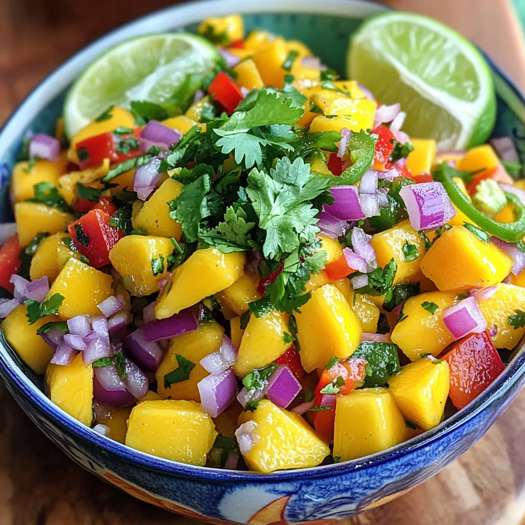 - Ripe mangoes - Fresh herbs and spices - Optional sweeteners and seasonings Fresh mango salsa is all about using bright, fresh ingredients. Ripe mangoes bring sweetness and a lovely texture. I always choose mangoes that feel soft but not mushy. Fresh herbs, like cilantro, add a burst of flavor. You can also use lime juice for zesty brightness. If you want more sweetness, honey is a great option. - Signs of ripeness - Popular mango varieties To pick the best mango, look for a slight give when you press it. A ripe mango has a sweet smell at the stem. The skin should have a mix of green and yellow. Some great mango varieties are Haden, Tommy Atkins, and Kent. Each offers a unique taste and texture. - Alternative peppers - Other add-ins for flavor You can spice things up by using different peppers. For a milder salsa, try a bell pepper. If you like heat, go for a serrano or habanero. Other tasty add-ins include diced avocado, pineapple, or even black beans. These options let you make the salsa your own. For the full recipe, check out the Tropical Delight Mango Salsa section. Start by preparing your ingredients. First, peel and dice the mangoes. Aim for small, even pieces. Next, finely chop the red onion. This adds a nice crunch and flavor. Then, dice the red bell pepper into similar-sized pieces. This keeps your salsa looking colorful and fresh. Don't forget the jalapeño! Use a seedless jalapeño to control the spice level. Removing the seeds helps keep the heat mild. If you want more heat, you can add a few seeds back in later. Now, let’s mix the salsa. In a large bowl, combine the diced mangoes, chopped red onion, and red bell pepper. Next, add the minced jalapeño. This brings a kick of flavor to your salsa. Then, toss in the chopped cilantro. The fresh herbs make a big difference. Squeeze the juice of two limes over the mixture. This adds brightness and balances the sweetness of the mangoes. If you like it a bit sweet, mix in a tablespoon of honey. Be gentle when you stir. You want to keep the mango pieces intact. Add salt and pepper to taste. This step is important to enhance the flavors. Let the salsa sit for at least 15 minutes. This allows the flavors to meld together beautifully. Fresh mango salsa pairs wonderfully with tortilla chips. It also complements grilled meats like chicken or fish. For a creative twist, try it on tacos. The sweetness of the mango contrasts well with spicy meats. You can also serve it over grilled fish for a tropical touch. For a beautiful presentation, use a colorful bowl. Garnish with extra cilantro and lime wedges. This makes the dish vibrant and inviting. Enjoy your fresh mango salsa! Adding acidity can brighten your salsa. Lime juice works well for this. It cuts through the sweetness of mango. If you prefer sweetness, use honey to balance the flavors. This mix creates a vibrant taste. Salt helps bring all the flavors together. A little pinch can make a big difference. To keep your salsa fresh, chop your ingredients just before serving. This keeps the colors bright and the texture crisp. Marinate the salsa for at least 15 minutes. This time allows the flavors to blend nicely. The waiting makes every bite more delicious. Use an airtight container for storing salsa. This keeps it fresh longer. Fresh mango salsa lasts for about three days in the fridge. If it starts to smell off, it’s best to toss it. Enjoy your salsa while it's still vibrant and tasty! {{image_2}} You can make mango salsa even better by adding tropical fruits. Pineapple brings a sweet and tangy flavor that pairs well with mango. Just chop fresh pineapple into small pieces and mix it with your salsa. This twist adds a fun crunch! Another great option is avocado. It gives a creamy texture, making the salsa richer. Dice a ripe avocado and fold it in gently. This addition balances the sweetness of the mango and adds healthy fats. You might also try different citrus fruits. Lime is classic, but orange or grapefruit can add unique flavors. Squeeze in some juice or add zest for a bright taste. Do you like heat? You can easily change the spice level of your salsa. If you want mild salsa, skip the jalapeño. Instead, use sweet bell peppers for crunch without the kick. For medium heat, keep the jalapeño but use less. Remove some seeds to tone it down. If you crave spice, add a serrano pepper or a habanero. Just remember to adjust to your taste! Different peppers can also change the flavor. Each pepper has its own heat and taste. Experiment with poblano or banana peppers for something new. To make a creamy avocado mango salsa, follow the same steps but add more avocado. Blend it with the mango for a smooth mix. This creates a dip-like consistency that’s perfect for chips. Fresh herbs can elevate this creamy salsa. Try adding basil or mint for a refreshing twist. These herbs bring a unique flavor that pairs well with avocado and mango. For the complete recipe and step-by-step instructions, check the Full Recipe above. To choose the best mangoes, look for these signs: - Color: Ripe mangoes have vibrant skin. They can be yellow, orange, or red, depending on the type. - Feel: Gently squeeze the mango. It should feel slightly soft but not mushy. - Smell: Ripe mangoes have a sweet, fruity aroma at the stem end. When I pick mangoes, I often check for a little give in the flesh. This means it's ready to eat. Avoid green or very hard mangoes as they won’t be sweet. Yes, you can make Fresh Mango Salsa ahead of time! Here are some tips: - Prep: Make the salsa up to 24 hours in advance. It tastes better after flavors blend. - Storage: Use an airtight container. This keeps the salsa fresh and prevents browning. - Refrigeration: Store it in the fridge. The cooler temperature helps maintain freshness. If you make it early, just give it a good stir before serving. This brings back the vibrant look! Fresh Mango Salsa pairs well with many dips and snacks. Here are some options: - Tortilla chips: Crunchy and salty, they are a classic choice. - Grilled meats: Serve it with chicken or fish for a tasty topping. - Tacos: Add it to your taco for a fresh kick. You can also spoon it over rice or serve it with crackers. The salsa adds a bright flavor wherever you use it. For the full recipe, check out the Tropical Delight Mango Salsa section! Fresh mango salsa bursts with color and taste. You need just a few simple ingredients: - 2 ripe mangoes, diced - 1 small red onion, finely chopped - 1 red bell pepper, diced - 1 jalapeño, deseeded and minced - 1/4 cup fresh cilantro, chopped - Juice of 2 limes - 1 tablespoon honey (optional for sweetness) - Salt and pepper to taste To make it, just chop the ingredients and mix them in a bowl. I suggest letting it sit for about 15 minutes. This helps the flavors blend nicely. Mango salsa is great for many occasions. Serve it at a barbecue, a picnic, or a family gathering. It pairs perfectly with tortilla chips or grilled meats. You can also add it to tacos or fish dishes for a fresh twist. Enjoy this vibrant and flavorful delight! Fresh mango salsa combines ripe mangoes with herbs, spices, and optional add-ins. You can choose the best mangoes by checking for ripeness and variety. The blog highlights preparation steps, mixing tips, and serving ideas to elevate your salsa experience. Explore variations for flavors and textures, adjusting heat as desired. In the end, making mango salsa is fun and fulfilling. Enjoy experimenting with ingredients and flavors for a fresh burst in your meals.