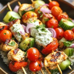 For a tasty Greek Chicken Souvlaki Bowl, you need simple yet fresh ingredients. Here’s what you’ll need: - 1 lb (450g) boneless, skinless chicken breasts, cut into 1-inch cubes - 3 tablespoons olive oil - Juice of 1 lemon - 3 cloves garlic, minced - 1 teaspoon dried oregano - 1 teaspoon dried thyme - Salt and pepper to taste - 2 cups cooked quinoa or couscous - 1 cup cherry tomatoes, halved - 1 cucumber, diced - 1 red onion, thinly sliced - 1 cup tzatziki sauce (store-bought or homemade) - Fresh parsley, chopped, for garnish These main ingredients give your bowl a vibrant and fresh taste. To boost the flavor of your Greek Chicken Souvlaki Bowl, consider adding these optional ingredients: - Feta cheese, crumbled - Avocado slices - Kalamata olives - Bell peppers, diced - Fresh mint or dill These ingredients add texture and enhance the overall flavor of your dish. Each serving of Greek Chicken Souvlaki Bowl is packed with nutrients. Here’s the breakdown: - Calories: Approximately 450 - Protein: 30g - Carbohydrates: 40g - Fat: 20g - Fiber: 6g This meal is healthy and satisfying, making it great for lunch or dinner. For the full recipe, check out the steps to create this delicious bowl. To start, gather your ingredients. You need olive oil, lemon juice, minced garlic, dried oregano, dried thyme, salt, and pepper. In a large mixing bowl, combine these ingredients. Mix them well to create a marinade. This mix adds great flavor to the chicken. Next, cut the chicken into 1-inch cubes. Add the chicken to the marinade. Stir well to coat each piece. Cover the bowl and place it in the fridge. Let it marinate for at least 30 minutes. For even more flavor, marinate it for two hours. While the chicken marinates, preheat your grill or grill pan. Set it to medium-high heat. Take the chicken out of the marinade. Thread the chicken cubes onto soaked wooden skewers. Grill the skewers for 10-12 minutes. Turn them occasionally. Cook until they are lightly charred and reach an internal temperature of 165°F (75°C). Now, it's time to assemble your bowls. Start with a base of cooked quinoa or couscous in each bowl. Next, add the grilled chicken skewers. Top with halved cherry tomatoes, diced cucumber, and sliced red onion. Drizzle tzatziki sauce over the top. Finally, garnish with fresh parsley. If you like, add crumbled feta cheese for extra taste. Enjoy your delicious Greek Chicken Souvlaki Bowls! Check out the Full Recipe for more details. To grill chicken skewers perfectly, start with a good marinade. The marinade adds flavor and keeps the chicken juicy. Use olive oil, lemon juice, garlic, oregano, thyme, salt, and pepper. Let the chicken marinate for at least 30 minutes. The longer, the better! Aim for 2 hours for full flavor. When ready, preheat your grill on medium-high heat. - Soak wooden skewers in water for 30 minutes to prevent burning. - Thread chicken evenly on the skewers without packing them too tight. - Grill for 10-12 minutes, turning often. Look for a nice char and an internal temp of 165°F (75°C). Homemade tzatziki sauce is easy and delicious. You need Greek yogurt, cucumber, garlic, lemon juice, olive oil, and dill. Start by grating the cucumber and squeezing out excess water. Then mix the cucumber with yogurt, minced garlic, lemon juice, olive oil, and fresh dill. - Adjust the garlic and lemon to suit your taste. - Chill the sauce before serving for the best flavor. - This sauce pairs well with chicken and adds creaminess to your bowl. For a balanced meal, combine grilled chicken with fresh veggies and grains. Use cooked quinoa or couscous as your base. Top it with grilled chicken skewers, halved cherry tomatoes, diced cucumber, and sliced red onion. Drizzle the tzatziki sauce generously on top. - Add fresh parsley for a pop of color. - Crumbled feta cheese enhances the flavor and adds creaminess. - You can also serve pita bread on the side. Explore the [Full Recipe] for detailed steps and more ideas! {{image_2}} If you want a meat-free meal, try using marinated tofu or tempeh. Both options soak up flavors well. You can cut them into cubes, just like the chicken. Another great choice is grilled veggies, like bell peppers and zucchini. They add a fresh touch and taste amazing. Quinoa is my go-to for a healthy base, but you can also use brown rice or farro. These grains give you a nice chew and pair well with the chicken. You can even use lettuce leaves for a lighter bowl. Just fill them up with all your toppings! While the classic marinade is delicious, you can mix things up. Try adding yogurt or honey to the marinade for a creamy twist. You can also play with spices. Smoked paprika or cumin can add a nice depth of flavor. For dressings, a squeeze of lime or a splash of balsamic vinegar can make a big difference. You can find the full recipe for these tasty bowls above! To store your leftover Souvlaki bowls, let them cool first. Place the bowls in airtight containers. Make sure to separate the chicken and grains from the fresh veggies. Store them in the fridge. They will stay fresh for about three days. You can freeze the chicken and grains for longer storage. Place cooked chicken and grains in separate freezer bags. Remove as much air as you can before sealing. Label each bag with the date. They will last up to three months in the freezer. To reheat, first, thaw the chicken and grains in the fridge overnight. You can warm them in the oven or microwave. For the best taste, heat them in a pan over medium heat. Add a splash of water to keep them moist. Serve with fresh veggies and tzatziki sauce for the best flavor. For the full recipe, check out the details above. Souvlaki comes from Greece. It is a popular street food. Souvlaki means "small skewer" in Greek. People have enjoyed it for many years. It often features marinated meat grilled on a skewer. You can find it in many Greek tavernas. Traditionally, it's served with pita bread and sauces. Souvlaki is loved worldwide for its bold flavors. Yes, you can make Greek Chicken Souvlaki Bowls ahead. Prepare the chicken marinade and soak the skewers. You can also cook the chicken and grains ahead. Store them in separate containers. Keep them in the fridge for up to three days. When ready to serve, warm the chicken and grains. Assemble the bowls with fresh toppings. You can serve many sides with Greek Chicken Souvlaki Bowls. Consider adding a Greek salad. A side of roasted vegetables works well too. Pita bread or warm flatbreads are great options. You might also enjoy a refreshing tzatziki dip. These sides add more flavor and texture to your meal. Customizing Greek Chicken Souvlaki Bowls is easy. Start by changing the base. Use quinoa, couscous, or rice. Add different veggies like bell peppers or olives. You can switch the protein too. Try lamb, shrimp, or even tofu. For dressings, mix up flavors with spicy or sweet sauces. Make it your own! Check out the Full Recipe for ideas. In this blog post, we covered how to make Greek Chicken Souvlaki Bowls. We discussed the main and optional ingredients, plus their nutrition. You learned how to prepare the marinade, grill the chicken, and assemble your bowls. We shared tips for grilling, making tzatziki, and serving suggestions. Don’t forget about the tasty variations and storage ideas. Making your own souvlaki bowl is simple and fun! Enjoy your cooking and create a dish that suits your taste.