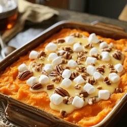 - 4 large sweet potatoes, peeled and cubed - 1/2 cup brown sugar - 1/4 cup maple syrup - 1/2 cup unsalted butter, softened - 1 teaspoon vanilla extract - 1/2 teaspoon cinnamon - 1/4 teaspoon nutmeg - 1/2 teaspoon salt - 1/2 cup milk (or almond milk for a dairy-free option) To make a great sweet potato casserole, you need sweet potatoes. They are the star of the dish. Choose large, firm ones for the best flavor. Brown sugar and maple syrup give it a sweet touch. They balance the natural earthiness of the sweet potatoes. Butter adds creaminess, while milk helps create a smooth texture. - 1 cup mini marshmallows - 1/2 cup pecans, chopped - Spices and flavorings like vanilla or nutmeg For a fun twist, add mini marshmallows on top. They melt and become gooey and sweet. Chopped pecans give a nice crunch. They also add a rich, nutty taste. You can use extra spices like vanilla or nutmeg to make it even better. This sweet potato casserole is simple to make. You can check the full recipe for a delicious experience. To make your sweet potato casserole vegan, you can use plant-based substitutes. Instead of butter, try coconut oil or vegan margarine. For milk, almond milk works well. You can also swap the brown sugar for coconut sugar. This keeps the flavor rich while staying plant-friendly. To enhance the flavor, add a dash of maple syrup and a hint of almond extract. These small changes can really boost the dish. You can also fold in chopped pecans for crunch and texture. This vegan version remains just as tasty as the classic. If you need a gluten-free casserole, you can easily modify the recipe. All the ingredients in the main recipe are naturally gluten-free. Just make sure the butter and any toppings are certified gluten-free. This will help you avoid any issues while baking. Creating a safe baking environment is key. Clean your workspace and use clean tools to prevent cross-contamination. This way, everyone can enjoy your delicious casserole worry-free. To store leftovers, let the casserole cool down first. Then, cover it tightly with plastic wrap or foil. Place it in the fridge. It will stay fresh for up to four days. If you want to save it longer, consider freezing it. For freezing, use an airtight container. You can also wrap it in foil before placing it in a freezer bag. This will help prevent freezer burn. It can last up to three months when frozen. When you’re ready to eat leftovers, reheat them in the oven. Preheat to 350°F (175°C) and cover your casserole with foil. This helps maintain texture and flavor. Bake for about 20 minutes or until heated through. You can also use the microwave for quick reheating. Just use a microwave-safe dish and cover it loosely. Heat in short bursts, stirring in between, until warm. This keeps the sweet potatoes creamy and delicious. Sweet potato casserole shines on its own, but adding sides makes it better. Try these pairings: - Complementary Side Dishes: - Roasted Brussels sprouts add a crunchy texture. - Green bean casserole brings a classic touch. - A fresh salad with vinaigrette balances the sweetness. - Cornbread is great for a comforting, southern feel. - Beverage Recommendations: - A light white wine, like Sauvignon Blanc, works well. - Apple cider adds a nice fall flavor. - Herbal tea can be a warm, cozy option. Sweet potato casserole fits many occasions perfectly. Here are some great times to serve it: - Holiday Gatherings: - Thanksgiving is the classic time for sweet potato casserole. - Christmas dinner is another favorite occasion. - Easter brunch can include this dish for a twist. - Family Dinners and Potlucks: - Bring it to family gatherings for a warm dish everyone loves. - Potlucks are perfect for sharing this crowd-pleaser. - Make it for a cozy Sunday dinner with the family. Sweet potato casserole is versatile and delicious, making it a go-to dish for many events. For the full recipe and more details, check the Full Recipe section. {{image_2}} Each serving of sweet potato casserole holds about 250 calories. The sweet potatoes add fiber and vitamins. Brown sugar and maple syrup give it sweetness and energy. Butter contributes fat, while milk adds protein and creaminess. Here is a quick look at the main ingredients: - 4 large sweet potatoes - 1/2 cup brown sugar - 1/4 cup maple syrup - 1/2 cup unsalted butter - 1/2 cup milk This mix makes it a tasty dish that fills you up. Sweet potatoes are rich in vitamins A and C. They also provide fiber, which helps digestion. These nutrients support your immune system and skin health. Sweet potatoes are low on the glycemic index. This means they won’t spike your blood sugar. They also have antioxidants, which fight free radicals in the body. Choosing sweet potatoes is a smart choice for your health! You can use margarine or coconut oil instead of butter. Both give a similar texture and flavor. They are good options for dairy-free diets. Yes, you can prepare it a day before. Make the mixture, then cover it and place it in the fridge. You can bake it the next day. Just add a few extra minutes to the baking time. You can skip the marshmallows for a less sweet taste. Top it with chopped nuts, like pecans or walnuts, for crunch. Another option is to use a mix of brown sugar and cinnamon for a flavorful topping. This sweet potato casserole recipe is simple and delicious. Here’s what you need: - 4 large sweet potatoes, peeled and cubed - 1/2 cup brown sugar - 1/4 cup maple syrup - 1/2 cup unsalted butter, softened - 1 teaspoon vanilla extract - 1/2 teaspoon cinnamon - 1/4 teaspoon nutmeg - 1/2 teaspoon salt - 1/2 cup milk (or almond milk for a dairy-free option) - 1 cup mini marshmallows - 1/2 cup pecans, chopped Now, let’s jump into the steps: 1. Preheat your oven to 350°F (175°C). 2. Boil water in a large pot. Add the cubed sweet potatoes. Cook for 15-20 minutes until tender. Drain and cool. 3. In a big bowl, mix the sweet potatoes, brown sugar, maple syrup, softened butter, vanilla extract, cinnamon, nutmeg, salt, and milk. Mash until smooth and creamy. 4. Pour the sweet potato mix into a greased 9x13 inch baking dish. Spread it evenly. 5. Top with mini marshmallows and chopped pecans. 6. Bake for 25-30 minutes. Look for golden brown marshmallows and bubbly edges. 7. Let it cool for a few minutes before serving. This dish serves 8 and takes about 55 minutes total. Enjoy the sweet flavors and creamy texture of this sweet potato casserole! Sweet potato casserole is a crowd-pleaser you can make with ease. We covered key ingredients, from sweet potatoes to toppings like marshmallows and pecans. I provided step-by-step instructions to guide you through preparation and baking. With tips to avoid common mistakes and variations for vegans and those avoiding gluten, you have the tools to customize your dish. Enjoy sweet potato casserole at holidays or family dinners, and feel good about its health benefits. Try it out, and make it your own!