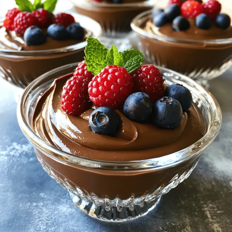 - 2 ripe avocados - 1/2 cup unsweetened cocoa powder - 1/2 cup maple syrup or honey - 1/4 cup almond milk (or regular milk) - 1 teaspoon vanilla extract - A pinch of sea salt To make the best chocolate avocado mousse, you need fresh and ripe avocados. They bring a creamy texture and rich flavor. The cocoa powder gives the mousse its deep chocolate taste. Maple syrup or honey adds sweetness, balancing the flavors well. You can use almond milk or regular milk to make it smooth. The vanilla extract enhances the flavors. Lastly, a pinch of sea salt makes all the tastes pop. - Fresh berries - Mint leaves For a beautiful finish, you can add fresh berries. They add color and a burst of flavor. Mint leaves also make a great garnish, giving a refreshing touch. These optional ingredients are simple, but they make your mousse look fancy and appealing. You can find the full recipe in the section above. Enjoy every bite of this rich and creamy delight! To start, cut the ripe avocados in half. Remove the pits and scoop the green flesh into your blender. This step is key because the avocados give the mousse its creamy texture. Next, add the unsweetened cocoa powder, maple syrup or honey, almond milk, vanilla extract, and a pinch of sea salt to the blender. Now, blend everything on high speed until it is smooth and creamy. You might need to stop and scrape down the sides. This ensures all the ingredients mix well. After blending, taste the mousse. This is your chance to adjust the sweetness. If you want it sweeter, add more maple syrup or honey. Blend again for a few seconds to mix in the extra sweetness. This way, you can make it just right for your taste. Once you have the perfect taste, transfer the mousse into individual serving bowls or glasses. Cover them and refrigerate for at least 30 minutes. This helps the mousse firm up nicely. When it’s time to serve, sprinkle fresh berries on top and add a sprig of mint if you like. This not only adds color but also enhances the flavor. Enjoy your rich and creamy chocolate avocado mousse! To make the best mousse, you need ripe avocados. Look for avocados that yield slightly to gentle pressure. They should feel soft but not mushy. If they are hard, they are not ripe yet. Store avocados at room temperature until they ripen. Once ripe, you can store them in the fridge to slow down the process. This way, they stay fresh longer. Both a blender and a food processor can blend your mousse. A blender makes it very smooth and creamy. It can handle small amounts well. A food processor is great for larger batches. It may take a bit longer but works well too. Make sure to scrape the sides down often to mix everything. Avoid over-blending. This can make your mousse too warm and change the texture. To boost flavor, try adding nut butter like almond or peanut. It adds richness and a nice twist. You can also incorporate spices like cinnamon or chili powder. A dash of sea salt enhances the chocolate taste. Mix and match to find what you love best! {{image_2}} You can make this mousse even better by swapping some ingredients. If you want to lower the sugar, try using dates or agave syrup instead of maple syrup or honey. These choices add sweetness without refined sugar. For milk, almond milk works great. You can also use coconut milk or oat milk for a creamy, vegan option. To change the flavor of your mousse, consider adding nuts or coconut. Chopped walnuts or pecans can give a nice crunch. You can also add shredded coconut for a tropical twist. If you want more chocolatey goodness, toss in some chocolate chips. They melt in the mousse, making it even richer. This mousse pairs well with many desserts. You can serve it with fruit salad or alongside a slice of pie. It looks great in a parfait with layers of yogurt and granola. Perfect for parties or special dinners, it impresses guests with its taste and presentation. For a fun touch, add sprigs of mint or fresh berries on top when serving. Enjoy the rich and creamy delight of your Chocolate Avocado Mousse! Check out the Full Recipe for more details. Store your Chocolate Avocado Mousse in the fridge. Use an airtight container to keep it fresh. Make sure to cover the mousse well. This helps prevent it from absorbing other smells. If you have leftovers, eat them within three days for the best taste. You can also freeze the mousse for longer storage. Use freezer-safe containers or bags. Remember to leave some space, as the mousse will expand when frozen. It’s best to eat frozen mousse within a month for the best flavor. Chocolate Avocado Mousse lasts about three days in the fridge. After that, the taste and texture may change. Always check for freshness before eating. Signs of spoilage include a change in color or smell. If it looks brown or has an off smell, it's best to throw it away. Enjoy your mousse while it’s fresh for the best experience! For the full recipe, check out the earlier section. Yes, Chocolate Avocado Mousse is healthy. Avocados are full of good fats, vitamins, and minerals. They contain potassium, which helps your heart and muscles. They also have fiber, which aids digestion. Compared to traditional mousse, this recipe has fewer sugars and unhealthy fats. Classic mousse often uses cream and sugar. This mousse swaps those for avocado and maple syrup. You still get a rich taste without the extra calories. Yes, you can easily make this recipe vegan! Just use maple syrup instead of honey. Maple syrup is plant-based and sweetens the mousse well. You can also use almond milk, which is vegan-friendly. If you want it extra creamy, add a splash of coconut milk. This makes the mousse even richer while keeping it vegan. If you don’t have cocoa powder, you can use melted dark chocolate. Just melt it gently and mix it in with the other ingredients. Use about 4 ounces of dark chocolate for this recipe. You may need to adjust the sweetness since dark chocolate is often less sweet than cocoa powder. Taste the mousse and add more maple syrup if needed. This blog shared how to create a simple, tasty Chocolate Avocado Mousse. You learned the main ingredients, plus some options for garnish. We covered each step, from prepping avocados to serving the dessert. Tips on choosing avocados and blending methods help avoid common mistakes. You can also explore variations for flavors and healthy swaps. Enjoy this treat knowing it’s both delicious and nutritious. This dessert shows that healthy choices can also be fun. Now, grab your ingredients and start blending your mousse masterpiece!