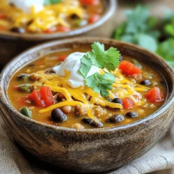 To make a great taco soup, you need simple and tasty ingredients. Here’s what you’ll need: - 1 lb ground turkey or beef - 1 medium onion, diced - 2 cloves garlic, minced - 1 red bell pepper, diced - 1 can (15 oz) black beans, drained and rinsed - 1 can (15 oz) corn, drained - 1 can (15 oz) diced tomatoes with green chilies - 2 cups chicken or vegetable broth These ingredients create a strong base for your soup. The ground meat gives it protein. The beans add fiber, and the veggies bring color and flavor. The right seasonings make your taco soup pop with flavor. Here’s what to add: - 2 tablespoons taco seasoning - 1 teaspoon cumin - Salt and pepper to taste - 1 cup shredded cheese (cheddar or Mexican blend) - Fresh cilantro for garnish - Sour cream for topping Taco seasoning and cumin give your soup that classic taco taste. The salt and pepper help balance everything. Adding shredded cheese and sour cream makes it creamy and rich. Cilantro adds a fresh touch on top. For the full recipe, check out the complete guide to taco soup. Start by heating a large pot over medium-high heat. Add 1 pound of ground turkey or beef. Cook it until it turns brown. This should take about 5 to 7 minutes. If you see excess fat, drain it. This step adds a rich flavor to your soup. Next, add 1 diced onion, 2 minced garlic cloves, and 1 diced red bell pepper to the pot. Stir them well. Cook for about 5 minutes until the veggies are soft. This step makes your soup fragrant and tasty. Now, it’s time to mix in the canned items. Add 1 can of black beans (drained and rinsed), 1 can of corn (drained), and 1 can of diced tomatoes with green chilies. Pour in 2 cups of chicken or vegetable broth. Stir everything together. This gives your soup its hearty base. Sprinkle in 2 tablespoons of taco seasoning, 1 teaspoon of cumin, salt, and pepper to taste. Stir well to mix the spices. Bring the soup to a simmer. Lower the heat and let it cook for about 15 minutes. This allows all the flavors to blend perfectly. After simmering, taste the soup. Adjust any seasonings if needed. Serve the soup hot in bowls. Top it with 1 cup of shredded cheese, a dollop of sour cream, and some fresh cilantro. For the full recipe, check the details provided earlier. Enjoy your easy taco soup! Preparing your taco soup can be quick and easy. Here are some tips to speed up the process: - Chop your onion, garlic, and red bell pepper in advance. - You can also rinse the black beans and corn early. - Measure out your spices and broth before you start cooking. - Keep your ingredients close at hand to save time. To make your taco soup even better, try these flavor boosters: - Add more taco seasoning for extra zest. - Experiment with spices like paprika or chili powder. - Top the soup with avocado slices for creaminess. - A squeeze of lime juice adds a nice tang. - Fresh herbs like cilantro brighten the dish. Pair your taco soup with these tasty sides: - Serve with crispy tortilla chips for crunch. - A side of fluffy cornbread complements the flavors. - Fresh salad adds a nice contrast. - You can also serve it with rice for a filling meal. For the full recipe, check out the complete cooking guide. {{image_2}} For a vegetarian or vegan taco soup, you can swap meat for plant-based protein. Use lentils, black beans, or textured vegetable protein (TVP). These ingredients add protein and texture. You can also add more veggies like zucchini or carrots for extra flavor. Keep the rest of the recipe the same to enjoy a hearty meal. To make taco soup gluten-free, choose gluten-free broth and seasoning. Many taco seasonings contain gluten, so check labels carefully. Canned vegetables are usually gluten-free, but always verify. This way, everyone can enjoy the soup without worry. Adjust the heat in your taco soup based on your taste. For mild soup, use less taco seasoning. If you like it spicy, add chopped jalapeños or hot sauce. You can also mix in crushed red pepper flakes. This lets you customize your soup for every meal. For the complete recipe, check out the Full Recipe section. Store your taco soup in the fridge. Use an airtight container for best results. It stays fresh for about three to four days. Allow the soup to cool before sealing it. This helps prevent condensation. You can freeze the soup for longer storage. Let it cool completely before freezing. Use freezer-safe containers or bags. Make sure to leave some space for expansion. Taco soup can last up to three months in the freezer. To thaw, place it in the fridge overnight or use the microwave. Reheat the soup on the stove for best flavor. Use low to medium heat and stir often. You can also microwave it in a bowl. Heat in short bursts, stirring in between. Ensure it’s warmed through before serving. Add a splash of broth if it seems too thick. Enjoy your quick and flavorful weeknight meal! For the full recipe, check out the details above. You can make this taco soup spicier by adding more chili or hot sauce. Start with a small amount. Taste the soup after each addition. You can use jalapeños or crushed red pepper for extra heat. Yes, you can substitute with pinto or kidney beans. Both will add great flavor and texture. Just rinse them before adding to the soup. This makes it easy to adjust your recipe based on what you have. You can serve this soup with tortilla chips, avocado slices, or a fresh salad. You can also add toppings like shredded cheese, sour cream, or fresh cilantro. These will enhance the flavors and make it fun to eat. Taco soup can last for about 3 to 4 days in the fridge. If you freeze it, it can last up to 3 months. Just make sure to store it in airtight containers. This keeps it fresh and tasty for later. Yes, this taco soup is kid-friendly. To adjust flavors for younger palates, reduce spicy ingredients. You can also add more cheese or sour cream to make it creamier and milder. This makes it easier for kids to enjoy. This taco soup is made with simple ingredients like meat, veggies, and spices. We covered steps to cook the meat, sauté the vegetables, and combine everything into a tasty dish. I shared tips on faster prep, flavor boosts, and serving ideas. You can even customize it for dietary needs or spice levels. In conclusion, this soup is easy, versatile, and sure to please everyone. Enjoy your cooking!