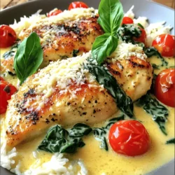 When you're ready to make Creamy Garlic Tuscan Chicken, gather these simple ingredients: - 4 boneless, skinless chicken breasts - 2 tablespoons olive oil - 4 cloves garlic, minced - 1 cup heavy cream - 1 cup cherry tomatoes, halved - 1 cup spinach, fresh - ½ cup grated Parmesan cheese - 1 teaspoon Italian seasoning - Salt and pepper to taste - Fresh basil leaves for garnish Each ingredient plays a key role in creating a rich, satisfying dish. The chicken breasts provide a hearty base packed with protein. Olive oil adds a touch of flavor and helps cook the chicken beautifully. Garlic gives that warm aroma and taste that we all love. Heavy cream is the star, making the sauce rich and creamy. Cherry tomatoes bring a pop of color and sweetness, while fresh spinach adds nutrition and a lovely green hue. Parmesan cheese adds depth and umami, making the sauce irresistible. To make this dish even better, season with salt and pepper. Finally, garnish with fresh basil leaves for a burst of freshness. For the full recipe, check out the details in the recipe card! To start, season the chicken breasts with salt and pepper. This small step packs a lot of flavor. Heat the olive oil in a large skillet over medium-high heat. Once the oil is hot, add the chicken. Cook for about 5-7 minutes on each side. You want the chicken to be golden brown and cooked all the way through. Once done, remove the chicken from the skillet and set it aside on a plate. Next, it’s time to make the creamy sauce. In the same skillet, add the minced garlic. Sauté the garlic for about 30 seconds until it smells amazing. Then, pour in the heavy cream, stirring to mix it with the garlic. Now, add the halved cherry tomatoes and Italian seasoning. Stir well and let it simmer for about 3-4 minutes. This allows the sauce to thicken. Now, add the fresh spinach to the sauce. Cook it for another 2 minutes until the spinach wilts down. Next, reduce the heat to low and sprinkle in the grated Parmesan cheese. Stir until the cheese melts into the sauce. Finally, return the chicken to the skillet. Spoon the creamy sauce over the chicken and let it cook for an additional 2-3 minutes to heat through. If you want, garnish with fresh basil leaves before serving. For the full recipe, check out the earlier section. To get that rich and smooth sauce, use heavy cream. Heavy cream adds body to your sauce. It keeps the sauce thick and tasty. If you want it extra creamy, add a bit more cream. When melting cheese, do it slowly. Stir the cheese into the warm sauce. This helps it melt evenly. Always keep the heat low to avoid clumps. For the best results, use a heavy skillet. A cast-iron skillet works great for even cooking. It holds heat well and gives a nice sear to the chicken. When cooking, keep the heat at medium-high. This helps brown the chicken quickly. Then lower the heat when you add the sauce to keep it from burning. To boost flavor, try adding fresh herbs. Basil and thyme work well with this dish. You can also toss in a pinch of red pepper flakes for some heat. If you want a different taste, switch up the cheese. Instead of Parmesan, try using mozzarella or feta. Each cheese gives a unique twist to the dish. For the full recipe, check the detailed instructions above. {{image_2}} You can change the main protein in this dish. Instead of chicken, try shrimp or tofu. Both options absorb the sauce well. This adds a unique twist to the meal. You can also swap in different vegetables. Mushrooms and zucchini work great in this recipe. They give extra flavor and texture. Feel free to experiment with what you have on hand. If you need gluten-free options, use gluten-free pasta or serve with rice. For dairy-free, substitute heavy cream with coconut milk. It will still be creamy and delicious. You can also adapt this dish for a low-carb diet. Skip the pasta and serve the chicken with a fresh salad. This keeps it light and healthy. Pair your creamy garlic Tuscan chicken with sides like pasta or a crisp salad. The sauce is rich, so a light side balances the meal. You can also add garlic bread for a fun touch. For a drink, consider a glass of white wine. A Chardonnay or Pinot Grigio complements the dish well. Enjoy the flavors coming together with every bite! To store your creamy garlic Tuscan chicken, use airtight containers. This keeps the chicken fresh. Make sure to let it cool before sealing. You can refrigerate it for up to three days. If you want to keep it longer, freezing is a good option. When reheating, use a skillet on low heat. This method helps keep the chicken moist. You can also add a splash of cream or broth for extra moisture. Avoid using the microwave, as it can dry out the chicken. To freeze, place the chicken in freezer bags. Make sure to remove excess air. This keeps the chicken from getting freezer burn. When you’re ready to eat, thaw it in the fridge overnight. Reheat it gently in a skillet for the best taste. Enjoy your delicious meal again! Creamy Garlic Tuscan Chicken is a rich and flavorful dish. It features tender chicken breasts in a creamy garlic sauce. This sauce blends heavy cream, garlic, cherry tomatoes, and spinach. The dish has roots in Italian cooking, showcasing the use of fresh ingredients. The result is a comforting meal with a touch of elegance. Making Creamy Garlic Tuscan Chicken takes about 30 minutes. You need around 10 minutes for prep. Cooking the chicken and sauce takes about 20 minutes. This quick time frame makes it perfect for a weeknight dinner. Yes, you can make this dish ahead. Cook the chicken and sauce, then store them in the fridge. Use airtight containers to keep it fresh. You can reheat it later on the stove or in the microwave. Just be careful not to overcook it when reheating. This dish tastes great even after a day or two! In this post, I covered how to make Creamy Garlic Tuscan Chicken. You learned about the ingredients and step-by-step cooking methods. I shared tips for achieving the best texture and flavor, plus variations to suit your taste. Remember, you can also adapt the recipe for different diets. Experimenting with new sides can enhance your meal. This dish is easy to make and perfect for any night. Dive in, and enjoy every delicious bite!