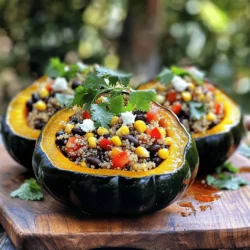 When you want to make stuffed acorn squash, you need fresh and tasty ingredients. Here’s what you will need: - 2 medium acorn squashes - 1 cup quinoa, rinsed - 2 cups vegetable broth - 1 cup black beans, drained and rinsed - 1 cup corn, fresh or frozen - 1 red bell pepper, diced - 1 small onion, chopped - 2 cloves garlic, minced - 1 teaspoon cumin - 1 teaspoon smoked paprika - Salt and pepper to taste - 2 tablespoons olive oil - Fresh cilantro, for garnish - Optional: crumbled feta or goat cheese for topping Using high-quality ingredients makes a big difference. The squash offers a sweet and nutty flavor, while the quinoa adds protein and texture. The black beans and corn bring color and a hearty feel. This combination creates a dish that is not only healthy but also very delicious. You can find the full recipe for this delightful dish in the section above. First, preheat your oven to 400°F (200°C). This temperature helps the squash cook evenly and become tender. Next, take your acorn squashes and cut them in half from stem to base. Use a spoon to scoop out the seeds, creating a nice bowl for the filling. Brush the insides with olive oil, then sprinkle with salt and pepper. This simple seasoning brings out the natural sweetness of the squash. Place the halves cut-side down on a baking sheet. Roast them in the oven for 25-30 minutes, or until they are tender when pierced with a fork. While the squash roasts, it’s time to cook the quinoa. In a medium saucepan, combine 1 cup of rinsed quinoa with 2 cups of vegetable broth. Using broth instead of water adds great flavor. Bring this mixture to a boil over medium heat. Once it boils, reduce the heat to low, cover the pot, and let it simmer for about 15 minutes. When done, the quinoa should be fluffy, and all the broth will be absorbed. This step is crucial for texture. Now, let’s add depth to our dish with some sautéed veggies. In a large skillet, heat 2 tablespoons of olive oil over medium heat. Add the chopped onion and minced garlic. Sauté them until the onions turn translucent, which takes about 3-4 minutes. This brings out their sweet flavor. Next, add in the diced red bell pepper, corn, and black beans. Sprinkle in the cumin, smoked paprika, salt, and pepper. Cook this mixture for another 5 minutes, stirring occasionally. Once everything is tender, mix in the cooked quinoa. Stir until all the veggies and quinoa are well combined. This blend of flavors makes the stuffing truly delightful. For the full recipe, check out Autumn Bliss: Stuffed Acorn Squash. To get the best texture from your acorn squash, roast it for 25 to 30 minutes at 400°F. This time allows the squash to become tender and sweet. You want it soft enough to scoop out the flesh easily. For fluffy quinoa, you need to rinse it first. This step removes excess starch. Then, cook it in vegetable broth instead of water. Bring the broth to a boil, then reduce heat and cover. Let it simmer for about 15 minutes. When done, fluff it with a fork for that perfect texture. Herbs and spices can elevate your dish. Consider using: - Fresh thyme - Chopped sage - A pinch of red pepper flakes for heat These flavors mix well with the sweet acorn squash. For cheese, crumbled feta or goat cheese adds creaminess. Sprinkle it on top just before the last bake. It melts nicely and adds a wonderful tang. For an attractive display, serve the stuffed acorn squashes on a rustic wooden board. Drizzle some extra olive oil over them. A sprinkle of fresh cilantro adds a bright touch. You can also pair them with a colorful salad for contrast. If you want to explore the full process, check out the Full Recipe for detailed steps and tips. {{image_2}} You can make stuffed acorn squash even more fun! Try different veggies for the filling. Sweet potatoes, spinach, or mushrooms work great. You can also mix in nuts like walnuts or pecans. They add crunch and flavor. If you want a different grain, use brown rice or farro instead of quinoa. Each grain gives a unique taste. Want to add some protein? You can include cooked meats like chicken or turkey. Shredded beef also pairs well with the squash. If you prefer plant-based options, consider adding lentils or chickpeas. They are healthy and fill you up. Just mix them in with the veggies for a tasty boost. Spice things up with global ingredients! Try adding curry powder for an Indian twist. You can also use taco seasoning for a Mexican vibe. If you love Mediterranean flavors, add olives and sun-dried tomatoes. Each option brings a new taste and makes your stuffed acorn squash exciting. For the full recipe, check out the Autumn Bliss: Stuffed Acorn Squash. After enjoying your stuffed acorn squash, you want to store leftovers right. Place any unused squash in an airtight container. Keep it in the fridge for up to four days. If you want to save it longer, freeze the filling separately. To freeze, let the filling cool completely. Then, pack it in a freezer-safe bag or container. It can last for up to three months. When it’s time to enjoy your leftovers, reheating is key. For the best results, use an oven. Preheat it to 350°F (175°C). Place the stuffed squash in a baking dish. Cover it with foil to keep moisture in. Heat for about 20 minutes or until warmed through. If you prefer a microwave, heat it in short bursts. This way, you keep the squash from getting soggy. Enjoy your flavorful delight just as you made it! For the full recipe, check out the detailed cooking steps. Yes, you can prep stuffed acorn squash in advance. First, cook the quinoa and sauté the veggies. Then, fill the acorn squash halves but do not bake them yet. Store the stuffed squashes in the fridge for up to two days. When ready to serve, just bake them at 400°F (200°C) for about 20-25 minutes. To check if your acorn squash is done, look for a golden-brown color on the outside. It should feel soft when you poke it with a fork. If the fork goes in easily, your squash is ready. You can also gently press the skin; it should give a little. Stuffed acorn squash pairs well with several side dishes. Consider serving a simple green salad with a light vinaigrette. You can also enjoy it with roasted Brussels sprouts or a warm grain salad. For a heartier option, serve it alongside garlic bread or a creamy soup. These options complement the flavors without overwhelming them. This recipe for stuffed acorn squash brings simple, healthy ingredients together. You learned about roasting squash, cooking quinoa, and sautéing veggies. We also discussed tips for texture, flavor boosts, and attractive serving ideas. With so many variations and storage tips, you can customize this dish to fit your taste and lifestyle. Enjoy trying different spins on this recipe, and don’t forget to explore new flavors. This dish is both fun to make and delicious to eat.
