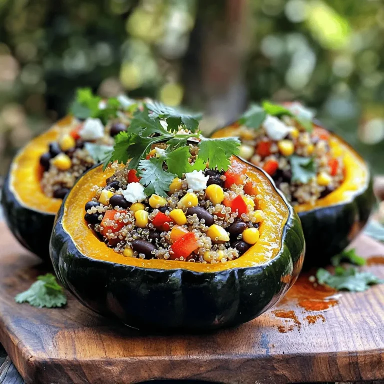 When you want to make stuffed acorn squash, you need fresh and tasty ingredients. Here’s what you will need: - 2 medium acorn squashes - 1 cup quinoa, rinsed - 2 cups vegetable broth - 1 cup black beans, drained and rinsed - 1 cup corn, fresh or frozen - 1 red bell pepper, diced - 1 small onion, chopped - 2 cloves garlic, minced - 1 teaspoon cumin - 1 teaspoon smoked paprika - Salt and pepper to taste - 2 tablespoons olive oil - Fresh cilantro, for garnish - Optional: crumbled feta or goat cheese for topping Using high-quality ingredients makes a big difference. The squash offers a sweet and nutty flavor, while the quinoa adds protein and texture. The black beans and corn bring color and a hearty feel. This combination creates a dish that is not only healthy but also very delicious. You can find the full recipe for this delightful dish in the section above. First, preheat your oven to 400°F (200°C). This temperature helps the squash cook evenly and become tender. Next, take your acorn squashes and cut them in half from stem to base. Use a spoon to scoop out the seeds, creating a nice bowl for the filling. Brush the insides with olive oil, then sprinkle with salt and pepper. This simple seasoning brings out the natural sweetness of the squash. Place the halves cut-side down on a baking sheet. Roast them in the oven for 25-30 minutes, or until they are tender when pierced with a fork. While the squash roasts, it’s time to cook the quinoa. In a medium saucepan, combine 1 cup of rinsed quinoa with 2 cups of vegetable broth. Using broth instead of water adds great flavor. Bring this mixture to a boil over medium heat. Once it boils, reduce the heat to low, cover the pot, and let it simmer for about 15 minutes. When done, the quinoa should be fluffy, and all the broth will be absorbed. This step is crucial for texture. Now, let’s add depth to our dish with some sautéed veggies. In a large skillet, heat 2 tablespoons of olive oil over medium heat. Add the chopped onion and minced garlic. Sauté them until the onions turn translucent, which takes about 3-4 minutes. This brings out their sweet flavor. Next, add in the diced red bell pepper, corn, and black beans. Sprinkle in the cumin, smoked paprika, salt, and pepper. Cook this mixture for another 5 minutes, stirring occasionally. Once everything is tender, mix in the cooked quinoa. Stir until all the veggies and quinoa are well combined. This blend of flavors makes the stuffing truly delightful. For the full recipe, check out Autumn Bliss: Stuffed Acorn Squash. To get the best texture from your acorn squash, roast it for 25 to 30 minutes at 400°F. This time allows the squash to become tender and sweet. You want it soft enough to scoop out the flesh easily. For fluffy quinoa, you need to rinse it first. This step removes excess starch. Then, cook it in vegetable broth instead of water. Bring the broth to a boil, then reduce heat and cover. Let it simmer for about 15 minutes. When done, fluff it with a fork for that perfect texture. Herbs and spices can elevate your dish. Consider using: - Fresh thyme - Chopped sage - A pinch of red pepper flakes for heat These flavors mix well with the sweet acorn squash. For cheese, crumbled feta or goat cheese adds creaminess. Sprinkle it on top just before the last bake. It melts nicely and adds a wonderful tang. For an attractive display, serve the stuffed acorn squashes on a rustic wooden board. Drizzle some extra olive oil over them. A sprinkle of fresh cilantro adds a bright touch. You can also pair them with a colorful salad for contrast. If you want to explore the full process, check out the Full Recipe for detailed steps and tips. {{image_2}} You can make stuffed acorn squash even more fun! Try different veggies for the filling. Sweet potatoes, spinach, or mushrooms work great. You can also mix in nuts like walnuts or pecans. They add crunch and flavor. If you want a different grain, use brown rice or farro instead of quinoa. Each grain gives a unique taste. Want to add some protein? You can include cooked meats like chicken or turkey. Shredded beef also pairs well with the squash. If you prefer plant-based options, consider adding lentils or chickpeas. They are healthy and fill you up. Just mix them in with the veggies for a tasty boost. Spice things up with global ingredients! Try adding curry powder for an Indian twist. You can also use taco seasoning for a Mexican vibe. If you love Mediterranean flavors, add olives and sun-dried tomatoes. Each option brings a new taste and makes your stuffed acorn squash exciting. For the full recipe, check out the Autumn Bliss: Stuffed Acorn Squash. After enjoying your stuffed acorn squash, you want to store leftovers right. Place any unused squash in an airtight container. Keep it in the fridge for up to four days. If you want to save it longer, freeze the filling separately. To freeze, let the filling cool completely. Then, pack it in a freezer-safe bag or container. It can last for up to three months. When it’s time to enjoy your leftovers, reheating is key. For the best results, use an oven. Preheat it to 350°F (175°C). Place the stuffed squash in a baking dish. Cover it with foil to keep moisture in. Heat for about 20 minutes or until warmed through. If you prefer a microwave, heat it in short bursts. This way, you keep the squash from getting soggy. Enjoy your flavorful delight just as you made it! For the full recipe, check out the detailed cooking steps. Yes, you can prep stuffed acorn squash in advance. First, cook the quinoa and sauté the veggies. Then, fill the acorn squash halves but do not bake them yet. Store the stuffed squashes in the fridge for up to two days. When ready to serve, just bake them at 400°F (200°C) for about 20-25 minutes. To check if your acorn squash is done, look for a golden-brown color on the outside. It should feel soft when you poke it with a fork. If the fork goes in easily, your squash is ready. You can also gently press the skin; it should give a little. Stuffed acorn squash pairs well with several side dishes. Consider serving a simple green salad with a light vinaigrette. You can also enjoy it with roasted Brussels sprouts or a warm grain salad. For a heartier option, serve it alongside garlic bread or a creamy soup. These options complement the flavors without overwhelming them. This recipe for stuffed acorn squash brings simple, healthy ingredients together. You learned about roasting squash, cooking quinoa, and sautéing veggies. We also discussed tips for texture, flavor boosts, and attractive serving ideas. With so many variations and storage tips, you can customize this dish to fit your taste and lifestyle. Enjoy trying different spins on this recipe, and don’t forget to explore new flavors. This dish is both fun to make and delicious to eat.