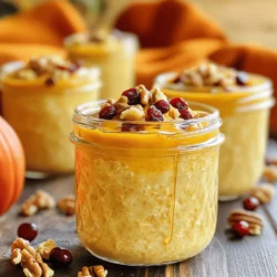 - 1 cup rolled oats - 1 cup almond milk (or any milk of choice) - ½ cup canned pumpkin puree - 1 tablespoon chia seeds - 1 tablespoon maple syrup - 1 teaspoon pumpkin spice mix - ¼ teaspoon vanilla extract - Pinch of salt - Optional toppings: chopped nuts, dried cranberries, yogurt, or additional maple syrup You can use different types of milk. Oat milk, soy milk, or coconut milk all work well. If you want a sweetener, try honey or agave nectar. For spice blends, mix cinnamon, nutmeg, and ginger for a tasty twist. Rolled oats are rich in fiber. They help with digestion and keep you full. Pumpkin is great for your skin and packed with vitamins. Chia seeds add extra fiber and healthy fats. They also help with hydration as they absorb liquid. This dish is not only tasty but also good for your body. You will feel great after eating it! - Combine all ingredients in a bowl. - Stir until creamy consistency is achieved. For this recipe, I first take a medium bowl and add rolled oats, almond milk, and pumpkin puree. Next, I mix in chia seeds, maple syrup, pumpkin spice, vanilla extract, and a pinch of salt. The fun part is stirring it all together. I make sure everything blends well. You want a smooth and creamy texture. - Transfer to jars or containers. - Refrigerate overnight. Once the mixture is ready, I divide it into jars or containers with lids. I leave a little space at the top for toppings later. Then, I seal the jars and place them in the fridge overnight. This helps the oats soak up the flavors and get soft. - How to add toppings. - Recommendations for serving. In the morning, I stir the oats again to mix things up. Then, I love to add toppings for extra flavor. Chopped nuts, dried cranberries, and yogurt work great. A drizzle of maple syrup makes it even sweeter. You can enjoy your pumpkin spice overnight oats cold or heat them up in the microwave. They are a delicious and easy way to start the day! For the full recipe, check out the section above. You can prepare pumpkin spice overnight oats in advance. This dish is great for busy mornings. Best practices for meal prep include making a few jars at once. You can store them in the fridge for up to five days. This way, you always have a healthy meal ready to go. To get the right texture, adjust the liquid amounts. If you like thicker oats, use less almond milk. For creamier oats, add a splash more milk. You can also add a bit of yogurt to make them extra smooth. To make your oats even better, try adding nuts or fruits. Walnuts, pecans, or sliced bananas work well. You can also mix in different spices. Try adding a bit of nutmeg or cardamom for a twist. This keeps your oats exciting and full of flavor. You can find the full recipe for these delicious oats above. {{image_2}} You can mix things up with your pumpkin spice overnight oats. - Chocolate pumpkin spice oats: Add 2 tablespoons of cocoa powder. This gives a rich taste. The chocolate pairs well with pumpkin spice. It’s a fun twist you will love. - Apple cinnamon variation: Swap the pumpkin for ½ cup of unsweetened applesauce. Add 1 teaspoon of cinnamon. This creates a warm, cozy flavor. It’s perfect for fall mornings. You can adjust the recipe to fit your needs. - Vegan and gluten-free options: Use almond milk or oat milk for a vegan choice. Ensure the oats are certified gluten-free. This way, everyone can enjoy this dish. - Low-sugar alternatives: Replace maple syrup with stevia or erythritol. This helps cut sugar without losing taste. Adjust the amount to suit your sweetness level. Make your oats reflect the season with simple changes. - Using seasonal fruits as toppings: In spring, try fresh berries. In summer, use sliced peaches or cherries. In winter, top with pomegranate or oranges. Each season brings new flavors. - Adjusting spices with the seasons: Use nutmeg and cinnamon in fall. In spring, try cardamom or ginger. Changing spices keeps your oats exciting and fresh. For the complete recipe, check out the Full Recipe. To keep your pumpkin spice overnight oats fresh, use airtight containers. Glass jars work well because they don’t absorb flavors. You can also use plastic containers with tight lids. Store them in the fridge right after making them. This keeps them cool and tasty. You can freeze overnight oats if you want to make them last longer. To freeze, place the oats in freezer-safe containers. Leave some space at the top for expansion. When you want to eat them, take the oats out and let them thaw overnight in the fridge. This way, they stay creamy and delicious. In the fridge, pumpkin spice overnight oats last for about three to five days. If you see any mold or off smells, it's best to toss them. Fresh oats will smell sweet and pumpkiny, so trust your senses. Enjoy them while they are at their best! To prepare pumpkin spice overnight oats, follow these simple steps: 1. Gather your ingredients: rolled oats, almond milk, pumpkin puree, chia seeds, maple syrup, pumpkin spice, vanilla, and salt. 2. In a bowl, mix the rolled oats and almond milk. 3. Add the pumpkin puree, chia seeds, maple syrup, pumpkin spice, vanilla, and salt to the bowl. 4. Stir until everything combines into a creamy mix. 5. Pour the mixture into jars or containers, leaving space for toppings. 6. Seal the jars and put them in the fridge overnight. 7. When you are ready to eat, stir and add your favorite toppings. This method makes it easy to enjoy a tasty breakfast. For the full recipe, check out the details above. Yes, you can use water instead of milk. However, using water may make the oats less creamy. Milk adds richness and flavor. You can also try different types of milk. Almond milk, soy milk, or oat milk are great choices. They can give your oats a unique taste. Just remember, if you use water, you may want to add more flavor with extra spices or sweeteners. Soaking the oats is key to the texture. You should soak them for at least four hours. This allows the oats to absorb the liquid. However, soaking overnight gives the best results. The oats will be soft and ready to eat in the morning. If you are short on time, four hours will still work. Just plan ahead to enjoy a delicious breakfast! Pumpkin spice overnight oats are simple and fun to make. You need just a few ingredients, easy steps, and simple storage tips. I shared different variations and substitutes that keep your oats tasty. Plus, I highlighted their health benefits. Feel free to explore flavors and tweak recipes to fit your taste. Enjoying these oats can be a delicious way to mix breakfast and nutrition. Now, go ahead and get creative with your pumpkin spice overnight oats!
