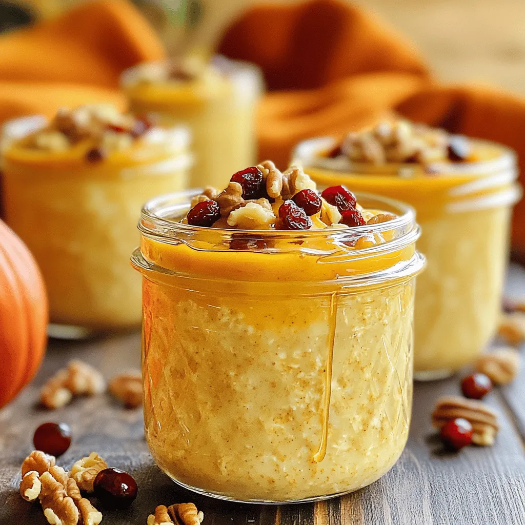 - 1 cup rolled oats - 1 cup almond milk (or any milk of choice) - ½ cup canned pumpkin puree - 1 tablespoon chia seeds - 1 tablespoon maple syrup - 1 teaspoon pumpkin spice mix - ¼ teaspoon vanilla extract - Pinch of salt - Optional toppings: chopped nuts, dried cranberries, yogurt, or additional maple syrup You can use different types of milk. Oat milk, soy milk, or coconut milk all work well. If you want a sweetener, try honey or agave nectar. For spice blends, mix cinnamon, nutmeg, and ginger for a tasty twist. Rolled oats are rich in fiber. They help with digestion and keep you full. Pumpkin is great for your skin and packed with vitamins. Chia seeds add extra fiber and healthy fats. They also help with hydration as they absorb liquid. This dish is not only tasty but also good for your body. You will feel great after eating it! - Combine all ingredients in a bowl. - Stir until creamy consistency is achieved. For this recipe, I first take a medium bowl and add rolled oats, almond milk, and pumpkin puree. Next, I mix in chia seeds, maple syrup, pumpkin spice, vanilla extract, and a pinch of salt. The fun part is stirring it all together. I make sure everything blends well. You want a smooth and creamy texture. - Transfer to jars or containers. - Refrigerate overnight. Once the mixture is ready, I divide it into jars or containers with lids. I leave a little space at the top for toppings later. Then, I seal the jars and place them in the fridge overnight. This helps the oats soak up the flavors and get soft. - How to add toppings. - Recommendations for serving. In the morning, I stir the oats again to mix things up. Then, I love to add toppings for extra flavor. Chopped nuts, dried cranberries, and yogurt work great. A drizzle of maple syrup makes it even sweeter. You can enjoy your pumpkin spice overnight oats cold or heat them up in the microwave. They are a delicious and easy way to start the day! For the full recipe, check out the section above. You can prepare pumpkin spice overnight oats in advance. This dish is great for busy mornings. Best practices for meal prep include making a few jars at once. You can store them in the fridge for up to five days. This way, you always have a healthy meal ready to go. To get the right texture, adjust the liquid amounts. If you like thicker oats, use less almond milk. For creamier oats, add a splash more milk. You can also add a bit of yogurt to make them extra smooth. To make your oats even better, try adding nuts or fruits. Walnuts, pecans, or sliced bananas work well. You can also mix in different spices. Try adding a bit of nutmeg or cardamom for a twist. This keeps your oats exciting and full of flavor. You can find the full recipe for these delicious oats above. {{image_2}} You can mix things up with your pumpkin spice overnight oats. - Chocolate pumpkin spice oats: Add 2 tablespoons of cocoa powder. This gives a rich taste. The chocolate pairs well with pumpkin spice. It’s a fun twist you will love. - Apple cinnamon variation: Swap the pumpkin for ½ cup of unsweetened applesauce. Add 1 teaspoon of cinnamon. This creates a warm, cozy flavor. It’s perfect for fall mornings. You can adjust the recipe to fit your needs. - Vegan and gluten-free options: Use almond milk or oat milk for a vegan choice. Ensure the oats are certified gluten-free. This way, everyone can enjoy this dish. - Low-sugar alternatives: Replace maple syrup with stevia or erythritol. This helps cut sugar without losing taste. Adjust the amount to suit your sweetness level. Make your oats reflect the season with simple changes. - Using seasonal fruits as toppings: In spring, try fresh berries. In summer, use sliced peaches or cherries. In winter, top with pomegranate or oranges. Each season brings new flavors. - Adjusting spices with the seasons: Use nutmeg and cinnamon in fall. In spring, try cardamom or ginger. Changing spices keeps your oats exciting and fresh. For the complete recipe, check out the Full Recipe. To keep your pumpkin spice overnight oats fresh, use airtight containers. Glass jars work well because they don’t absorb flavors. You can also use plastic containers with tight lids. Store them in the fridge right after making them. This keeps them cool and tasty. You can freeze overnight oats if you want to make them last longer. To freeze, place the oats in freezer-safe containers. Leave some space at the top for expansion. When you want to eat them, take the oats out and let them thaw overnight in the fridge. This way, they stay creamy and delicious. In the fridge, pumpkin spice overnight oats last for about three to five days. If you see any mold or off smells, it's best to toss them. Fresh oats will smell sweet and pumpkiny, so trust your senses. Enjoy them while they are at their best! To prepare pumpkin spice overnight oats, follow these simple steps: 1. Gather your ingredients: rolled oats, almond milk, pumpkin puree, chia seeds, maple syrup, pumpkin spice, vanilla, and salt. 2. In a bowl, mix the rolled oats and almond milk. 3. Add the pumpkin puree, chia seeds, maple syrup, pumpkin spice, vanilla, and salt to the bowl. 4. Stir until everything combines into a creamy mix. 5. Pour the mixture into jars or containers, leaving space for toppings. 6. Seal the jars and put them in the fridge overnight. 7. When you are ready to eat, stir and add your favorite toppings. This method makes it easy to enjoy a tasty breakfast. For the full recipe, check out the details above. Yes, you can use water instead of milk. However, using water may make the oats less creamy. Milk adds richness and flavor. You can also try different types of milk. Almond milk, soy milk, or oat milk are great choices. They can give your oats a unique taste. Just remember, if you use water, you may want to add more flavor with extra spices or sweeteners. Soaking the oats is key to the texture. You should soak them for at least four hours. This allows the oats to absorb the liquid. However, soaking overnight gives the best results. The oats will be soft and ready to eat in the morning. If you are short on time, four hours will still work. Just plan ahead to enjoy a delicious breakfast! Pumpkin spice overnight oats are simple and fun to make. You need just a few ingredients, easy steps, and simple storage tips. I shared different variations and substitutes that keep your oats tasty. Plus, I highlighted their health benefits. Feel free to explore flavors and tweak recipes to fit your taste. Enjoying these oats can be a delicious way to mix breakfast and nutrition. Now, go ahead and get creative with your pumpkin spice overnight oats!