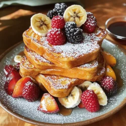 To make Classic French Toast, you need a few key items. Here’s what to gather: - 4 slices of thick brioche or challah bread - 2 large eggs - 1/2 cup milk (whole or almond) - 1 teaspoon vanilla extract - 1/2 teaspoon ground cinnamon - 1 tablespoon sugar (optional) - Butter, for frying - Maple syrup, for serving - Fresh berries or banana slices, for garnish These ingredients create a rich flavor and soft texture. The bread choice makes a big difference. Thick bread holds the egg mix well. Want to mix things up? You can add fun flavors! Try these options: - A pinch of nutmeg for warmth - Chocolate chips for sweetness - A splash of orange juice for zest - Fresh herbs like mint for a twist These add-ins can change the taste and make your French toast special. Feel free to experiment! Serving French toast is part of the fun. Here are some ideas: - Stack the slices high on a plate - Drizzle warm maple syrup on top - Dust with powdered sugar for a sweet touch - Add fresh berries or banana slices for color You can also serve it with whipped cream or yogurt. These toppings make your dish look great and taste even better! You can find the full recipe above for more details. To start, gather all your ingredients. You will need: - 4 slices of thick brioche or challah bread - 2 large eggs - 1/2 cup milk (whole or almond) - 1 teaspoon vanilla extract - 1/2 teaspoon ground cinnamon - 1 tablespoon sugar (optional) - Butter, for frying - Maple syrup, for serving - Fresh berries or banana slices, for garnish In a large bowl, whisk the eggs and milk together. Add the vanilla, cinnamon, and sugar if desired. Mix until smooth. Make sure there are no lumps. Preheat your skillet or griddle over medium heat. Add a pat of butter to coat the surface. Dip each slice of bread into the egg mixture. Ensure both sides are soaked but not too soggy. Let any excess drip off. Place the soaked bread onto the skillet. Cook each slice for 2-3 minutes. Look for a golden brown color. Flip and cook the other side until crispy. Add more butter to the skillet if needed. This helps prevent sticking. When done, remove the French toast from the skillet. Keep it warm while you finish cooking the rest of the slices. To plate your French toast, stack the slices neatly on a plate. Drizzle warm maple syrup over the top. Garnish with fresh berries or banana slices. A sprinkle of powdered sugar gives a nice touch too. For added flair, add a few mint leaves. This makes your dish pop and look inviting. For the full recipe, check the details above. Enjoy your delightful breakfast! For the best French toast, use thick bread. Brioche and challah are top picks. They soak up the egg mixture well and stay soft. Sourdough adds a nice tang. Whole grain bread offers a health boost. Avoid thin or dry bread. It won't hold up during cooking. Spices make a big difference. Ground cinnamon adds warmth. Nutmeg gives a cozy touch. You can also try cardamom for something unique. For toppings, think fresh fruit. Berries or banana slices work great. Drizzle warm maple syrup for sweetness. A sprinkle of powdered sugar looks nice too. Don’t rush the soaking! Ensure each slice is well soaked but not soggy. If the heat is too high, the outside burns while the inside stays raw. Use medium heat for even cooking. Also, don’t skip the butter. It helps achieve that perfect golden crust. Lastly, serve it fresh. It’s best when warm and crisp. For a full recipe, check the Golden Delight French Toast above. {{image_2}} You can play with flavors when making sweet French toast. Here are some ideas: - Nutella Swirl: Spread Nutella on one side of the bread before dipping it in the egg mix. - Fruit Stuffed: Add cream cheese and berries between two slices for a fruity surprise. - Pumpkin Spice: Mix in pumpkin puree and pumpkin spice into your egg mixture for a fall twist. - Chocolate Chip: Sprinkle chocolate chips on the bread while it cooks for a sweet treat. These sweet twists make your breakfast even more fun! Savory French toast is a great way to change things up. Here are some options: - Cheesy Spinach: Add shredded cheese and fresh spinach to the egg mix. - Herbed Tomato: Mix in chopped herbs like basil and tomatoes for a fresh flavor. - Bacon and Egg: Top your French toast with crispy bacon and a fried egg for a hearty meal. - Avocado Toast: Serve with smashed avocado and a sprinkle of salt for a healthy spin. Savory options can be just as delightful as sweet ones! Many cultures have their own versions of French toast. Here are a few to explore: - Spanish Torrija: Made with milk and cinnamon, then soaked and fried. Often served during Easter. - Italian Pane Dolce: Sweetened with sugar and flavored with citrus zest, served with syrup. - Mexican Caprese: Topped with cheese and fresh salsa for a spicy kick. - Korean French Toast: Stuffed with sweet red bean paste, offering a unique flavor. These variations show how French toast can fit into any meal! Once you finish your meal, it's key to store any leftover French toast properly. Place the cooled slices in an airtight container. This keeps them fresh and prevents them from drying out. You can store them in the fridge for up to three days. If you want to keep them longer, consider freezing. When it's time to enjoy your leftover French toast, reheating is simple. You can use a toaster, oven, or skillet. For the toaster, pop in a slice until it’s warm. If you use the oven, preheat it to 350°F. Place the slices on a baking sheet and heat for about 10 minutes. This method keeps the toast crispy. If you choose the skillet, heat it on low and flip the slices to warm them evenly. Freezing French toast is a great way to save food. After cooking, let the slices cool completely. Then, lay them flat on a baking sheet and freeze for about an hour. Once frozen, stack the slices in a freezer bag or container. Make sure to remove as much air as possible. You can freeze them for up to two months. When you’re ready to eat, just reheat as mentioned above for a quick meal. For the full recipe, see the earlier section! The best bread for French toast is thick brioche or challah. These breads soak up the egg mix well. They also get a nice crispy outside while staying soft inside. You can use other breads, like sourdough or Texas toast, but brioche and challah give the best results. Yes, you can make Classic French Toast dairy-free. Use almond milk or oat milk instead of regular milk. This keeps the taste great while making it safe for those who cannot have dairy. Just follow the same steps in the recipe for the best results. You can prepare French toast in advance by making it the night before. Cook the French toast, then let it cool. Place it in a container and store it in the fridge. In the morning, you can heat it up in the oven or on a skillet. This makes breakfast easy and quick. For full recipe details, check out the Golden Delight French Toast section. You now have a complete guide to making classic French toast. We covered the main ingredients, including fun variations and serving ideas. The step-by-step instructions make cooking easy. Remember to choose the best bread and avoid common mistakes for the best results. From sweet to savory, French toast can fit any taste. And don’t forget about how to store or reheat leftovers for later. Enjoy creating your perfect French toast dish that will delight everyone!